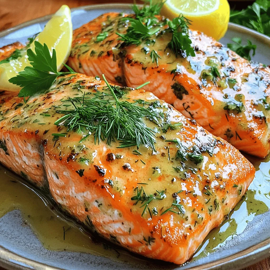 - 4 skin-on salmon fillets (approximately 6 ounces each) - 4 tablespoons unsalted butter - 4 cloves garlic, finely minced - 1 tablespoon fresh parsley, finely chopped - 1 tablespoon fresh dill, finely chopped - 1 teaspoon lemon zest (freshly grated) - Salt and freshly ground black pepper to taste - Lemon wedges, for serving - Oven-safe skillet - Small saucepan - Measuring spoons The right ingredients make all the difference in this dish. You'll want fresh salmon that shines when cooked. Skin-on fillets add flavor and keep the fish moist. For the garlic butter mix, unsalted butter gives you control over the salt. Fresh herbs like parsley and dill bring life and a burst of flavor. Don’t forget the lemon zest; it adds a bright touch. For seasoning, salt and pepper are key. They enhance the salmon's natural taste. Lemon wedges are a nice touch for serving. When you squeeze fresh lemon juice on the salmon, it wakes up all the flavors. Gather these items before you start cooking. Having everything ready makes the process smooth and fun. You can find the full recipe detailing how to put this all together. - Preheat the oven to 400°F (200°C). - In a small saucepan, melt 4 tablespoons of unsalted butter over medium heat. - Add 4 cloves of minced garlic. Stir the garlic for about one minute. - Mix in 1 tablespoon of chopped parsley, 1 tablespoon of chopped dill, and 1 teaspoon of lemon zest. - Remove the garlic butter mixture from heat and set it aside. - Season both sides of 4 salmon fillets with salt and pepper. - Heat a drizzle of olive oil in an oven-safe skillet over medium-high heat. - Place the salmon skin-side down in the skillet. Cook for about 4 minutes. - Flip the salmon so the flesh side is facing down. - Pour the garlic herb butter over the salmon. Make sure each piece is covered. - Transfer the skillet to the preheated oven. Bake for 8 to 10 minutes. - The salmon is done when it flakes easily with a fork. - Drizzle any remaining garlic butter from the skillet over the salmon before serving. For the full recipe, check out [Full Recipe]. Enjoy your cooking! To get crispy skin on salmon, start with dry fillets. Pat them with a paper towel. When cooking, heat the oil until it shimmers. Place the salmon skin-side down in the pan. Cook it without moving for about four minutes. This lets the skin crisp up nicely. To keep salmon moist, avoid overcooking. Salmon is done when it flakes easily with a fork. Using a meat thermometer can help. Aim for 125°F (52°C) for medium-rare. Also, pour the garlic butter over the fillets before baking. This keeps the fish juicy and adds flavor. You can boost the flavor with other herbs and spices. Try thyme, oregano, or even a pinch of chili flakes for heat. Lemon zest adds brightness, but lime works great too. Fresh herbs like basil or tarragon can switch things up. For side dishes, consider roasted vegetables or garlic mashed potatoes. A fresh salad with vinaigrette pairs well too. Other options like quinoa or rice provide a healthy base. For a stunning dish, use warm plates. Place the salmon in the center and drizzle with leftover garlic butter. Garnish with fresh herbs and a lemon wedge. This makes the plate pop and looks inviting. Wines that pair well include a crisp Sauvignon Blanc or a light Pinot Noir. These wines enhance the flavors without overpowering the dish. Enjoy your meal with friends or family for a delightful evening. {{image_4}} You can swap salmon for other fish. Try using trout or cod for a change. If you like seafood, shrimp works great too. Each fish gives a different taste and texture. For herbs, you can mix things up! Basil or thyme adds a nice twist. If you want spice, consider adding red pepper flakes. This will give your dish a kick. You can also try parsley with cilantro for a fresh taste. To make this dish dairy-free, use olive oil instead of butter. This keeps the flavor rich and smooth. For gluten-free, this recipe is already safe! Just ensure all your spices are gluten-free. If you want it low-calorie, cut back on the butter. You could use just two tablespoons instead of four. Pair it with lots of veggies for a balanced meal. Grilling is a great option for salmon. Brush the fillets with oil and season them. Grill skin-side down for about six to eight minutes. This gives a smoky flavor and crispy skin. You can also pan-sear the salmon. Heat oil in a skillet, cook skin-side down for four minutes, then flip. This method makes the salmon crispy yet tender. For a slow-cooker option, place the salmon in the cooker with garlic and herbs. Cook on low for two hours. This makes it very tender and full of flavor. You can serve it over rice or with a side salad. For the full recipe, refer to the section above. To store leftovers, place them in an airtight container. This helps keep the salmon fresh. Use glass or plastic containers with tight lids. Try to eat leftovers within two days for the best taste. If you want to save it longer, consider freezing. To reheat salmon, use low heat to avoid drying it out. Preheat your oven to 275°F (135°C). Place the salmon on a baking sheet and cover it with foil. Heat for about 15 minutes. Check it often to make sure it stays moist. You can also use a microwave. Heat it in 30-second bursts, checking in between. This will help keep it tender. To freeze garlic butter herb salmon, let it cool completely. Wrap each fillet in plastic wrap, then in foil. This gives it extra protection from freezer burn. Place the wrapped salmon in a freezer bag. Label the bag with the date. You can freeze it for up to three months. To thaw, move the salmon to the fridge for about eight hours. Once thawed, cook it right away to keep it fresh. You can bake it directly from frozen, but it will take longer to cook. What is the best type of salmon for this recipe? The best type of salmon for this recipe is wild-caught salmon. It has a rich flavor and firm texture. Sockeye and King salmon are great choices. They hold up well to cooking and absorb flavors nicely. Farmed salmon can work too, but it may be less flavorful. Can I substitute fresh herbs with dried herbs? Yes, you can use dried herbs instead of fresh. Use one-third the amount since dried herbs are more potent. For this recipe, if it calls for one tablespoon of fresh parsley, use one teaspoon of dried parsley. The flavor will still be good, but fresh herbs add a bright taste. What to do if the salmon isn't cooking evenly? If your salmon isn’t cooking evenly, check your heat. Adjust the pan on the burner. If one side is cooking faster, rotate the pan halfway through cooking. Use a meat thermometer to check doneness. The center should reach 145°F (63°C). How to know when salmon is fully cooked? You can tell salmon is fully cooked when it flakes easily with a fork. The flesh should be opaque, not translucent. If you have a meat thermometer, check it at the thickest part. It should read 145°F (63°C). How to avoid overcooking salmon. To avoid overcooking salmon, monitor the time closely. Use a timer and check it a few minutes early. Salmon cooks fast, so keep an eye on it. Another tip is to take it out of the oven just before it’s fully done. The residual heat will finish cooking it. Can I use salted butter instead of unsalted? Yes, you can use salted butter, but you may want to adjust the salt in the recipe. Start with less salt in the garlic butter mixture. Taste it before adding more. This way, you keep the flavor balanced. This article covered how to make delicious garlic butter herb salmon. I've shared the main ingredients, cooking steps, and helpful tips. Remember to choose the right salmon and adjust flavors as you like. Feel free to store leftovers properly or try different cooking methods. With these details, you can prepare a tasty meal that impresses everyone. Enjoy making this dish your own!