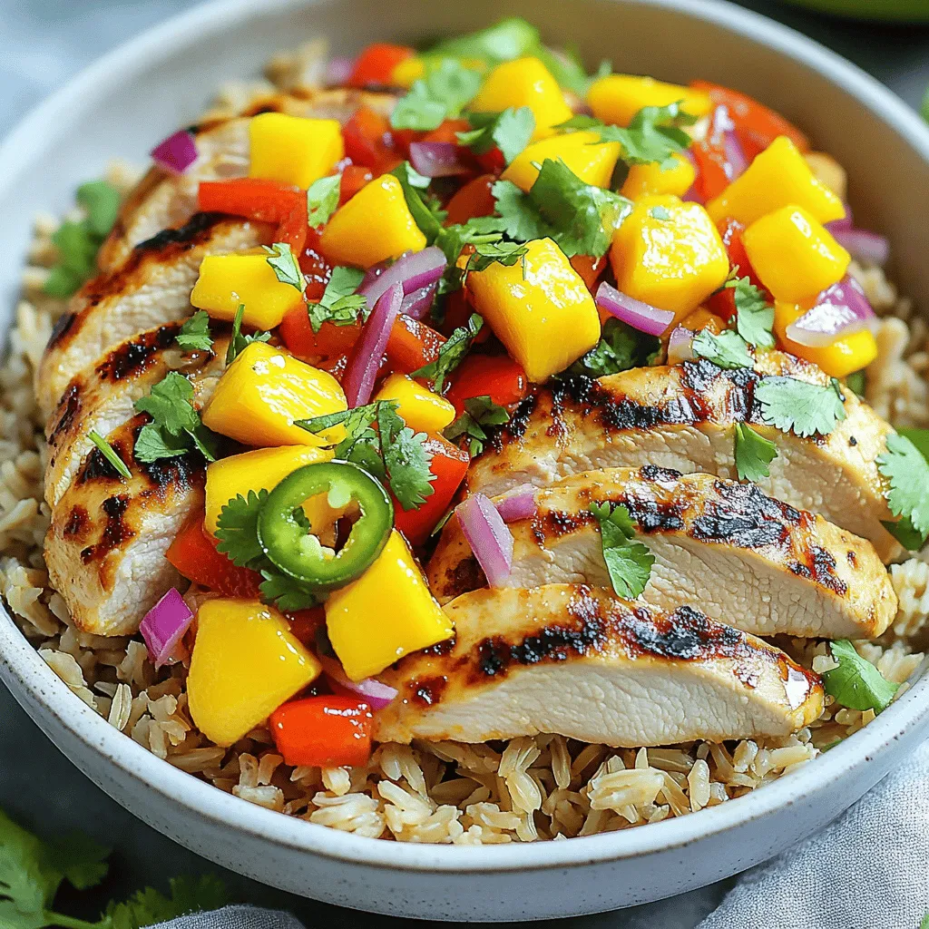 To make Spicy Mango Chicken Bowls, you need fresh and vibrant ingredients that bring flavor and nutrition. Here’s what you'll need: - 2 boneless, skinless chicken breasts - 1 ripe mango, diced - 1 cup cooked brown rice - 1 red bell pepper, thinly sliced - 1 small red onion, finely chopped - 1 jalapeño, minced - 2 tablespoons extra virgin olive oil - 2 tablespoons fresh lime juice - 1 tablespoon honey - 1 teaspoon ground cumin - 1 teaspoon smoked paprika - Salt and black pepper to taste - Fresh cilantro leaves for garnish Each ingredient plays a key role. The chicken provides protein, while the mango adds sweetness and a tropical touch. Brown rice gives a hearty base, and the veggies add crunch and color. The spices bring warmth and depth. This combination creates a balanced meal that’s not only tasty but also pleasing to the eye. When choosing your mango, look for one that is slightly soft to the touch. This means it's ripe and ready to use. The jalapeño gives the dish its spicy kick. If you prefer less heat, feel free to use less or even omit it. For the best results, use high-quality olive oil and fresh lime juice. These ingredients enhance the dish's overall flavor. You can find the full recipe with cooking instructions to create this delightful meal. Start by whisking together the olive oil, lime juice, honey, cumin, smoked paprika, salt, and pepper. This mix will create a tasty marinade. Once blended, take your chicken breasts and coat them well in the marinade. Cover the bowl and put it in the fridge for at least 30 minutes. This step helps the chicken soak up all those great flavors. Next, preheat your grill or skillet to medium heat. When it's hot, take the chicken out of the marinade. Let any extra marinade drip off. Grill the chicken for about 6 to 7 minutes on each side. You'll know it's done when it reaches an internal temp of 165°F. After cooking, let the chicken rest for 5 minutes before slicing it into strips. While the chicken rests, heat a teaspoon of olive oil in a sauté pan over medium heat. Add in the chopped red onion, sliced red bell pepper, and minced jalapeño. Sauté these until they soften, about 5 to 7 minutes. Stir often to keep them from burning. This mix will add nice colors and flavors to your bowls. Now it's time to build your bowls! Start with a big scoop of warm cooked brown rice at the bottom. Next, neatly arrange the sliced grilled chicken over the rice. Then, add the sautéed veggies. Finally, sprinkle the diced mango on top for a sweet finish. This combination creates a beautiful and tasty dish. To make your bowls pop, scatter fresh cilantro leaves on top before serving. This adds a bright touch and enhances the flavor. Serve the bowls warm, and let everyone mix in the ingredients. Enjoy this fun and fresh meal! For the complete recipe, you can refer to the Full Recipe. To ensure your chicken is juicy and safe to eat, check for doneness. Use a meat thermometer to get an exact reading. The chicken should reach an internal temperature of 165°F (75°C). Cut through the thickest part to see if the juices run clear. If they are pink, it needs more time. Rest the chicken for about 5 minutes after cooking. This helps keep it moist. Want to boost the flavor of your spicy mango chicken bowls? Try adding a pinch of cayenne pepper for more heat. You can also mix in garlic powder or onion powder for extra depth. Fresh ginger adds a nice zing too! For a sweet twist, consider adding a splash of orange juice to the marinade. These ideas can elevate your dish and make it even more exciting. Need to speed up your cooking? Start by cutting the chicken into smaller strips before marinating. This reduces marinating time and helps it cook faster. Also, use a wide pan when cooking vegetables. This increases the surface area and allows them to cook evenly and quickly. If you are in a real hurry, consider using pre-cooked chicken or store-bought grilled chicken. It saves time and still tastes great! For the full recipe, check out the Spicy Mango Chicken Bowls 🥭 recipe. {{image_4}} You can switch up the protein in this dish. Try shrimp for a quick cook. Tofu is a great option for a plant-based meal. Turkey gives you a leaner choice that still tastes great. Each protein brings its own flavor and texture to the bowl. If you want to change the base, consider quinoa. It’s high in protein and very filling. Cauliflower rice is a low-carb option that adds a nice crunch. Jasmine rice offers a fragrant touch and pairs well with the mango. You can play with the sauce to change flavors. A sweet chili sauce adds a fun twist. Teriyaki sauce brings a savory touch that goes well with mango. For a spicy kick, try a sriracha-based sauce. Each option can make your bowl unique. For the full recipe, check out the Spicy Mango Chicken Bowls 🥭. Store your Spicy Mango Chicken Bowls in airtight containers. Glass or plastic containers work well. Make sure to let the dish cool down before sealing it. This helps keep moisture out. For best taste, eat the leftovers within three days. If you want to keep it longer, it's best to freeze. To freeze your spicy chicken bowls, first, let the dish cool completely. Then, separate the chicken, rice, and veggies into portions. Use freezer-safe bags or containers. Squeeze out excess air before sealing them. Label each bag with the date. This way, you can enjoy them for up to three months. For reheating, use the microwave for quick results. Place the bowl in the microwave and cover it loosely. Heat for 1-2 minutes or until hot. You can also reheat on the stove. Add a splash of water to keep the rice moist. Heat over medium-low until warmed through. Enjoy your meal just like fresh! Yes, you can prepare Spicy Mango Chicken Bowls in advance. Marinate the chicken and store it in the fridge for up to 24 hours. You can also chop the veggies and keep them in an airtight container. The brown rice can be cooked ahead and reheated later. Just assemble the bowls right before serving for the best taste and texture. If you don’t have mango, don’t worry! You can use pineapple for a sweet twist. Peaches or nectarines can also work well. For a different flavor, try diced kiwi or even apple for crunch. Each fruit adds its own unique taste while keeping the dish fresh. The heat level in this dish comes from the jalapeño. If you enjoy mild flavors, remove the seeds and membrane from the jalapeño. This will reduce the heat. For extra spice, leave the seeds in or add a pinch of red pepper flakes. Adjust it to your liking! You can use frozen chicken, but it requires some extra care. Thaw the chicken completely in the fridge before marinating. This ensures even flavor and cooking. If you cook it straight from frozen, it may not marinate well and could take longer to cook. Always check that it's fully cooked to 165°F (75°C). In this blog post, we explored how to make a fresh and tasty Spicy Mango Chicken Bowl. You learned about all the ingredients, step-by-step cooking instructions, and tips for success. Remember, you can customize this dish with different proteins, rice options, and sauces. Storing leftovers properly keeps them fresh for later meals. This recipe is easy and fun to make, perfect for any weeknight dinner. Enjoy cooking and experimenting with flavors!