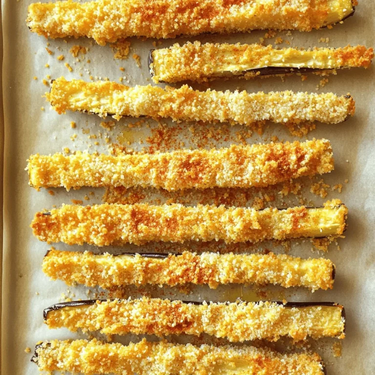 The ingredients for crispy baked eggplant fries are simple yet delightful. Here is what you will need: - 1 large eggplant - 1 cup breadcrumbs (preferably panko for that irresistible crunch) - ½ cup grated Parmesan cheese (optional, for an extra layer of flavor) - 2 large eggs - 1 teaspoon garlic powder - 1 teaspoon onion powder - 1 teaspoon smoked paprika - Salt and pepper, to taste - Cooking spray or a drizzle of olive oil Each ingredient adds its own charm to the dish. The eggplant serves as the base, giving the fries their unique texture. Panko breadcrumbs ensure each fry gets that crispiness we all crave. The Parmesan cheese, if you choose to include it, adds a rich depth of flavor that pairs wonderfully with the spices. The spices are key for flavor. Garlic powder gives a savory note, while onion powder adds sweetness. Smoked paprika brings a hint of smokiness, making these fries truly special. Finally, a sprinkle of salt and pepper enhances all these flavors, ensuring a well-balanced snack. You can find the full recipe in the next section, but remember: the key to great eggplant fries lies in the quality of your ingredients and how you prepare them. Enjoy the process, and your fries will surely impress! First, set your oven to 425°F (220°C). This high heat helps make the fries crispy. Next, line a baking sheet with parchment paper. This keeps the fries from sticking and helps them cook evenly. Now, take your large eggplant and cut it into long strips. Aim for about 1/4 inch thick. Uniform strips cook better and help avoid soggy fries. In a small bowl, whisk two large eggs. Make sure they are well beaten. In another bowl, mix one cup of breadcrumbs with garlic powder, onion powder, smoked paprika, salt, and pepper. This will be your tasty coating. Take each eggplant strip and dip it into the eggs. Let any extra egg drip back into the bowl. Next, roll the strip in the breadcrumb mixture. Press gently to ensure it sticks well. Place the coated eggplant fries on the baking sheet. Make sure the strips do not overlap. This is key to getting them crispy. Now, pop the baking sheet into your preheated oven. Bake for 20-25 minutes. Flip the fries halfway through to get an even, golden brown color. You'll know they are done when they look crispy and delicious. For the complete experience, don’t forget to check out the Full Recipe! To get the best crispiness, cut your eggplant into uniform strips. This helps them bake evenly. If the pieces are not the same size, some will cook too fast, while others stay soggy. Use cooking spray or a drizzle of olive oil to boost that crunch. This little bit of fat helps the breading brown and crisp up nicely. Pair your crispy eggplant fries with tasty dips. Marinara is a classic choice. It gives a sweet and tangy contrast. Tzatziki adds a cool, refreshing touch. For a kick, try spicy aioli. These sauces not only complement the fries but also add fun flavors to each bite. If you have an air fryer, use it! It cooks the fries quickly while keeping them crispy. Set it to 400°F for about 15 minutes, flipping halfway. If you prefer frying, heat oil in a pan. Fry the coated strips for 2-3 minutes on each side until golden. Just watch them closely to avoid burning. For the full recipe, check the earlier section. {{image_4}} You can change the flavor of your eggplant fries with different spices. Try using Italian herbs like oregano and basil for a classic taste. You might also enjoy a spicy kick by adding cayenne pepper or chili powder. For a smoky flavor, increase the smoked paprika. Experiment with your favorite spices to find what you love best. If you want a non-dairy option, try nutritional yeast. It adds a cheesy flavor without dairy. You can also use vegan cheese shreds that melt well. If you like cheese, consider using mozzarella or provolone for a gooey texture. Cheddar can give a sharp taste that pairs well with the eggplant. These crispy fries make great appetizers. Serve them with a variety of dipping sauces like marinara or ranch. You can also toss them into salads for a crunchy texture. Pair them with roasted vegetables for a hearty meal. You could even layer them in a sandwich for a fun twist on a classic. For the full recipe, check out the Crispy Baked Eggplant Fries section. To store your leftover eggplant fries, place them in an airtight container. Make sure they cool down before sealing. This helps keep them fresh. You can store them in the fridge for up to three days. After that, they may lose their crispiness and flavor. If you want to save your fries for later, freezing is a great option. First, let the fries cool completely. Then, lay them out in a single layer on a baking sheet. Freeze them for about one hour. Once frozen, transfer them to a freezer bag, removing as much air as possible. They can last for up to three months in the freezer. When you’re ready to eat, you can reheat them directly from the freezer. For the best results, use an oven to reheat your eggplant fries. Preheat the oven to 400°F (200°C). Place the fries on a baking sheet and bake for about 10-15 minutes. This method keeps them crispy. You can also use a microwave, but this may make them soft. If you choose the microwave, reheat them for about 1-2 minutes. If you want to keep them crispy, the oven is the way to go. Try these storage tips to keep your crispy baked eggplant fries tasty and crunchy! For the full recipe, check out the [Full Recipe]. To make eggplant fries crispy, focus on the breading technique. First, cut your eggplant into uniform strips. This helps them cook evenly. Next, set up your dipping stations: one for beaten eggs and another for your breadcrumb mix. When you dip the eggplant, let excess egg drip off. Then, coat it well with breadcrumbs. Press down gently for better adhesion. Arrange the fries on a baking sheet without overlapping. This helps them crisp up. A light spray of cooking oil also adds to the crunch. Bake them at 425°F for 20-25 minutes, flipping halfway through. You can use frozen eggplant, but fresh is best. Frozen eggplant may lose some texture. If using frozen, thaw it first. Pat it dry to remove excess moisture. This helps achieve a crispier fry. Fresh eggplant has a firmer texture and holds up well when baked. If you can, go for fresh for the best results. Eggplant is low in calories and high in fiber. It contains vitamins like B1, B6, and K. Eggplant is also rich in antioxidants, which can help protect your cells. The fiber aids digestion and keeps you feeling full. This makes it a healthy choice for snacks or meals. Plus, its unique flavor adds depth to many dishes. Yes, you can make this recipe gluten-free! Use gluten-free breadcrumbs instead of regular ones. Many brands offer great options that still give that crunch. You can also use crushed gluten-free crackers or cornmeal. These alternatives can add a unique flavor and texture. Always check labels to ensure they are truly gluten-free. Enjoy your crispy baked eggplant fries without worry! Eggplant fries are simple and fun to make. You learned about key ingredients, step-by-step instructions, and helpful tips. Use uniform strips and dust with breadcrumbs for crunch. Enjoy different seasoning options and serving styles. Store leftovers properly to keep them fresh. Follow our guide to ensure crispy reheating. You can easily customize these fries to fit your taste. Get creative and make this dish unique! Enjoy your cooking journey with delicious eggplant fries.