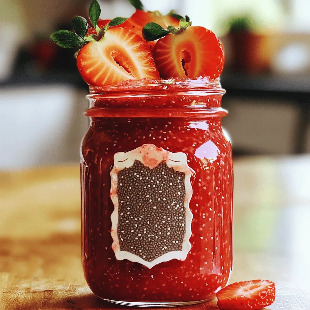 To make this tasty jam, you need a few key items: - 2 cups fresh strawberries, hulled and roughly chopped - Honey or maple syrup, to taste - 2 tablespoons chia seeds These ingredients create a sweet and healthy spread. Fresh strawberries bring vibrant flavor, while chia seeds help thicken the jam. You can customize your jam with these optional items: - Additional sweeteners, like agave or stevia - Flavor enhancers, such as vanilla extract or a pinch of cinnamon These extras let you adjust the taste to your liking. You can make it sweeter or add a hint of spice. Strawberries offer many health perks. They are low in calories and high in vitamins. They contain vitamin C, which helps boost your immune system. Plus, they have antioxidants that protect your cells. Chia seeds are tiny but mighty. They are rich in fiber and protein. These seeds also provide omega-3 fatty acids, good for heart health. Adding chia seeds makes your jam not only tasty but also nutritious. With the Full Recipe, you can enjoy this healthy delight in no time! First, let's prepare the strawberries. You need 2 cups of fresh strawberries. Start by hulling them and chopping them into small pieces. This helps release their juicy flavor. Next, measure the other ingredients. You will need 2 tablespoons of honey or maple syrup, 2 tablespoons of chia seeds, 1 tablespoon of lemon juice, and a pinch of salt. Having everything ready makes cooking easier. Now, it's time to cook. Place the chopped strawberries and honey (or maple syrup) in a medium-sized saucepan. Heat them over medium heat. Stir gently. You want the strawberries to soften and release juice. Once it bubbles, reduce the heat to medium-low. Let it simmer for about 5 to 7 minutes. The strawberries should be tender and the mixture thickened slightly. After simmering, carefully remove the pan from the heat. Stir in the chia seeds, lemon juice, and a pinch of salt. Mix well to spread the chia seeds throughout the fruity goodness. Now, let the jam cool. Allow it to sit at room temperature for about 15 minutes. This helps the jam thicken even more. Once it's cooled, transfer the jam to a clean jar. Seal it tightly. Store it in the refrigerator. Enjoy this delicious jam for up to two weeks! For the full recipe, check out the details above. To get the best texture for your Strawberry Chia Seed Jam, you can adjust the sweetness. Start with the honey or maple syrup. Taste as you go. You can always add more if you like it sweeter. If you prefer a thicker jam, add a bit more chia seeds. For a thinner jam, use less chia. This simple tweak can change your jam game! Adding spices can really boost the flavor. A pinch of cinnamon or nutmeg gives it warmth. You can also try other fruits. Mix in blueberries or raspberries for a fun twist. Each fruit brings its own taste. Experiment and find your favorite combo! Presentation is key to enjoying your jam. Use charming jars and pretty labels. You can write the date or a sweet note on the label. For serving, try it on toasted bread or with yogurt. It also makes a nice topping for desserts. Add fresh strawberry slices on top for a pop of color. Your jam will not only taste good but look great too! {{image_4}} You can play with flavors in your jam. Mixed berry jam is a fun twist. Just blend strawberries, blueberries, and raspberries. This mix gives a burst of flavor and color. You can also try peach chia seed jam. Use ripe peaches to create a sweet and tangy spread. Both options add variety to your breakfast or snacks. Want to skip sugar? You can use sugar alternatives. Stevia or erythritol works well in this jam. They add sweetness without the extra calories. Natural sweeteners, like agave syrup, are also great. Just adjust the amount based on your taste preference. These swaps let you enjoy jam without the guilt. Chia seed jam isn't just for breakfast! You can make savory jams too. Try adding herbs like basil or thyme. These flavors mix well with tomatoes or roasted peppers. Pairing your jam with cheeses creates a unique snack. A creamy goat cheese with a fruity jam is a perfect match. These ideas will impress your guests and spark creativity in your kitchen. To keep your jam fresh, store it in the fridge. Use a clean glass jar with a tight lid. This helps keep air out and prevents spoilage. Always use a clean spoon when scooping out jam. This avoids adding bacteria to the jar. Your homemade jam lasts about two weeks in the fridge. Look for signs of spoilage. If you see mold or notice an off smell, it’s best to toss it out. Freshness is key to a tasty jam. You can freeze your jam for longer storage. Use an airtight container or freezer-safe jar. Leave a little space at the top, as the jam expands when frozen. To use frozen jam, move it to the fridge overnight or set it out for a few hours to thaw. Enjoy it on toast or in yogurt! For the full recipe, check out the details above. Homemade chia seed jam lasts about two weeks in the fridge. Store it in a clean jar with a tight lid. If you want to keep it longer, freeze the jam. In the freezer, it can last up to six months. Just make sure to use a freezer-safe jar. Yes, you can use frozen strawberries! Just thaw them first. This may change the texture slightly. When using frozen fruit, you might want to reduce the cooking time. Keep an eye on the mixture while it cooks to avoid burning. Chia seed jam is very healthy! It has less sugar than regular jam. Chia seeds add fiber, protein, and omega-3 fatty acids. Regular jam often has added sugars and preservatives. This makes chia seed jam a better choice for your health. You can serve this jam in many ways. Spread it on toast for breakfast. Mix it into yogurt for a sweet snack. It also works well on pancakes or waffles. Use it as a topping for desserts like ice cream or cheesecake. Enjoy it however you like! For the full recipe, check the section above. In this post, I shared how to make strawberry chia seed jam. We covered key ingredients like fresh strawberries, chia seeds, and sweeteners. I detailed the preparation, cooking, and storing steps to ensure your jam turns out great. You learned useful tips for texture, flavor, and presentation, plus variations for different tastes. Keep this jam in the fridge for freshness, or freeze it for later use. With these insights, you can enjoy a healthy and tasty treat in no time. Happy jam making!