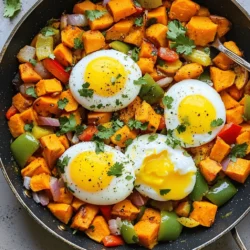 - 2 medium sweet potatoes, peeled and cut into 1/2-inch dice - 1 red bell pepper, diced - 1 green bell pepper, diced - 1 small red onion, diced - 4 large eggs Sweet potatoes are the star of this dish. They bring natural sweetness and nutrition. I love how they soften and caramelize when cooked. Bell peppers and onions add color and crunch. These veggies enhance the flavor and make the dish more vibrant. Eggs provide protein and richness. They create a wonderful contrast with the sweet potatoes. - 1 teaspoon smoked paprika - 1/2 teaspoon ground cumin - Sea salt and freshly cracked black pepper, to taste Seasoning is key for flavor. Smoked paprika adds a nice smoky note. Ground cumin brings warmth and earthiness. Salt and pepper are essential for balance. Seasoning the vegetables well enhances their natural taste. - Fresh cilantro or parsley, chopped for garnish (optional) - Additional toppings, like avocado or chili flakes Fresh herbs can brighten the dish. I often sprinkle cilantro or parsley to add freshness. You can also add toppings for extra flavor. Sliced avocado or a sprinkle of chili flakes can bring more life to your meal. For the full recipe, check out the Sweet Potato Breakfast Hash. To start, heat the extra virgin olive oil in a large skillet over medium heat. Once the oil is hot, add the diced sweet potatoes. These will be the base of your breakfast hash. Season them with sea salt, cracked black pepper, smoked paprika, and ground cumin. Stir often for about 10 to 12 minutes. You want the sweet potatoes to be fork-tender and slightly crispy on the outside. Next, it’s time to add more flavor. Mix in the diced red and green bell peppers, along with the red onion. Sauté these veggies for 5 to 7 minutes. They should soften and become fragrant. This step adds a nice crunch and color to your dish. Now, make small wells in the sweet potato mixture using a spatula. Crack an egg into each well. It's best to cover the skillet with a lid and reduce the heat a bit. Allow the eggs to cook for around 5 minutes. This will let the egg whites set while keeping the yolks runny. If you prefer firmer yolks, cook for an extra minute. Once the eggs are cooked to your liking, take off the heat. You can add fresh cilantro or parsley on top for a nice touch. Enjoy your Sweet Potato Breakfast Hash with warm tortillas or crusty bread. For the detailed recipe, check out the Full Recipe. Using a non-stick skillet is key for this hash. It helps the sweet potatoes cook evenly and prevents sticking. If you don’t have one, be sure to use enough oil. This keeps the hash from burning. To achieve crispy edges, cut your sweet potatoes into small, uniform pieces. This allows them to cook through while getting nice and crispy. Cook them over medium heat and stir only as needed. The less you stir, the better they crisp up. Taste your hash as it cooks. You can adjust the flavors to your liking. Add salt or pepper if it needs more flavor. If you want a bit of heat, add a pinch of cayenne or chili powder. Each spice can change the dish, so keep it balanced. Serving the hash in the skillet adds a rustic touch. It keeps everything warm and inviting. For individual servings, use colorful plates. You can also sprinkle some chili flakes on top for a pop of color. Pair your hash with warm tortillas or crusty bread. A fresh side salad or sliced avocado makes a great addition too. This simple touch can elevate your meal and make breakfast feel special. For the full recipe, check out the Sweet Potato Breakfast Hash recipe. {{image_4}} You can make this dish even heartier by adding beans or chickpeas. They provide extra protein and fiber. Black beans or chickpeas work well with the sweet potatoes. You can also mix in more veggies for added flavor and color. Try spinach, zucchini, or even corn for a fresh twist. Each vegetable brings its unique taste and texture. If you want some meat in your hash, consider adding cooked sausage or bacon. These meats add a savory touch. You can also use turkey or chicken for a leaner option. If you prefer eggs but want a change, try scrambled or poached eggs instead. They can sit on top of the hash for a lovely presentation. To spice things up, think about adding jalapeños or red pepper flakes. These spicy elements give your meal a nice kick. You can also play with herbs for more depth. Fresh thyme, rosemary, or even dill can brighten the dish. These flavors pair perfectly with sweet potatoes, making each bite exciting. For the full recipe, check out Sweet Potato Breakfast Hash. Sweet potato breakfast hash lasts about 3-5 days in the fridge. To keep it fresh, let it cool first. Then, transfer the hash to an airtight container. When you want to enjoy it again, reheat it in a skillet over medium heat. Stir it often to warm it evenly. You can also use the microwave, but the skillet keeps it crispy. If you have extra hash, freezing is smart. Allow it to cool completely. Next, pack it into freezer-safe containers or bags. Make sure to remove as much air as possible. This helps prevent freezer burn. When you're ready to eat, thaw it in the fridge overnight. Reheat it in a skillet or microwave until hot. To keep your hash's texture, store it properly. Use glass or plastic containers with tight seals. Avoid using metal containers, as they can affect flavor. When reheating, don’t rush it. Slow and steady keeps your sweet potatoes soft and tasty. Stir gently to avoid mashing the hash, and enjoy every bite! Yes, you can prepare this hash in advance. Cook the sweet potatoes and veggies, then store them in the fridge. This keeps the flavors vibrant and fresh. When you’re ready to eat, just reheat it on the stove. For best taste, use a non-stick skillet. Best storage practices: - Store in an airtight container. - Keep in the fridge for up to three days. - Reheat on medium heat until warm. Sweet potato breakfast hash pairs well with many sides. You can enjoy it with fresh fruit or a light salad. A slice of bread or warm tortillas also adds to the meal. Ideal side dishes and drinks: - Fresh fruit salad. - Light green salad. - Toast or crusty bread. - Fresh juice or coffee. Pairing suggestions: - For extra protein, add turkey bacon or sausage. - Avocado slices bring creaminess and flavor. To make this hash vegan, simply leave out the eggs. You can replace them with tofu or chickpeas. These options add protein and texture. Substitutes for eggs: - Silken tofu, scrambled. - Cooked chickpeas, lightly mashed. Alternative cooking methods and ingredients: - Sauté tofu until golden and warm. - Add nutritional yeast for a cheesy flavor. - Use vegetable broth instead of oil for cooking. For the full recipe, check the [Full Recipe]. Sweet potato breakfast hash is simple to make and full of flavor. We explored key ingredients, like sweet potatoes, eggs, and spices. I shared steps to cook them perfectly, with tips for a tasty finish. You can customize it with veggies, proteins, or garnishes. Remember, store leftovers well to keep their taste. This dish is not just a breakfast; it's a fun way to start your day. Now, you have all the info to make a great hash! Enjoy every bite.