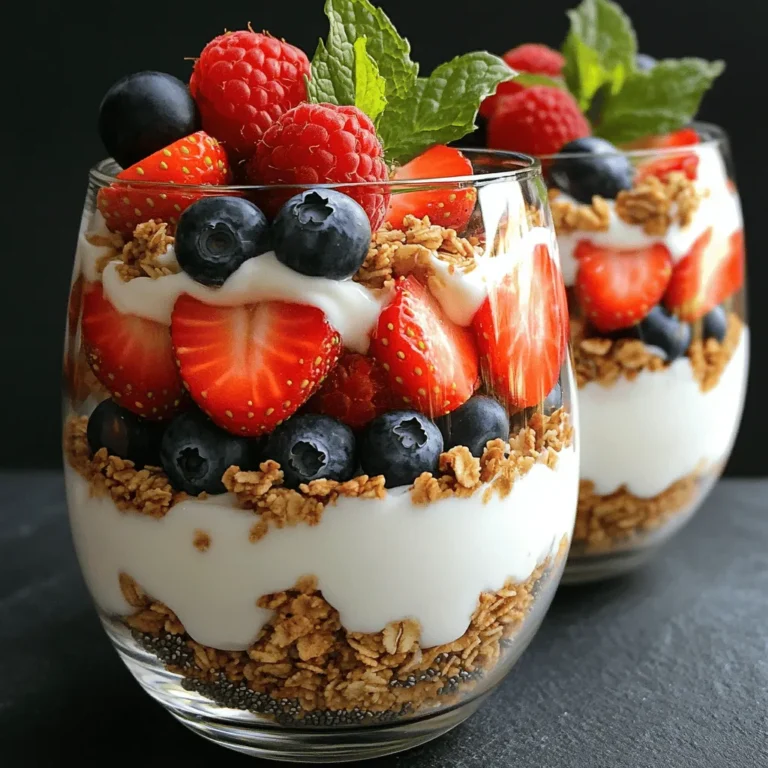 - 2 cups plain Greek yogurt - 1 cup granola - 1 cup mixed berries - 2 tablespoons honey or maple syrup - 1 teaspoon pure vanilla extract - 1 tablespoon chia seeds - Fresh mint leaves Greek yogurt parfaits are fun and tasty! These parfaits mix creamy yogurt, crunchy granola, and fresh fruit. You need a few simple ingredients to make them. First, let’s talk about the main ingredients. You will want 2 cups of plain Greek yogurt. It is thick and creamy, making your parfait rich in taste. Next, grab 1 cup of granola. Choose one that is low in sugar for a healthier treat. Lastly, use 1 cup of mixed berries. I like a mix of strawberries, blueberries, and raspberries for color and flavor. Now, you can add some optional ingredients if you want. You can sweeten your parfait with 2 tablespoons of honey or maple syrup. Just a teaspoon of pure vanilla extract gives it a lovely taste. If you want a nutritional boost, toss in 1 tablespoon of chia seeds. Finally, let’s not forget about garnishing. A few fresh mint leaves on top make your parfait look pretty and add a fresh taste. To make the perfect Greek yogurt parfait, you need these ingredients. You can find the Full Recipe to see how to put it all together! To start, gather your ingredients. In a mixing bowl, add the Greek yogurt. If you want it sweeter, now is the time to mix in your sweetener, like honey or maple syrup. Then, add the vanilla extract for that lovely flavor. Stir everything together until the mixture is smooth and creamy. Next, grab a clear glass or parfait dish. Begin with a big scoop of your yogurt mixture. This will be your base layer. After that, sprinkle a layer of granola on top. Follow this with a colorful layer of mixed berries. Keep layering yogurt, granola, and berries until you reach the top. Make sure the last layer shows off those beautiful berries. Now, let’s add some fun! Sprinkle chia seeds over the top layer of berries. These seeds give a nice crunch and add nutrition. To finish, garnish your parfait with fresh mint leaves on top. This adds a pop of color and fresh flavor. Serve your parfaits right away for the best taste, or chill them in the fridge for up to 30 minutes to blend the flavors. Enjoy your Healthy Greek Yogurt Parfaits! You can find the full recipe above. Use clear glasses to show off the layers. When you see the colors, it makes you want to eat it! Layering adds texture and makes it look fancy. You can use any clear cup. Just remember, the more colorful, the better! Choose plain Greek yogurt for a thick and creamy base. Low-fat Greek yogurt works best for a lighter option. If you want a smoother texture, stir it well before using. This makes the parfait easier to layer and eat. Try adding spices like cinnamon or nutmeg to the yogurt. These spices add warmth and flavor without extra calories. You can also mix in a little vanilla for a sweet twist. Don't be afraid to experiment! {{image_4}} You can use many fruits for your Greek yogurt parfaits. Fresh fruit adds color and flavor. Try seasonal fruits for variety. In spring, use strawberries and cherries. In summer, opt for peaches and blueberries. In fall, apples and pears work well. In winter, citrus fruits like oranges or pomegranates add a tasty twist. Mixing different fruits also makes each parfait unique and fun! If you want a low-sugar option, try different sweeteners. Agave nectar is a great choice. It has a mild taste and blends well. Stevia is another option. It is plant-based and very sweet. You only need a small amount to sweeten your yogurt. Both sweeteners can help keep the parfait healthy and delicious. You can easily make a vegan parfait. Replace Greek yogurt with plant-based yogurt. Coconut yogurt is a popular choice. It has a rich flavor and creamy texture. Almond or soy yogurt also works well. This way, you can enjoy a tasty treat while keeping it plant-based. Plus, you still get all the great layers and flavors in your parfait. For the full recipe, check out the recipe section above! Greek yogurt parfaits stay fresh in the fridge for about three days. Store them in sealed containers. This keeps them tasty and prevents spills. If you plan to eat them later, it is best to layer them right before serving. This keeps the granola crunchy and the berries fresh. You can freeze Greek yogurt parfaits, but the texture will change. The yogurt may become icy and the granola soggy. If you choose to freeze them, use freezer-safe containers. They can last up to a month in the freezer. Thaw them in the fridge overnight before you eat them. After storing your parfaits, serve them chilled. If they have been in the fridge for a while, stir gently before serving. This helps mix the flavors again. You can also add fresh toppings like berries or granola before serving. This keeps the parfaits looking bright and appealing. For a fun twist, try adding a drizzle of honey or a sprinkle of chia seeds on top right before you serve. Yes, you can make Greek yogurt parfaits ahead of time. To keep them fresh, layer the yogurt and fruit first. Add granola just before serving. This keeps the granola crunchy. You can prepare them a few hours in advance. Store them in the fridge in airtight containers. For parfaits, choose a low-sugar granola. This keeps your treat healthy. Look for granola that has nuts or seeds for added crunch. You can also try different flavors. Vanilla or honey granola pairs well with yogurt and fruit. To make parfaits kid-friendly, let your kids choose their toppings. Use fun shapes like animal-shaped fruit or colorful sprinkles. You can also include their favorite flavors in granola. Adding a drizzle of honey can make it sweeter. Use small cups for easy handling. Kids love to build their own parfaits! You learned how to make a delicious Greek yogurt parfait. We covered the ingredients, prep steps, and ways to enhance your parfait with flavors. Remember to mix yogurt, layer it with granola and berries, and have fun with garnishes. You can customize it with seasonal fruits or vegan options too. Enjoy your parfait fresh or store it wisely. With these tips, you’ll impress everyone with an easy and tasty treat. Get creative and make it your own!