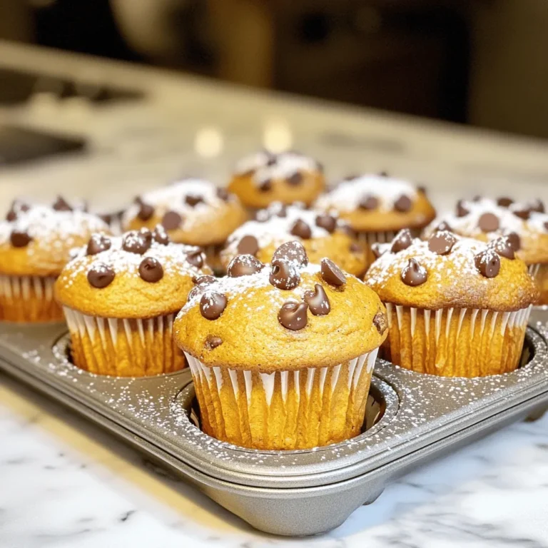 To make delicious chocolate chip pumpkin muffins, you will need the following ingredients: - 1 cup canned pumpkin puree - 1/2 cup vegetable oil - 1/2 cup brown sugar, tightly packed - 1/2 cup granulated sugar - 2 large eggs - 1 teaspoon vanilla extract - 1 1/2 cups all-purpose flour - 1 teaspoon baking powder - 1 teaspoon baking soda - 1 teaspoon ground cinnamon - 1/2 teaspoon ground nutmeg - 1/2 teaspoon salt - 1 cup semi-sweet chocolate chips - Optional: 1/2 cup chopped walnuts or pecans These ingredients blend together to create a warm, spiced muffin. The pumpkin puree adds moisture and flavor. The sugars provide sweetness and help the muffins rise. The chocolate chips bring a delightful touch of richness. When using optional nuts, they add a nice crunch. If you prefer a nut-free muffin, just leave them out. You can find the full recipe to guide you through the steps. Enjoy your fall baking! - Prepare the Oven and Muffin Tin First, preheat your oven to 350°F (175°C). Then, line a 12-cup muffin tin with paper liners. You can also grease each cup with vegetable oil to stop sticking. - Mix Wet Ingredients In a big bowl, mix together the pumpkin puree, vegetable oil, brown sugar, granulated sugar, eggs, and vanilla extract. Whisk until the mixture is smooth and combined. - Combine Dry Ingredients In another bowl, whisk together the flour, baking powder, baking soda, cinnamon, nutmeg, and salt. Make sure everything is mixed evenly. - Incorporate Dry into Wet Slowly add the dry mix to the wet mix. Stir gently with a spatula until just combined. It’s okay if the batter has some lumps; don’t overmix. - Add Chocolate Chips and Nuts Carefully fold in the chocolate chips. If you want some crunch, add chopped walnuts or pecans too. Mix just enough to spread them throughout. - Fill Muffin Liners Use a spoon or an ice cream scoop to fill each muffin cup about two-thirds full. This gives them room to rise as they bake. - Bake and Check for Doneness Place the muffin tin in the oven. Bake for 18 to 22 minutes. They are ready when a toothpick inserted in the middle comes out clean or with a few moist crumbs. - Cool and Serve After baking, take the muffin tin out of the oven. Let the muffins cool in the tin for 5 minutes. Then, move them to a wire rack to cool completely. Enjoy your delicious chocolate chip pumpkin muffins! You can find the full recipe above. - Avoid Overmixing for Tender Muffins: Mix just enough. Stir until the dry and wet ingredients blend. A few lumps are okay. Overmixing makes muffins tough. - Use Room Temperature Ingredients: Start with eggs and oil at room temperature. This helps the batter mix well. It also makes sure your muffins rise nicely. - Dust with Powdered Sugar: For a pretty touch, sprinkle powdered sugar on top. It adds sweetness and makes your muffins look great. - Drizzle with Chocolate Sauce: A little chocolate sauce on top brings joy to each bite. It enhances the flavor and makes them extra special. - Pairing with Beverages: Enjoy these muffins with coffee or tea. The warmth of the drink complements the muffins well. - Ideal Serving Temperature: Serve muffins warm or at room temperature. This keeps them soft and tasty. For the best flavor, enjoy them fresh from the oven or shortly after cooling. {{image_4}} You can easily change the flavor of your muffins. Adding spices like ginger or cloves gives them a warm, cozy taste. These spices pair well with pumpkin. You can also try substituting applesauce for oil. This swap makes the muffins lighter and adds a hint of sweetness. Applesauce keeps them moist without extra fat. If you need gluten-free options, use gluten-free flour instead of regular flour. Many brands work well in baking. This way, everyone can enjoy your muffins. For vegan substitutes, replace eggs with flaxseed meal mixed with water. Use a plant-based oil, like coconut oil, too. These swaps keep the muffins delicious and cruelty-free. Switching chocolate chips can change your muffins. Try dark chocolate or white chocolate chips for different flavors. Dark chocolate adds a rich taste, while white chocolate gives a sweet twist. You can also use other nuts. Chopped pecans or hazelnuts add crunch and extra flavor. Feel free to mix and match these swaps to find your favorite combination. For the full recipe, check the section above. Storing Muffins at Room Temperature You can keep the muffins at room temperature for up to three days. Place them in an airtight container. This keeps them fresh and moist. Refrigeration Tips If you want to store them longer, you can refrigerate them. Wrap each muffin in plastic wrap. Then, place them in a zip-top bag. This helps prevent them from drying out. Freezing Muffins To freeze muffins, let them cool completely. Then, wrap each muffin in plastic wrap. Place the wrapped muffins in a freezer bag. They can last for up to three months in the freezer. Reheating Tips When you want to enjoy a frozen muffin, take it out and unwrap it. Heat it in the microwave for about 20-30 seconds. This warms it up nicely. You can also use the oven at 350°F (175°C) for about 10 minutes. How Long Do They Last? These muffins taste best within a week. After that, they may dry out or lose flavor. Signs Muffins Have Gone Bad Check for mold or an off smell. If the muffins feel dry or hard, they are past their prime. Always trust your senses when deciding if food is safe to eat. Can I use fresh pumpkin instead of canned? Yes, you can use fresh pumpkin. Just roast it first and mash it well. Fresh pumpkin has a lighter flavor and texture. How do I know when the muffins are done baking? Check the muffins after 20 minutes. Insert a toothpick into the center. If it comes out clean or with a few crumbs, they are done. Can I substitute the sugar for a healthier option? Yes, you can use coconut sugar or maple syrup. These options add a unique flavor and lower the glycemic index. Adjust the liquid ingredients if needed. What are the best chocolate chips to use? I recommend semi-sweet chocolate chips. They balance sweetness with rich chocolate taste. Dark chocolate chips also work for a bolder flavor. Why are my muffins dense? Dense muffins often come from overmixing. Mix just until combined. Also, check your baking powder and soda for freshness. How can I avoid sticking in the muffin tin? Use paper liners or spray the tin with oil. This keeps the muffins from sticking and makes cleanup easy. This blog post showcased a simple and tasty muffin recipe. We covered ingredients, step-by-step instructions, and helpful tips. Each section provides you with tools for success. Whether you want to adjust flavors or modify for diets, options are included. Finally, learn about storage and shelf life to keep your muffins fresh. Baking should be fun, and now you have the tools to make it a success every time. Enjoy your muffins and share them with others!