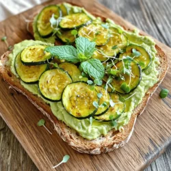 To make Zucchini Avocado Toast, gather these ingredients: - 2 slices of whole grain bread - 1 medium zucchini, thinly sliced - 1 ripe avocado - 1 tablespoon extra virgin olive oil - 1 clove garlic, finely minced - 1 tablespoon freshly squeezed lemon juice - 1/4 teaspoon crushed red pepper flakes - Salt and freshly ground black pepper, to taste - Fresh mint leaves, for garnish - Microgreens or arugula, for topping (optional) This recipe yields two delicious servings. It’s a simple and fun dish to prepare. When measuring ingredients, precision helps. Use a standard measuring spoon for liquids. A kitchen scale ensures accurate weight for solid items like zucchini and avocado. Slice the zucchini as thin as possible for even cooking. This way, your toast will be light and tasty. To keep your ingredients fresh, pick ripe avocados with smooth skin. Look for zucchini that feels firm and has a shiny skin. Store avocados at room temperature until ripe. Once ripe, place them in the fridge to slow down the softening. Fresh herbs, like mint, should stay in water or wrapped in a damp paper towel. This way, they stay crisp for your garnish. Start by washing the zucchini. Slice it thinly. Take a small bowl and mix the zucchini with olive oil, minced garlic, salt, and pepper. Make sure all pieces are coated well. This step adds flavor and helps with cooking. Heat a non-stick skillet on medium. Once it’s hot, add the zucchini in a single layer. Cook for about 5 to 6 minutes. Stir occasionally, so they cook evenly. They should turn tender and golden. When done, take the skillet off the heat and set the zucchini aside. Grab a bowl and cut the ripe avocado in half. Remove the pit and scoop out the flesh. Mash it with a fork until it’s creamy. Mix in the lemon juice, crushed red pepper, salt, and pepper. This will add a nice zing to your toast. While you prepare the avocado, toast the whole grain bread. You can use a toaster or a hot skillet. Toast it until it’s golden brown and crispy. This crunch will balance the soft toppings. Now it’s time to build your toast. Spread the mashed avocado on each slice of toasted bread. Layer the sautéed zucchini on top. This creates a colorful and tasty dish. Finish your toast with fresh mint leaves on top. If you like, add microgreens or arugula for extra flavor. Serve your beautiful creation right away. For a touch of elegance, drizzle olive oil over the top. A few edible flowers can also brighten up your plate. This recipe makes a delightful meal or snack. To explore more, check the full recipe for all details. To boost flavor, add spices to the zucchini. Try smoked paprika or cumin. These spices give a warm taste. For a fresh kick, mix in lime juice instead of lemon. This small change can brighten the dish. Adding herbs like basil or cilantro gives more depth. Don't forget to taste as you go! Make your toast pop with color. Use a dark plate to show off the green. Arrange the zucchini in a fan shape on top. This makes the dish look fancy. Drizzle olive oil over the top for shine. For extra flair, add edible flowers or microgreens. These small touches make a big impact! One mistake is not seasoning the avocado. Always add salt and pepper to enhance flavor. Avoid overcooking the zucchini. It should be tender, not mushy. Another common error is using stale bread. Fresh bread gives a better crunch. Lastly, don’t skip the garnish. It adds flavor and looks nice. For the complete experience, check out the Full Recipe. {{image_4}} You can make your zucchini avocado toast even better with toppings. Try adding sliced radishes for crunch or a sprinkle of feta cheese for a salty touch. Cherry tomatoes add sweetness and color. Fresh herbs like basil or dill can brighten up the dish. You can even add a poached egg on top for extra protein. These toppings can change the flavor and make the dish more exciting. The base of your toast can change the whole meal. Instead of whole grain bread, try sourdough for a tangy taste. A bagel or pita can work too! Gluten-free bread is great for those with allergies. You can even use sweet potato slices for a unique twist. Each choice offers a different texture and flavor. If you like spice, add jalapeños or a dash of hot sauce to the avocado mix. You can also swap the zucchini for roasted red peppers for a smoky flavor. For a heartier meal, mix in cooked quinoa or black beans. These options add protein and make the dish filling. Each variation makes your zucchini avocado toast truly your own. For the complete recipe, check out the [Full Recipe]. Zucchini is low in calories, which is great for weight control. It helps keep your body hydrated because it has high water content. Zucchini also has fiber, which aids in digestion. This veggie contains vitamins A and C, which support your immune system. Eating zucchini can help with heart health, too, as it may lower cholesterol. Each serving of Zucchini Avocado Toast has: - Calories: Around 300 - Protein: 9 grams - Carbohydrates: 30 grams - Fat: 18 grams - Fiber: 7 grams This dish packs a punch of nutrients! You get healthy fats from the avocado and fiber from both the zucchini and bread. Traditional avocado toast usually includes just avocado and bread. While tasty, it misses out on the added nutrients from zucchini. Zucchini adds more vitamins and fiber to your meal. It also brings a nice crunch and fresh taste. This makes our Zucchini Avocado Toast not only delicious but a more balanced choice. You can find the full recipe [here](#Full Recipe). Yes, you can use many types of bread. Whole grain, sourdough, and gluten-free bread work well. Each option gives a unique taste. Choose what you enjoy most. You can store leftovers for one day in the fridge. The bread may get soggy, so eat it fresh if possible. If you have extra toppings, keep them separate. Cooking the zucchini is not a must. You can enjoy it raw for a crunchier texture. Cooking adds warmth and softens the flavor, making it more savory. If you don't have avocado, try using hummus or a creamy nut butter. These options add creaminess and flavor. Experiment to find what you like best. Yes, this recipe is vegan-friendly. It uses no animal products. Enjoy it as a fresh and healthy plant-based meal. Absolutely! Use gluten-free bread as a substitute. This way, you can enjoy the dish without gluten. Make sure all other ingredients are also gluten-free. This blog post covered a delicious recipe for zucchini avocado toast. We explored the ingredients, preparing, cooking, and serving steps. I shared tips for flavor and presentation to improve your dish. Plus, I highlighted variations and provided nutritional insights. Remember, cooking is about fun and creativity. Don't be afraid to try new toppings or ingredients. Enjoy making this tasty toast and impress your friends with your skills.