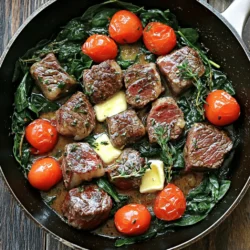 - 1 lb ribeye steak (or another cut of your choice) - 3 tablespoons unsalted butter - 4 cloves garlic, minced - 1 teaspoon fresh thyme leaves (or ½ teaspoon dried thyme) - 1 teaspoon fresh rosemary, chopped (or ½ teaspoon dried rosemary) - Salt and freshly cracked black pepper, to taste - 1 cup cherry tomatoes, halved - 1 cup baby spinach - ½ teaspoon chili flakes (optional for a touch of heat) This dish shines with its simple yet bold flavors. The ribeye steak offers a rich taste and tender texture. You can pick any cut you like, but ribeye stands out. The unsalted butter adds creaminess, while the garlic gives that punch of flavor. Fresh herbs like thyme and rosemary bring earthiness and aroma. They enhance the steak’s natural taste. Don't skip seasoning. Salt and pepper are key to making the steak pop. The cherry tomatoes add sweetness. Their juiciness balances the savory steak. Baby spinach is a great choice too. It wilts down into a tender green. If you want heat, chili flakes are a fun twist. For the full recipe, follow the steps closely. Each ingredient plays a role in making this dish a hit. Enjoy your cooking! 1. Pat the steak cubes dry with paper towels. This helps to get a good sear. 2. Season generously with salt and pepper. This enhances the steak's natural flavor. 1. Heat the skillet with olive oil. Use medium-high heat until the oil shimmers. 2. Sear the steak cubes in a single layer. Cook for about 3-4 minutes without moving them. This forms a nice brown crust. If your skillet is small, do this in batches. 1. Incorporate garlic, butter, and herbs. Once the steak is browned, lower the heat to medium. 2. Stir until fragrant and melted. This should take about 1-2 minutes. The garlic and butter create a rich flavor. 1. Add cherry tomatoes and spinach. Toss them gently in the skillet. 2. Cook until vegetables are softened. This takes about 2-3 minutes. The tomatoes will blister, adding a burst of flavor. For the full recipe, check out the detailed instructions. Enjoy this easy and flavorful meal! To get a nice sear on your steak, start by drying it well. Use paper towels to pat the steak cubes dry. This step is key. Moisture will prevent browning. Next, heat your skillet. Set it to medium-high heat. When the oil shimmers, you are ready to sear. Adjust the seasoning to make it your own. Add more salt and pepper if you like. For a zing, try adding a splash of lemon juice. You can also toss in some chopped jalapeños for heat. Fresh herbs like parsley or cilantro can brighten the dish. Presentation matters! Serve the steak straight from the skillet for a rustic look. Garnish with fresh herbs for color. If you prefer, transfer it to a large platter. Pair it with crusty bread to enjoy the garlic butter sauce. A simple green salad or roasted veggies complement the steak well. For drinks, a bold red wine pairs perfectly with this meal. {{image_4}} You can use more than just ribeye for this dish. Sirloin and tenderloin are great options. Each cut has its own flavor and texture. Sirloin is leaner, while tenderloin is very tender. Keep in mind that cooking times will change. Tender cuts cook faster. For tougher cuts, you may need a bit more time. Always check for doneness with a meat thermometer. Aim for 130°F for medium-rare. You can switch up the veggies in your skillet. Zucchini, bell peppers, or mushrooms work well. Feel free to use what you have on hand. Seasonal vegetables like asparagus or broccoli can add freshness. Each vegetable brings its own taste and texture, so experiment! If you're low-carb or keto, skip the cherry tomatoes. Instead, use more leafy greens like kale or Swiss chard. For a vegan or vegetarian option, swap the steak for mushrooms or tofu. You can also use chickpeas for added protein. Just ensure to adjust cooking times. Cooking plant-based proteins usually takes less time. To keep your garlic butter steak skillet fresh, store the leftovers in an airtight container. Cool the dish to room temperature first. This helps keep the flavors and texture. You can store it in the fridge for up to three days. After this time, the flavors may fade, and the steak could dry out. When reheating, I recommend using a skillet. Heat it on medium-low. This helps keep the steak moist and tasty. If you use a microwave, cover the dish with a damp paper towel to trap steam. This prevents the steak from getting tough. Heat in short bursts, stirring in between. If you want to save some for later, you can freeze your garlic butter steak skillet. First, let it cool completely. Then, place it in a freezer-safe container. It can last up to three months in the freezer. When you’re ready to eat, thaw it overnight in the fridge. Reheat it in a skillet to bring back its delicious flavor and texture. To cook steak well, I check the internal temperature. Use a meat thermometer for best results. Here are some tips: - Rare: 120°F, about 2-3 minutes per side. - Medium-rare: 130°F, about 3-4 minutes per side. - Medium: 140°F, about 4-5 minutes per side. - Medium-well: 150°F, about 5-6 minutes per side. - Well-done: 160°F, about 6-7 minutes per side. Let the steak rest for a few minutes after cooking. This helps keep it juicy. Yes, you can use frozen steak. Thaw it safely in the fridge overnight. This keeps the meat fresh. Never thaw steak at room temperature. It can grow harmful bacteria. Using frozen steak may change the cooking time. You will need to sear it longer to achieve the right doneness. The flavor may also differ as thawed steak can lose juices. I love serving this dish with tasty sides. Here are some great options: - Roasted vegetables: Carrots, broccoli, or asparagus add color and nutrition. - Mashed potatoes: Creamy potatoes pair well with steak. - Crusty bread: Perfect for soaking up that garlic butter sauce. - Wines: A nice red wine, like Cabernet Sauvignon, matches great. For a quick salad, try mixing greens, cherry tomatoes, and a simple vinaigrette. This adds freshness to your meal. In this blog post, we explored how to make a garlic butter steak skillet. We covered key ingredients like ribeye steak, garlic, and fresh herbs. You learned step-by-step cooking instructions, tips for a perfect sear, and variations for different diets. In conclusion, this dish offers great flexibility and delicious flavors. You can enjoy it with various sides or adjust ingredients to fit your needs. I hope you’re excited to create this tasty meal at home.