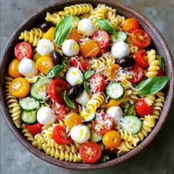 To make a Zesty Italian Pasta Salad, you need fresh ingredients that bring flavor and texture. Here’s what you will need: - 2 cups uncooked rotini or fusilli pasta - 1 cup cherry tomatoes, halved - 1 cup cucumber, diced - 1/2 cup red bell pepper, diced - 1/2 cup black olives, pitted and sliced - 1/2 cup mozzarella balls or diced mozzarella cheese - 1/4 cup red onion, thinly sliced - 1/4 cup grated Parmesan cheese - 1/4 cup fresh basil, chopped - 1/4 cup high-quality olive oil - 3 tablespoons red wine vinegar (or substitute with apple cider vinegar) - 1 teaspoon Italian seasoning - Salt and pepper to taste Each ingredient adds a burst of flavor. The pasta gives a hearty base, while the veggies add crunch and freshness. The olives and cheese provide a savory touch. The dressing ties it all together, making this dish vibrant and zesty. You can always find the full recipe above to guide you through the cooking process. Enjoy making this delicious salad! Start by boiling a large pot of salted water. Once it reaches a rolling boil, add 2 cups of rotini or fusilli pasta. Cook it for about 8-10 minutes until it's al dente. This means the pasta should be firm but not hard. After cooking, drain the pasta in a colander. Rinse it under cold water to stop the cooking process and cool it down quickly. Rinsing helps keep the pasta from getting sticky. In a large mixing bowl, combine the cooled pasta with your veggies. Use 1 cup of halved cherry tomatoes, 1 cup of diced cucumber, 1/2 cup of diced red bell pepper, 1/2 cup of sliced black olives, and 1/4 cup of thinly sliced red onion. Mix gently to ensure the ingredients are evenly distributed. A gentle stir helps keep the veggies intact. In a medium bowl, whisk together the dressing ingredients. Use 1/4 cup of high-quality olive oil, 3 tablespoons of red wine vinegar (or apple cider vinegar), and 1 teaspoon of Italian seasoning. Add a pinch of salt and pepper to taste. Whisk well until the mixture is smooth and slightly emulsified. This means it should look creamy and well blended. Now, pour the dressing over the pasta and vegetable mixture. Toss everything gently with a spatula or tongs. Make sure every ingredient gets a nice coat of the dressing. This step is key for flavor. Next, fold in 1/4 cup of grated Parmesan cheese and 1/4 cup of chopped fresh basil. Be careful not to break the pasta or the veggies while mixing. Use a gentle hand to keep everything whole. The cheese and herbs add a rich flavor to the salad. Cover the bowl with plastic wrap or a lid. Place it in the refrigerator to chill for at least 30 minutes. Chilling helps the flavors meld together beautifully. When you’re ready to serve, give the salad a quick toss. Check the seasoning and adjust if needed. For a great presentation, serve in a large bowl or individual portions. Garnish with a sprig of fresh basil and extra Parmesan cheese for a nice touch. To make a great pasta salad, pick fresh, high-quality ingredients. Choose ripe cherry tomatoes that burst with flavor. Look for firm cucumbers and bright bell peppers. Good mozzarella should be creamy and soft. Fresh basil adds the best taste, so opt for it over dried. For a quicker prep, cook your pasta in advance. You can boil it the day before and store it in the fridge. Chilling the pasta helps it mix better with the dressing. Also, chop your veggies ahead of time. This way, you save time when it’s time to assemble the salad. Zesty Italian pasta salad pairs well with grilled meats and fish. You can serve it alongside burgers or hot dogs at cookouts. For a lighter meal, it works great with a green salad. When hosting a gathering, consider individual servings. Use small cups or jars for a fun twist. This makes it easy for guests to grab and enjoy. You can also place extra toppings, like croutons or cheese, on the side for a personalized touch. If you want to switch things up, try different dressings. A lemon vinaigrette adds a bright pop. You can use pesto for a herby twist. For a creamier option, mix in some ranch or Caesar dressing. Always taste your dressing before adding it to the salad. Adjust the seasoning by adding a bit more salt or pepper. You can also add a splash of hot sauce for some heat. The key is to balance the flavors to suit your taste. {{image_4}} You can easily make this pasta salad vegetarian. To add protein, try chickpeas or lentils. They give a nice texture and boost. You can also use tofu for a healthy twist. For cheese, if you want to skip mozzarella, try feta or a vegan cheese. Both options keep the salad creamy and tasty. For gluten-free pasta, look for brown rice or quinoa pasta. They work well and taste great. Make sure all other ingredients are gluten-free too. Check labels on olives, dressing, and cheese. This way, everyone can enjoy the dish without worry. If you want to serve this pasta salad as a main dish, adjust the portions. Double the recipe for a bigger crowd. You can also add proteins like grilled chicken or tuna. This makes it heartier and more filling. You can find the full recipe to guide you through these changes. To keep your Zesty Italian Pasta Salad fresh, place it in the fridge right away. Use an airtight container. This helps the salad stay crisp and tasty. If you have a lot, divide it into smaller containers. This way, you can grab one without opening the whole batch. You can freeze pasta salad, but it may change texture. The veggies might become mushy. If you want to freeze it, do so without the dressing. Store it in a freezer-safe container. When you're ready to eat, thaw it overnight in the fridge. Serve it cold with fresh dressing to bring back the zesty flavor. Zesty Italian Pasta Salad lasts about three to five days in the fridge. If you see any mold or bad smell, it’s time to throw it out. If the pasta looks slimy or the veggies have lost their crunch, skip eating it. Always check for freshness before enjoying your leftovers. Zesty Italian Pasta Salad is a colorful and flavorful dish. It typically has pasta, fresh veggies, and cheese. The dressing brings it all together with a tangy taste. Common ingredients include: - 2 cups uncooked rotini or fusilli pasta - 1 cup cherry tomatoes, halved - 1 cup cucumber, diced - 1/2 cup red bell pepper, diced - 1/2 cup black olives, pitted and sliced - 1/2 cup mozzarella balls or diced mozzarella cheese - 1/4 cup red onion, thinly sliced - 1/4 cup grated Parmesan cheese - 1/4 cup fresh basil, chopped - 1/4 cup high-quality olive oil - 3 tablespoons red wine vinegar - 1 teaspoon Italian seasoning - Salt and pepper to taste Yes, you can make this pasta salad ahead of time. I recommend preparing it at least a few hours before serving. This gives flavors time to blend. Store it in the fridge in an airtight container. It will stay fresh for about three days. To spice up your pasta salad, add some heat. You can use crushed red pepper flakes or diced jalapeños. Another option is to include spicy Italian sausage. Just cook it first, then mix it in. Absolutely! This salad is great for meal prep. You can make a big batch and portion it out for lunches. Use containers to separate servings. This way, you have a quick meal ready to go. You can find pre-made Zesty Italian Pasta Salad in many grocery stores. Look for brands like Deli or Fresh Express. They usually have a tasty version in the deli section. Check the labels for quality ingredients. This blog post covered how to make a tasty Zesty Italian Pasta Salad. We discussed the ingredients, step-by-step cooking methods, and helpful tips. With the right ingredients and a few easy steps, you can create a dish everyone will enjoy. Remember to chill it for the best flavor and try new variations to keep it exciting. Perfect for any meal or gathering, this salad is easy, fun, and delicious. Enjoy your cooking adventures!