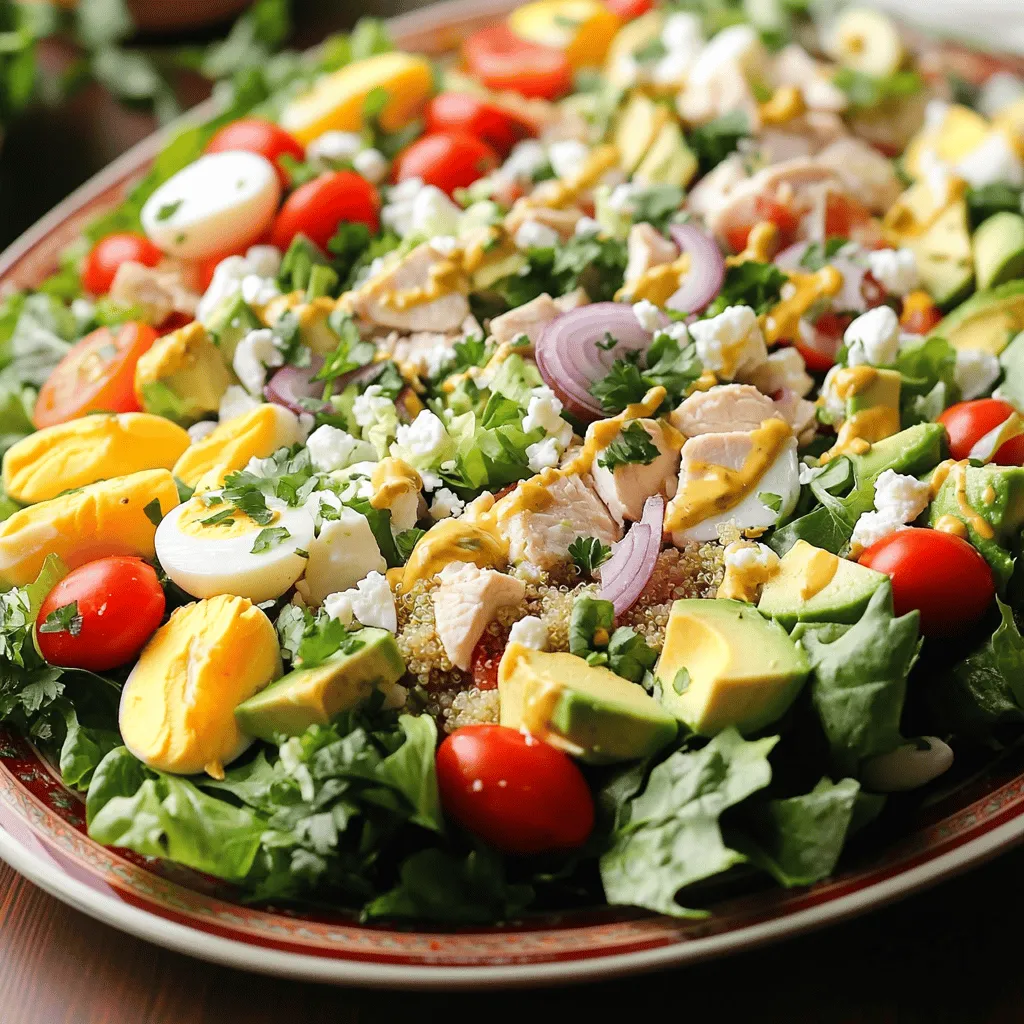 To make a vibrant and tasty Cobb salad, you need simple, fresh items. Here’s what you should gather: - 2 cups mixed greens (spinach, arugula, and romaine lettuce) - 1 cup cooked chicken breast, diced into bite-sized pieces - 1 ripe avocado, diced - ½ cup cherry tomatoes, halved - ¼ cup red onion, finely chopped - ½ cup cooked quinoa (fluffy and cooled) - 2 hard-boiled eggs, peeled and chopped - ¼ cup crumbled feta cheese (optional but recommended) - 3 tablespoons extra virgin olive oil - 1 tablespoon freshly squeezed lemon juice - 1 teaspoon Dijon mustard - Salt and pepper to taste - Fresh parsley, chopped, for garnish These ingredients create a mix of flavors and textures. The chicken adds protein, while the avocado brings healthy fats. You can enhance your Cobb salad with optional items. Here are some great choices and their benefits: - Bacon bits: They add crunch and a smoky flavor. - Cucumbers: They provide a refreshing crunch and hydration. - Bell peppers: They add sweetness and color. - Olives: They bring a briny taste and healthy fats. Including these items can make your salad even more delicious and nutritious. This Cobb salad is not just tasty; it's also packed with nutrients. Here’s a quick look at what you get: - Calories: Around 400 per serving (without dressing) - Protein: High in protein from chicken and eggs - Healthy fats: From avocado and olive oil - Fiber: From quinoa and vegetables Eating this salad helps you feel full and satisfied. Plus, it offers a wide range of vitamins and minerals. You can easily enjoy a Healthy Cobb Salad by following the [Full Recipe]. To make a Healthy Cobb Salad, start with fresh ingredients. First, grab a large mixing bowl. Add 2 cups of mixed greens. This gives a nice base. Next, layer in 1 cup of diced chicken. You can use grilled or roasted chicken. Add 1 ripe avocado, diced into chunks. Then, toss in ½ cup of halved cherry tomatoes. Don't forget ¼ cup of finely chopped red onion. For added texture, include ½ cup of cooked quinoa. Finally, add 2 chopped hard-boiled eggs on top. If you like cheese, sprinkle ¼ cup of feta over everything. This adds a nice flavor. Layering is key for a pretty salad. Start with greens at the bottom. This keeps everything fresh. Then, add the chicken. Next, place the avocado on one side. This keeps it from getting squished. Sprinkle the tomatoes and onion evenly. For color, add the quinoa. Finally, put the eggs on top. If you use feta, add it last. This keeps it from breaking apart. For the dressing, you need a small bowl. Whisk together 3 tablespoons of extra virgin olive oil. Add 1 tablespoon of lemon juice next. Then, mix in 1 teaspoon of Dijon mustard. Finally, add salt and pepper to taste. This will give your salad a zesty kick. Drizzle the dressing over the salad. Toss it gently, but be careful not to mash the avocado. You want everything mixed just right. Finish by adding chopped parsley for color and taste. For the full recipe, check the section above. When making a Cobb salad, avoid overcooking the chicken. Dry chicken ruins the taste. Also, don’t skip the lemon juice; it brightens the flavors. Mixing the salad too hard can mash the avocado. Handle it gently to keep it fresh. Lastly, don't forget to prep your ingredients ahead. Freshly cut items add crispness and flavor. Choose ripe avocados for the best taste. They should yield slightly to gentle pressure. For chicken, grill or bake it with simple spices. This keeps it juicy and flavorful. Dice the chicken into even pieces for consistent bites. Combine the chicken and avocado right before serving to avoid browning. You can make this salad even healthier with swaps. Try using Greek yogurt instead of mayonnaise in dressings. Substitute quinoa with brown rice for a different texture. If you want fewer calories, swap feta cheese for nutritional yeast. This still gives you a cheesy flavor without the fat. You can also replace the chicken with chickpeas for a plant-based option. Explore the [Full Recipe] for all the details to make your Cobb salad shine. {{image_4}} You can easily make a vegetarian or vegan Cobb salad. Skip the chicken and eggs to keep it plant-based. Use chickpeas or black beans for protein. Add more veggies like bell peppers or cucumber. Try using vegan cheese or leave it out completely. A creamy tahini dressing works great for flavor. Want to boost the taste and health? Consider adding nuts or seeds. Walnuts or sunflower seeds add crunch and good fats. You can also throw in roasted sweet potatoes for sweetness. Fresh herbs like basil or cilantro can give it a fresh kick. Seasonal ingredients can make your Cobb salad even better. In spring, add fresh peas or asparagus for a nice crunch. Summer is perfect for juicy peaches or strawberries. In fall, use roasted butternut squash or apples. Winter salads can include hearty kale or hearty root veggies. Each season brings new flavors to enjoy! To store your Healthy Cobb Salad, place it in an airtight container. Keep the dressing separate to maintain freshness. This helps avoid soggy greens. You can store leftovers in the fridge for up to three days. If you notice any browning on the avocado, eat that part first. The rest should stay fresh. For the best taste, store each ingredient separately. Keep mixed greens in a dry container with a paper towel to absorb moisture. Store diced chicken and quinoa in airtight containers too. Avocados should stay whole until you are ready to use them. This way, they won’t brown quickly. Cherry tomatoes need air, so keep them in their original packaging or a breathable container. You can prep ingredients in advance for quick meals. Cook chicken and quinoa in bulk. Dice veggies and store them in separate containers. Hard-boil eggs at the start of the week for easy access. When you are ready to eat, just toss everything together. This method saves time and keeps your salad fresh and tasty. For the full recipe, don’t forget to check the full recipe. This Cobb Salad is packed with fresh ingredients. It has lean protein from chicken and eggs. The salad includes healthy fats from avocado and olive oil. Mixed greens provide fiber and vitamins. Quinoa adds extra protein and a nutty taste. This balance of nutrients makes it filling and good for you. Yes, you can use many types of dressings. Try balsamic vinaigrette for a sweet touch. A yogurt-based dressing adds creaminess. You may even use a simple lemon juice and olive oil mix. Feel free to experiment with flavors you enjoy. Just keep it light and healthy! A Cobb Salad stays fresh for about three days in the fridge. Store it in a sealed container to keep it crisp. Some ingredients, like avocado, may brown. To prevent this, add the avocado just before serving. This way, you'll enjoy the best flavor and texture. You can serve this Cobb Salad in various ways. For a fun twist, use mason jars for individual servings. Layer the ingredients to make it look pretty. Add crispy tortilla strips for crunch. You can also serve it with grilled bread on the side. Try pairing it with a light soup for a complete meal. For the full recipe, check out the vibrant Healthy Cobb Salad above. Cobb salad is a blend of healthy choices and great tastes. We discussed essential ingredients, preparation steps, and tips to make it perfect. I emphasized how to avoid common mistakes and suggested variations for everyone's diet. Storing leftovers and meal prep tips help keep your salad fresh. Overall, this salad is not just healthy; it’s a fun way to eat right. Try it out, and enjoy the mix of flavors, textures, and nutrients in every bite.