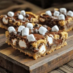 - 2 cups all-purpose flour - 1 teaspoon baking soda - ½ teaspoon salt - 1 cup unsalted butter, softened - 1 cup brown sugar, firmly packed - ½ cup granulated sugar - 2 large eggs, at room temperature - 2 teaspoons pure vanilla extract - 1 cup chocolate chips (milk or dark) - 1 cup mini marshmallows - 1 cup graham cracker crumbs - ½ cup additional chocolate chips for topping - Extra mini marshmallows for topping To make S'mores Chocolate Chip Cookie Bars, I love picking the right ingredients. The all-purpose flour gives the bars their structure. Unsalted butter adds richness and helps create a soft texture. Brown sugar and granulated sugar work together to sweeten the dough. Eggs and vanilla extract blend into the mix for a delicious flavor. Chocolate chips are the star of the show, while mini marshmallows and graham cracker crumbs give that classic s'mores taste. - Types of chocolate chips (milk vs. dark) - Variations in marshmallow types - Substitute options for dietary restrictions Feel free to switch up the chocolate chips! Milk chocolate offers a sweet flavor, while dark chocolate gives a rich taste. You can use flavored marshmallows for a twist. If you have dietary needs, try gluten-free flour or dairy-free butter. Making these bars your own is part of the fun! For the full recipe, check out the detailed instructions above. First, preheat your oven to 350°F (175°C). This step is key. A hot oven helps the bars bake evenly. Next, prepare a 9x13-inch baking pan. You can grease it lightly or use parchment paper. Parchment makes it easy to lift the bars out later. In a medium bowl, mix the dry ingredients. Combine 2 cups of flour, 1 teaspoon of baking soda, and ½ teaspoon of salt. Whisk them well. This step ensures that the baking soda and salt spread evenly. An even mix leads to consistent baking and flavor. In a large bowl, cream 1 cup of softened butter, 1 cup of brown sugar, and ½ cup of granulated sugar. Beat this mixture until it is light and fluffy. This should take about 3-4 minutes. A fluffy mixture traps air, helping the bars rise. Now, add 2 large eggs, one at a time, to the butter-sugar mix. Mix well after each egg. Then stir in 2 teaspoons of pure vanilla extract. Next, slowly add the dry mix to the wet mixture. Stir until just combined. Overmixing can make the bars tough, and we want them soft! Pour half of the cookie dough into the prepared pan. Spread it evenly across the bottom. Then, sprinkle 1 cup of chocolate chips and 1 cup of mini marshmallows over this layer. This creates a tasty s'mores filling. Use the remaining dough to drop spoonfuls over the filling. Press down gently to seal it. Bake in the preheated oven for 20-25 minutes. Check for doneness by looking for golden brown edges. The center should feel set but slightly soft. Once done, let the bars cool in the pan for about 10-15 minutes. After that, transfer them to a wire rack to cool completely. You can find the full recipe for S'mores Chocolate Chip Cookie Bars in the main article. To achieve the perfect texture in your S'mores chocolate chip cookie bars, focus on two key aspects: chewiness and crunchiness. If you want chewy bars, use less flour. This makes the dough moist and soft. A bit of extra butter helps too. For crunchier bars, add more flour and bake a little longer. This gives a firmer bite that complements the gooey chocolate and marshmallows inside. Try different baking times to find your ideal texture. Presentation matters! To enhance the look of your cookie bars, serve them on a rustic wooden board. This brings a cozy campfire vibe. For extra flair, sprinkle more mini marshmallows and chocolate chips on top. A quick drizzle of chocolate sauce adds a touch of elegance. You can even add a few graham cracker crumbs for a nice crunch. These small touches will make your dessert stand out. Baking can be tricky. Here are some common mistakes to watch out for. First, don’t skip greasing or lining your baking pan. This prevents sticking and makes removing the bars easier. Second, avoid overmixing the dough. This can lead to tough bars. Mix just until combined for a tender texture. Lastly, keep an eye on the baking time. Overbaking can dry out your bars. They should be golden around the edges and slightly soft in the middle. {{image_4}} You can change the flavors of your S'mores Chocolate Chip Cookie Bars in fun ways. For a richer taste, use dark chocolate chips instead of milk chocolate. You can even mix in flavored extracts like almond or coconut. This twist makes the bars unique and delightful. Get creative and add nuts or fruit to the mix. Chopped walnuts or pecans give a nice crunch. For a fruity twist, try dried cranberries or cherries. These options add texture and flavor to your bars, making them stand out. You can easily adapt this recipe for different diets. For a gluten-free version, swap all-purpose flour for a gluten-free blend. If you want to make them vegan, replace the eggs with flax eggs and use dairy-free chocolate chips. These changes let everyone enjoy this treat! For the full recipe, check the details above. Store your S'mores Chocolate Chip Cookie Bars in an airtight container. Use a glass or plastic container with a tight lid. These bars stay fresh for about a week at room temperature. If you want them to last longer, keep them in the fridge. They will remain good for up to two weeks when chilled. Freezing these bars is easy! First, let them cool completely. Then, wrap each bar tightly in plastic wrap. Place the wrapped bars in a freezer-safe bag or container. They can stay frozen for three months. When you're ready to enjoy them, thaw in the fridge overnight. Reheat in the microwave for a few seconds to bring back the gooey texture. Leftover bars can be fun! Try crumbling them over ice cream for a tasty sundae. You can also mix pieces into yogurt for a sweet treat. Another idea is to use them in a s'mores-inspired trifle. Layer crumbled bars with whipped cream and chocolate sauce. The options are endless! For the full recipe, check the earlier sections. You can make these cookie bars ahead. Prepare the dough and store it in the fridge. Wrap it tightly in plastic wrap. It will stay fresh for up to three days. You can also bake the bars and store them. Let them cool completely, then keep them in an airtight container. The bars will last for about five days. You can freeze the baked bars too. Just wrap them well and store them in the freezer. They will stay good for up to three months. Yes, there are safe alternatives for common allergens. If you have a dairy allergy, use dairy-free butter. You can swap eggs with a flax egg. Mix one tablespoon of ground flaxseed with three tablespoons of water. If you need a gluten-free option, use a gluten-free flour mix. For nut allergies, avoid nuts and use sunflower seed butter instead. Always check labels to ensure safety. To cut the bars neatly, use a sharp knife. Warm the knife under hot water for a few seconds. Dry it off and then slice through the bars. This helps create clean cuts. You can also use a pizza cutter for quicker slicing. Cut the bars when they are completely cool for the best results. Baking at high altitudes requires changes. First, reduce the baking time by a few minutes. Check for doneness earlier. You may need to add a bit more flour too. For each cup of flour, add one to two tablespoons. Also, lower the oven temperature by 15°F. This helps prevent overbaking. Yes, you can make these bars without graham crackers. Use crushed cookies like vanilla wafers or digestive biscuits. You can also use oatmeal for a different flavor. For a gluten-free option, try gluten-free graham crackers or crushed nuts. Just ensure the texture remains similar to the original recipe. This post walked you through making S'mores Chocolate Chip Cookie Bars. You learned about key ingredients like flour, chocolate chips, and marshmallows. We covered step-by-step instructions for mixing and baking. Tips helped you avoid common mistakes and perfect texture. Variations and storage ideas gave you flexibility. With these insights, you can create delicious bars tailored to your taste. Enjoy baking and share your tasty treats with others!
