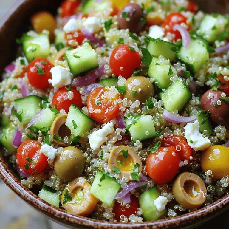 To make this delicious Mediterranean quinoa bowl, you'll need: - 1 cup quinoa, thoroughly rinsed - 2 cups vegetable broth (or water) - 1 cup cucumber, diced into small cubes - 1 cup cherry tomatoes, halved - 1/2 cup red onion, finely chopped - 1/2 cup Kalamata olives, pitted and sliced - 1/2 cup feta cheese, crumbled - 1/4 cup fresh parsley, finely chopped - 1/4 cup extra virgin olive oil - 2 tablespoons freshly squeezed lemon juice - 1 teaspoon dried oregano - Salt and freshly cracked black pepper, to taste When measuring ingredients: - Use a dry measuring cup for quinoa. - Use a liquid measuring cup for broth or water. - Fresh ingredients taste best, so use ripe tomatoes and fresh parsley. - Adjust the salt and pepper based on your taste. You can change some ingredients based on your taste: - Use brown rice instead of quinoa for a different texture. - Swap feta cheese with goat cheese for a tangy flavor. - Add chickpeas for extra protein and fiber. - Try bell peppers or spinach for more veggies. - Use lemon zest for added citrus flavor. For the full recipe, follow the steps outlined in the instructions section. To start, grab a medium saucepan. Bring 2 cups of vegetable broth to a boil over medium-high heat. Make sure it bubbles well. Once boiling, add 1 cup of rinsed quinoa. Stir the quinoa for a moment, then lower the heat to a simmer. Cover the pot tightly and let it cook for about 15 minutes. This allows the quinoa to soak up all the broth. After 15 minutes, remove the pot from heat but keep it covered for another 5 minutes. This rest time helps the quinoa get fluffy. Finally, take a fork and fluff the quinoa gently. While the quinoa cooks, let's make the dressing. In a small bowl, combine 1/4 cup of extra virgin olive oil, 2 tablespoons of lemon juice, and 1 teaspoon of dried oregano. Add a pinch of salt and some freshly cracked black pepper. Whisk everything together until it’s mixed well. Set this dressing aside for a moment. Let it sit so the flavors can blend. Now, in a large mixing bowl, combine the cooked quinoa with your fresh veggies. Add 1 cup of diced cucumber, 1 cup of halved cherry tomatoes, 1/2 cup of finely chopped red onion, and 1/2 cup of sliced Kalamata olives. Next, sprinkle in 1/2 cup of crumbled feta cheese and 1/4 cup of freshly chopped parsley. Gently fold these ingredients together to mix them well. Now, drizzle your dressing over the quinoa mix. Toss everything carefully to coat it evenly. Taste it and add more salt or pepper if you like. For serving, you can dish it out into bowls or on a big platter. Garnish with extra parsley and feta for a nice touch. Enjoy your Mediterranean quinoa bowl! For complete details, refer to the Full Recipe. To make fluffy quinoa, rinse it under cold water first. This removes the bitter coating. Use a ratio of 1 cup quinoa to 2 cups vegetable broth or water. Once it boils, reduce the heat and cover the pot. Let it simmer for about 15 minutes. After that, remove it from heat and let it sit covered for another 5 minutes. Fluff it gently with a fork. This method ensures each grain stays separate and light. To boost the flavor, use vegetable broth instead of water. It adds depth. You can also mix in spices like cumin or smoked paprika. Fresh herbs like basil or mint can brighten the dish. A squeeze of fresh lemon juice adds a nice zing. Don't forget to adjust the salt and pepper to your taste. This will create a balanced and savory experience. How you serve your Mediterranean quinoa bowl makes a big difference. Use a large, colorful platter for a family-style meal. For individual servings, use clear bowls to show off the layers. Top with extra feta and parsley to add color. You can also add a lemon wedge for a fresh touch. A sprinkle of sesame seeds adds a nice crunch, too. These small details make your dish look and taste even better. For the complete process of making the Mediterranean Quinoa Bowl, refer to the Full Recipe. {{image_4}} You can add protein to your Mediterranean quinoa bowl. Grilled chicken is a great choice. It adds flavor and makes the dish heartier. If you prefer a plant-based option, try chickpeas. They are rich in protein and fiber. You can roast them for a crunchy texture. Shrimp is also a tasty option. Just sauté it with some garlic and lemon for extra zest. While the olive oil and lemon dressing is classic, you can switch it up. A tahini dressing brings a creamy texture and nutty flavor. Mix tahini with lemon juice, garlic, and water for a smooth sauce. Another option is a yogurt dressing. Combine Greek yogurt, dill, and lemon juice for a fresh taste. These dressings can give your bowl a new twist. Using seasonal vegetables makes your quinoa bowl even better. In spring, try adding asparagus or peas. They add bright colors and flavors. In summer, bell peppers and zucchini are perfect additions. They bring crunch and freshness. In fall, consider roasted sweet potatoes or butternut squash. They add warmth and sweetness. Winter calls for hearty greens like kale or Brussels sprouts. Each season offers unique tastes to explore in your dish. For the full recipe, check out the Mediterranean Quinoa Bowl. After enjoying your Mediterranean Quinoa Bowl, store any leftovers in an airtight container. This keeps the flavors fresh and prevents spoilage. You can keep it in the fridge for up to three days. If you want to keep it longer, consider freezing it. To reheat, you can use the microwave or the stovetop. If using the microwave, place the quinoa bowl in a microwave-safe dish. Add a splash of water to help it steam. Heat on medium for about one to two minutes. Stir halfway through to warm it evenly. On the stovetop, heat in a pan over low heat, stirring gently until warm. You can freeze your quinoa bowl for later use. Scoop individual servings into freezer-safe containers. Remove as much air as possible to avoid freezer burn. It can stay good for up to three months. When you’re ready to eat, thaw it overnight in the fridge and reheat as mentioned above. Enjoy the fresh taste of your Mediterranean Quinoa Bowl again! For more details, check the Full Recipe. A Mediterranean Quinoa Bowl is a tasty, healthy dish. It combines quinoa with fresh veggies and bold flavors. You can find ingredients like cucumber, tomatoes, olives, and feta cheese in this bowl. The dish is colorful and great for any meal. It’s packed with nutrients, making it a smart choice for lunch or dinner. This bowl captures the essence of Mediterranean cooking with its focus on fresh, wholesome ingredients. You can enjoy it warm or chilled, making it quite versatile. To make a vegan version, simply leave out the feta cheese. You can replace it with a plant-based cheese option or some avocado for creaminess. Also, use vegetable broth to cook the quinoa. This keeps it vegan-friendly. You can add chickpeas or a mix of roasted vegetables for more protein. These changes make the bowl just as filling and delicious. The flavors will still shine through, ensuring you enjoy every bite. Quinoa is a superfood packed with protein and fiber. It is gluten-free and has all nine essential amino acids. This makes it a great choice for those who avoid gluten or want more plant-based protein. Quinoa also provides magnesium, iron, and antioxidants. These nutrients support heart health and aid digestion. Including quinoa in your meals can help keep you full and satisfied. It’s a smart choice for anyone looking to eat healthier. This blog post covered how to create a delicious Mediterranean quinoa bowl. We discussed the ingredients needed, along with measurement tips and possible substitutions. I shared step-by-step cooking instructions for fluffy quinoa and tasty dressing. You learned handy tips for flavor and presentation. We explored different protein additions and alternative dressings, plus ideas for seasonal veggies. I also provided storage advice for leftovers and reheating methods. In summary, making your own quinoa bowl is simple, fun, and customizable. Enjoy experimenting and creating bowls that suit your taste!