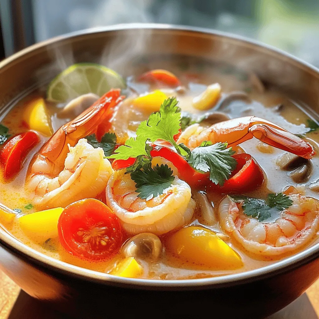 - 1 lb large shrimp, peeled and deveined - 1 can (13.5 oz) coconut milk - 2 cups chicken or vegetable broth - 1 tablespoon red curry paste - 1 tablespoon fresh ginger, minced - 2 garlic cloves, minced - 1 stalk lemongrass, trimmed and smashed or lemongrass paste - 1 bell pepper, thinly sliced (red or yellow) - 1 cup mushrooms, sliced (shiitake or button mushrooms) - 1 cup cherry tomatoes, halved - Fresh cilantro leaves for garnish - Juice of 1 lime - Salt and pepper to taste This recipe brings a burst of flavor to your table. Each ingredient plays a key role in creating that rich, spicy, and creamy soup. The shrimp adds a nice protein kick, while the coconut milk provides a smooth, sweet base. The red curry paste gives it that spicy depth we all crave. Fresh ginger and garlic add warmth and aroma, making your kitchen smell divine. The vegetables contribute both color and nutrition. Bell peppers add crunch and sweetness. Mushrooms lend an earthy taste that pairs perfectly with the other ingredients. Cherry tomatoes offer a juicy pop that brightens every bite. Finally, a squeeze of lime juice and fresh cilantro elevate the dish, adding freshness and zing. To make this soup truly yours, feel free to check out the Full Recipe for more details and tips. Enjoy cooking! - Heat a splash of vegetable oil in a large pot over medium heat. - Add minced ginger and garlic. Sauté for about 1 minute until fragrant. - Stir in 1 tablespoon of red curry paste. Mix well for another minute. - Carefully pour in 2 cups of chicken or vegetable broth. Bring to a gentle simmer. - Gradually add 1 can of coconut milk. Stir to create a creamy mix. - If using fresh lemongrass, trim and smash the stalk, then add to the pot. - Introduce sliced bell pepper and mushrooms to the pot. Cook for 5-7 minutes. - Add 1 lb of shrimp and halved cherry tomatoes. Cook for 3-4 minutes until shrimp turns pink. - Remove the lemongrass stalk if used. Mix in 1 tablespoon of fish sauce and lime juice. - Taste the soup and season with salt and pepper to your liking. Follow these steps for a delicious Spicy Thai Coconut Shrimp Soup. For the full recipe, refer to the recipe section above. Using fresh ingredients boosts the soup's taste. Fresh shrimp, ripe tomatoes, and vibrant herbs add life. You can adjust spice levels to your liking. If you want more heat, add chili flakes or Sriracha. Start with a small amount and taste as you go. Do not overcook the shrimp. They only need about 3-4 minutes to cook through. Overcooking makes them tough. Add vegetables like bell peppers and mushrooms at the right time. Give them about 5-7 minutes to soften but still stay crisp. This keeps the soup lively and full of texture. Choose bowls that show off the soup's colors. A deep bowl works well for serving. You can garnish with fresh cilantro for a bright touch. Squeeze extra lime juice on top for added zing. A sprinkle of chili flakes also adds a nice pop of color and flavor. For the full recipe, check out [Full Recipe]. {{image_4}} You can easily adjust this soup to fit different diets. For a vegetarian or vegan option, simply swap shrimp for tofu or chickpeas. Use vegetable broth and a splash of soy sauce for flavor. This keeps the soup rich and tasty without any seafood. If you want to try different seafood, consider using scallops or fish. These can add a unique taste and texture to your soup. Just make sure to adjust cooking times so everything stays tender. This soup pairs well with rice or noodles. Serve it over jasmine rice for a hearty meal. You can also add rice noodles for a fun twist. These options soak up the soup's rich flavors. For side dishes, you might enjoy a fresh salad or spring rolls. A simple cucumber salad can balance the heat and creaminess. It adds a nice crunch and freshness to your meal. Feel free to get creative with your soup! You can add veggies like zucchini or spinach for extra nutrition. Just toss them in when you add the bell pepper. They cook quickly and blend well with the other flavors. Exploring different curry pastes can also change the dish. Try green or yellow curry paste for a new flavor profile. Each paste brings its own unique taste, making your soup exciting each time you make it. For the full recipe, visit [Full Recipe]. To store leftovers, let the soup cool. Then, transfer it to an airtight container. This keeps it fresh and prevents spills. Store it in the fridge for up to three days for best taste. If you want it to last longer, freezing is a great option. When you reheat the soup, do it slowly. Use a pot on low heat. Stir often to keep the texture smooth. You can also use a microwave, but heat it in bursts. Stir after each burst to avoid hot spots. This way, the flavors stay strong and delicious. To freeze the soup, let it cool completely first. Pour it into freezer-safe containers, leaving space at the top. This allows for expansion. You can freeze it for up to three months. When you are ready to eat, defrost it in the fridge overnight. Reheat it on low heat, stirring frequently. This keeps the soup tasty and creamy. Enjoy this amazing soup again and again! For the full recipe, check out the earlier section. How to make Spicy Thai Coconut Shrimp Soup spicy? To add heat, use more red curry paste. You can also add fresh chilies or chili flakes. Adjust the spice based on your taste. Start small and taste as you go. Can I use canned shrimp instead of fresh? While you can use canned shrimp, I recommend fresh for the best flavor and texture. Fresh shrimp gives a nice, firm bite. Canned shrimp can be softer and less tasty. Is it possible to make this recipe ahead of time? Yes! You can prepare the soup in advance. Just store it in the fridge for up to three days. Reheat gently before serving. Add fresh lime juice and cilantro just before serving for the best flavor. Where does Spicy Thai Coconut Shrimp Soup come from? This soup hails from Thailand. It combines the rich flavors of coconut milk with fresh herbs and spices. It's a popular dish in Thai cuisine, enjoyed for its warmth and comfort. What are the health benefits of coconut milk? Coconut milk is creamy and delicious. It contains healthy fats that can boost energy. It also has vitamins and minerals like magnesium and manganese. Plus, it can help improve digestion. How to peel and devein shrimp at home? To peel shrimp, hold it firmly and twist off the head. Remove the shell by pulling it from the body. Use a small knife to make a shallow cut along the back. Remove the dark vein with a toothpick or your fingers. Can I substitute other types of meat in this recipe? Yes! You can use chicken or tofu as a substitute. Adjust cooking times accordingly. Chicken should be cooked through, while tofu is ready when heated. Enjoy experimenting with different proteins! This blog post explored how to make a delicious Spicy Thai Coconut Shrimp Soup. You learned about the essential ingredients, step-by-step instructions, and clever tips for best results. Flavors shine when you use fresh ingredients and pay attention to cooking times. Variations allow you to adapt this soup to fit your diet. Proper storage and reheating ensure that leftovers remain tasty. With these insights, you can create a soup that delights every time you serve it. Enjoy this tasty adventure!