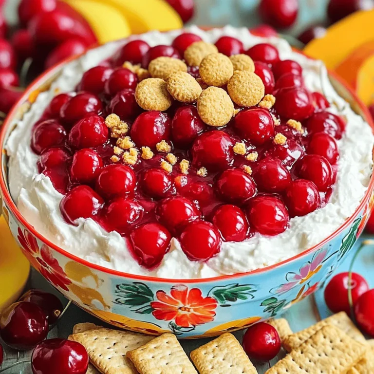 To make Cherry Cheesecake Dip, you need a few key items. These ingredients come together to create a creamy and sweet treat. Here’s what you’ll need: - 8 oz cream cheese, softened to room temperature - 1/2 cup powdered sugar - 1 teaspoon vanilla extract - 1 cup sour cream - 1 cup cherry pie filling (divided) - 1/4 cup crushed graham crackers These main ingredients build the rich base of the dip. Cream cheese gives it a smooth and creamy texture. Sour cream adds a tangy note, balancing the sweetness. You can make your dip even more special with a few extra touches. Here are some optional garnishes: - Fresh cherries, pitted and halved Adding fresh cherries on top looks great and tastes delicious. They add a pop of color and freshness to your dip. Dippers are essential for enjoying the dip. They add fun and flavor. Here are some great options: - Graham crackers - Apple slices - Pear slices - Pretzels Each dipper brings its own taste. The sweet crunch of graham crackers pairs well with the cherry dip. Apple and pear slices add a fresh crunch, while pretzels offer a salty contrast. For the full recipe, check out the details to create this delightful dip! Start by gathering all your ingredients. You need cream cheese, powdered sugar, vanilla, sour cream, cherry pie filling, crushed graham crackers, and dippers. Make sure the cream cheese is soft. This helps it mix smoothly. A good tip is to take it out of the fridge about an hour before you start. In a medium bowl, beat the softened cream cheese with an electric mixer. Mix it for about 2 to 3 minutes until it is smooth. Next, add the powdered sugar. Mix this well until there are no lumps. This should take about a minute. Now, pour in the vanilla extract and sour cream. Keep mixing for another 2 to 3 minutes. The mix should be light and fluffy. Then, gently fold in half of the cherry pie filling using a spatula. Be careful to keep the mixture airy. Save the rest of the cherry filling for later. Now, transfer the cheesecake dip to a nice serving dish. Use a spatula to smooth the top for a clean look. Spoon the reserved cherry pie filling on top. Spread it evenly for a pretty finish. Next, sprinkle the crushed graham crackers over the cherries. This adds a nice crunch to your dip. To let the flavors blend, put the dip in the fridge for about 30 minutes. Serve it chilled with your favorite dippers arranged around it. This makes a fun and tasty dessert! For the full recipe, you can check the main sections above. To get that silky smooth dip, start with room-temperature cream cheese. Cold cream cheese clumps and does not mix well. Mix it in a bowl for about 2-3 minutes. This makes it light and fluffy. When adding powdered sugar, do it slowly. This helps avoid lumps. Mixing on medium speed works best to blend in the sour cream and vanilla. Always fold in the cherry pie filling gently so the mix stays airy. The goal is a creamy and dreamy texture. Choose a bright bowl for your dip. A colorful bowl highlights the cherries. After smoothing the top, add the reserved cherry pie filling. This creates a pretty layer on top. Sprinkle crushed graham crackers evenly over the cherries. This adds crunch and looks nice. For a fun touch, place fresh cherries on top. It adds a pop of color and freshness. Serve this dip cold for the best taste. Arrange your dippers around the bowl. Use graham crackers, apple slices, or pretzels. Each dipper adds a fun twist to the flavor. You can also add a small plate of extra cherries for those who want more. This Cherry Cheesecake Dip is a crowd-pleaser at parties. It makes a great snack or dessert. You can find the Full Recipe for all the details needed to make it just right. {{image_4}} You can change the flavor of this dip easily. Try adding chocolate for a rich twist. Mix in cocoa powder or melted chocolate. For a bright taste, use lemon zest and juice. This gives a fresh zing to the dip. You can even use different fruits, like strawberries or blueberries, for fun flavors. Your choice of dippers can make a big difference. While graham crackers are classic, try apple slices for a sweet crunch. Pretzels add a salty bite that pairs well with the dip. You can also use cookie sticks or vanilla wafers for a fun spin. Get creative and mix different dippers for a colorful spread. Kids love to help in the kitchen. You can let them add sprinkles on top for fun colors. Mini chocolate chips can give an extra sweet touch. If they like nuts, sprinkle some finely chopped pecans or almonds on top. These additions make the dip even more fun and tasty for little ones. Check out the Full Recipe to explore all the options! To store leftover cherry cheesecake dip, put it in an airtight container. Make sure the lid is tight. This will keep it fresh for up to three days. Always refrigerate it right after serving. This helps to keep the flavors strong and tasty. You can freeze this dip, but it may change texture. To freeze, place it in a freezer-safe container. Leave some space at the top. This is to allow for expansion. Label the container with the date. The dip can last up to two months in the freezer. When you're ready to eat it, transfer it to the fridge to thaw overnight. You don't need to reheat cherry cheesecake dip. It tastes best when served cold. If the dip seems a bit firm after freezing, let it sit out for a few minutes. This will help it soften. You can also mix it gently to restore its creamy texture. Enjoy it with fresh dippers after refreshing! For the full recipe, check out the previous section. Yes, you can make Cherry Cheesecake Dip ahead of time. It tastes even better after chilling. Just prepare it as normal and store it in the fridge. Cover it well to keep it fresh. I suggest letting it chill for at least 30 minutes before serving. This helps the flavors blend nicely. If you need a substitute for sour cream, try plain Greek yogurt. It has a similar texture and tangy flavor. You can also use cream cheese mixed with a little milk. This creates a smooth, creamy base. Both options work well in the dip. Yes, there are gluten-free options for your dippers. Use gluten-free graham crackers or rice cakes. Fresh fruit slices like apples and pears are also great choices. Pretzel sticks made from gluten-free flour add crunch too. With these options, everyone can enjoy the dip! You learned how to make Cherry Cheesecake Dip step-by-step. We covered key ingredients, mixing, and assembly. I shared tips to get the best texture and serve it well. You also discovered fun flavor variations and dippers. Lastly, we talked about storing and reheating leftovers. Enjoy this dip at parties or family nights. It’s easy, fun, and tasty. You won’t regret trying it!