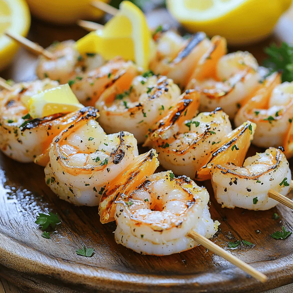 - 1 pound large shrimp, peeled and deveined - 3 tablespoons olive oil - 2 tablespoons fresh lemon juice - 1 tablespoon lemon zest (freshly grated) - 3 cloves garlic, minced - 1 teaspoon dried oregano - 1 teaspoon dried thyme For our Lemon Herb Grilled Shrimp Skewers, the main ingredients create a fresh and zesty flavor. Large shrimp work best for grilling. Their firm texture holds up well on skewers. Olive oil adds richness, while lemon juice and zest provide brightness. Garlic adds depth, and the dried herbs enhance the overall taste. - 1 teaspoon smoked paprika - Salt and pepper to taste - Fresh parsley, chopped (for garnish) Seasoning is key to delicious shrimp. Smoked paprika adds a subtle smokiness. Salt and pepper bring out the flavors, so adjust to your liking. I love to garnish with fresh parsley for a pop of color and flavor. - Wooden or metal skewers - Soaking recommendations for wooden skewers You can use either wooden or metal skewers. If you choose wooden skewers, soak them in water for at least 30 minutes. This step prevents them from burning on the grill. Metal skewers do not require soaking, but they can get very hot. Whichever you choose, skewers help keep the shrimp together for even cooking. For the full recipe, check out the Lemon Herb Grilled Shrimp Skewers section! 1. If you use wooden skewers, soak them in water for at least 30 minutes. This keeps them from burning on the grill. 2. To make the marinade, mix olive oil, lemon juice, lemon zest, minced garlic, oregano, thyme, smoked paprika, salt, and pepper in a bowl. Whisk until blended. - Let the shrimp soak in the marinade for 15-20 minutes. This time is key for adding flavor. - Coat the shrimp well, making sure each piece is covered in the mixture. This helps them taste great. - Preheat your grill to medium-high heat. A hot grill gives shrimp a nice sear. - When threading shrimp on skewers, place them snugly but not too tight. This allows even cooking. - Grill the shrimp for about 2-3 minutes on each side. Look for pink and opaque shrimp with slight char. - The shrimp should be firm but not hard. Overcooked shrimp can become rubbery, so watch carefully. - Once finished, let the skewers rest for a minute. This keeps the shrimp juicy. For the complete recipe, check out the Full Recipe section. To make your marinade pop, use fresh herbs. Parsley, cilantro, or basil work great. You can also add more lemon zest for extra zing. If you like it spicy, toss in some red pepper flakes. This adds a nice kick. Always taste your marinade before adding the shrimp. You want a balanced flavor. Control the grill temperature. Medium-high heat gives great grill marks. If it's too low, your shrimp will cook unevenly. Don't overcrowd the skewers. This helps each shrimp get nice heat. Watch your cooking time closely. Grill for 2-3 minutes per side. When shrimp turn pink and opaque, they are ready. Overcooking makes them tough, so stay alert! Serve your skewers with sides like grilled veggies or a crisp salad. A yogurt dip or tangy sauce pairs well too. For plating, use a large platter. Drizzle leftover marinade over the skewers. Garnish with fresh herbs and lemon wedges. This makes your dish look inviting and tasty. These little details impress your guests! If you want the full recipe, check out the Full Recipe link. {{image_4}} You can swap shrimp for chicken or tofu in this dish. Chicken breast works well and stays juicy when marinated. Cut it into bite-sized pieces for even cooking. Tofu is great if you want a plant-based option. Use firm tofu to hold its shape. For marinating, use the same lemon herb mix. Allow chicken to marinate for at least 30 minutes. Tofu needs about 15 minutes. This gives both proteins a burst of flavor. Feel free to change up the herbs. You can use cilantro or basil instead of oregano and thyme. These herbs add a fresh twist. If you like heat, try adding chili flakes or a dash of hot sauce to the marinade. This will spice things up. Another option is to play with citrus. Lime juice or zest can add a different zing. Mixing half lemon and half lime gives a fun flavor blend. If you don’t have a grill, don’t worry! You can bake or sauté the shrimp. For oven-baked shrimp, preheat your oven to 400°F (200°C). Spread the shrimp on a baking sheet and bake for about 8-10 minutes. Sautéing is another quick way to cook the shrimp. Heat a skillet over medium heat and add olive oil. Cook the shrimp for 2-3 minutes on each side. Both methods give you delicious, tender shrimp. For more ideas, check out the Full Recipe for Lemon Herb Grilled Shrimp Skewers. You can store cooked shrimp skewers in the fridge for up to three days. To keep them fresh, place them in an airtight container. This helps maintain the taste and texture. When you want to eat them again, reheat gently. Use a microwave or a skillet on low heat. Heat them just until warm. This will prevent the shrimp from becoming tough. Yes, you can freeze marinated shrimp. It’s best to do this before cooking. Place the shrimp in a freezer bag or container. Make sure to press out as much air as possible. This can keep them fresh for up to three months. When you’re ready to use them, thaw the shrimp in the fridge overnight. If you need them quickly, you can run the bag under cold water. Once thawed, cook them right away. Avoid refreezing any shrimp that has been thawed. This ensures the best flavor and texture. For cooking frozen shrimp, add a few minutes to your grilling time. Always check that the shrimp turns pink and opaque. This means they are done and safe to eat. For the full recipe, don't forget to check the detailed steps! For skewers, I recommend using large shrimp. They hold up well on the grill. Look for shrimp that are peeled and deveined. This saves time and makes prep easy. Jumbo shrimp are also great if you want a bigger bite. You can find them fresh or frozen. Always check for firm texture and a clean smell. The cooking time for shrimp skewers is quick. Grill them for about 2-3 minutes on each side. The shrimp should turn pink and opaque. If they curl up tightly, they are done. Avoid leaving them on the grill too long. Overcooked shrimp can become tough and rubbery. Yes, you can prepare the marinade ahead of time. Mix it up and store it in the fridge. Marinating the shrimp for 15-20 minutes is best. However, if you let them soak longer, the flavors deepen. Just be careful not to marinate too long, as the acid can toughen the shrimp. Yes, soaking wooden skewers is important. Soak them in water for at least 30 minutes before grilling. This helps prevent burning on the grill. If you skip this step, your skewers may catch fire. Metal skewers do not need soaking and can be used right away. Lemon herb grilled shrimp skewers pair well with many sides. Consider serving them with grilled vegetables or a fresh salad. Rice or quinoa can also make a nice addition. For a zesty touch, add lemon wedges and a dipping sauce. These options enhance the meal and create a colorful plate. Check out the Full Recipe for more ideas! In this blog post, we explored the key ingredients for lemon herb grilled shrimp skewers, like garlic and smoked paprika. I shared step-by-step grilling instructions and tips to perfect your meal. You can enhance flavors, try variations, and even learn how to store leftovers properly. The right shrimp and prep can make all the difference. Remember, your choices shape the meal's taste, so enjoy experimenting with flavors! Happy grilling!