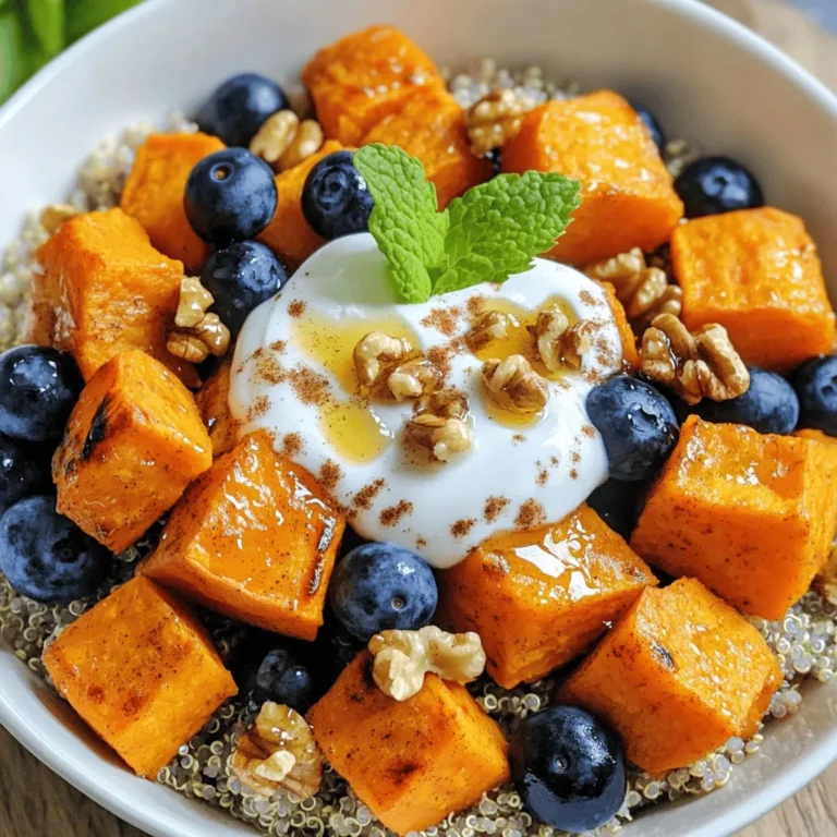 To make this sweet potato breakfast bowl, you need a few key ingredients. Here’s what you’ll need: - 1 large sweet potato, peeled and cut into 1-inch cubes - 1 tablespoon extra-virgin olive oil - 1 teaspoon ground cinnamon - 1/2 teaspoon ground nutmeg - 1/4 teaspoon fine sea salt - 1/4 cup cooked quinoa (white, red, or a mix) - 1/4 cup Greek yogurt (or your choice of dairy-free yogurt) - 1 tablespoon pure maple syrup (or agave syrup for a vegan option) - 1/4 cup fresh blueberries, rinsed - 1 tablespoon chopped walnuts (optional, for crunch) - Fresh mint leaves, for garnish These ingredients create a warm and filling breakfast. Sweet potatoes give you energy and are packed with vitamins. Quinoa adds protein, making this dish balanced. You can customize your breakfast bowl with extra toppings. Here are some great options: - Sliced bananas for added sweetness - Chia seeds for a nutrient boost - Coconut flakes for a tropical flavor - Almond butter for creaminess and healthy fats Feel free to mix and match these toppings. They can change the taste and make your bowl unique. Each serving of this sweet potato breakfast bowl is healthy and nourishing. Here’s a rough breakdown of what you’ll get: - Calories: Approximately 350 - Protein: About 10 grams - Carbohydrates: Around 60 grams - Fiber: Roughly 10 grams - Fat: About 8 grams This bowl is not just tasty; it also gives you a good start to your day. You’ll feel full and satisfied, ready to take on whatever comes next. For the complete recipe, check out the Full Recipe section. Start by preheating your oven to 400°F (200°C). This step is key for perfect roasting. While the oven heats, take one large sweet potato. Peel it and cut it into 1-inch cubes. In a mixing bowl, combine the sweet potato cubes with one tablespoon of extra-virgin olive oil, one teaspoon of ground cinnamon, half a teaspoon of ground nutmeg, and a quarter teaspoon of fine sea salt. Toss everything together until the sweet potatoes are well coated. Spread the sweet potatoes on a baking sheet lined with parchment paper. Make sure they are in a single layer for even cooking. Roast them for 25-30 minutes. Halfway through, flip the cubes to ensure they get golden and fork-tender. While the sweet potatoes roast, it’s time to cook the quinoa. If you have pre-cooked quinoa, you can skip this step. For uncooked quinoa, measure out one-quarter cup. Rinse it under cold water to remove any bitterness. In a small pot, add the rinsed quinoa and double the water. Bring it to a boil, then reduce the heat to low. Cover and let it simmer for about 15 minutes. Once cooked, fluff the quinoa with a fork and set it aside. Now, let’s put everything together. In a separate bowl, mix one-quarter cup of Greek yogurt with one tablespoon of pure maple syrup. Stir until creamy. To build your breakfast bowl, start with a scoop of quinoa as the base. Layer the roasted sweet potatoes on top. Add a generous dollop of the yogurt mix for creaminess. Scatter fresh blueberries over the bowl for a sweet burst. If you want some crunch, sprinkle chopped walnuts on top. Finally, add fresh mint leaves for a lovely touch. Enjoy your Sweet Potato Breakfast Bowl! For the full recipe, check the recipe section. To get the best flavor, cut your sweet potatoes into even cubes. Aim for 1-inch pieces. This size helps them cook at the same rate. Coat them well with olive oil and spices. This gives a nice caramelized finish. Be sure to spread them out on the baking sheet. Crowding them can make them steam instead of roast. Flip the cubes halfway through cooking. This ensures they brown evenly and turn tender. You can change the flavors to fit your taste. For a spicy kick, add cayenne pepper or chili powder. If you love sweet, try adding a sprinkle of brown sugar. You can also swap the cinnamon for pumpkin spice. If you want a fresh taste, mix in some orange zest. This adds a bright note. Experiment with different yogurt flavors, too. Vanilla or coconut can change the vibe of your bowl. You can make this breakfast bowl ahead of time. Roast extra sweet potatoes and store them in the fridge. They stay good for about four days. Quinoa is also great for meal prep. Cook a big batch and use it throughout the week. When ready to eat, just warm everything up. This saves time on busy mornings. For a quick breakfast, combine all ingredients in a bowl. This Sweet Potato Breakfast Bowl is easy to enjoy any day. Check out the Full Recipe for all the details! {{image_4}} You can switch up the sweet potato breakfast bowl in fun ways. Try adding sautéed spinach or kale for a green boost. These greens add great flavor and nutrition. You can also include diced bell peppers or cherry tomatoes for a fresh taste. If you want more protein, add scrambled eggs or tofu. These changes give your bowl a savory kick that’s sure to please. For a sweeter bowl, add fruits like sliced bananas, strawberries, or peaches. Each fruit brings its own flavor. Try mixing in diced apples for a crunch. You can also top your bowl with coconut flakes for a tropical vibe. This way, you can create a new bowl each time. Just think about what fruits you enjoy most! If you want a vegan twist, there are easy swaps. Use almond or coconut yogurt instead of Greek yogurt. For sweetness, agave syrup works as a great substitute for maple syrup. You can also skip the walnuts if you prefer a nut-free bowl. These simple swaps keep your breakfast healthy and vegan-friendly while still being delicious! For the complete recipe, check out the [Full Recipe]. Once you make your sweet potato breakfast bowl, you can keep it in the fridge. Store it in an airtight container. It stays fresh for up to three days. If you plan to eat it later, wait to add yogurt and toppings until just before serving. This helps keep everything tasty and fresh. To reheat your breakfast bowl, use the microwave. Place the bowl in the microwave and heat for about one to two minutes. Stir halfway through to heat it evenly. You can also reheat it in a pan over low heat. Add a little water or oil to keep it moist. Stir until warmed through. If you want to make this meal ahead, you can freeze it. However, I recommend freezing only the sweet potatoes and quinoa. They freeze well and can last up to three months. You can also place them in separate bags or containers. When ready to eat, thaw them overnight in the fridge. Then, reheat and add yogurt and toppings for the best taste. Yes, you can make this recipe ahead of time. Cook the sweet potatoes and quinoa first. Store them in separate containers in the fridge. When ready to eat, just reheat them. Add yogurt and toppings fresh for the best taste. This way, you save time on busy mornings. You can mix in many fun ingredients. Here are some ideas: - Sliced bananas or strawberries for extra sweetness - Chia seeds for added fiber - Almond butter for creaminess and flavor - Spinach or kale for a healthy boost - Different nuts like pecans or almonds for crunch Feel free to get creative and make it your own! Yes, this recipe is gluten-free! Sweet potatoes and quinoa are both gluten-free grains. Just make sure any add-ins and toppings you choose are also gluten-free. This makes it great for anyone avoiding gluten while still enjoying a tasty breakfast. You can enjoy this bowl without worry! Sweet potato breakfast bowls pack a tasty punch and are easy to make. We covered the main ingredients, cooking steps, and fun add-ins. You can customize the bowl to suit your taste, too. Remember to follow the tips for the best results. Store leftovers safely, and feel free to experiment with new flavors. This dish is healthy, satisfying, and perfect for busy mornings or meal prep. Enjoy creating your own version!