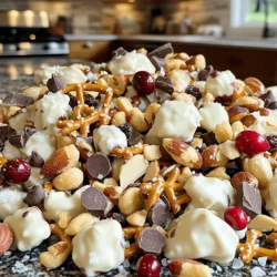 - 2 cups mixed nuts (almonds, cashews, walnuts) - 1 cup dried cranberries - 1 cup mini pretzels, broken into smaller pieces - 1 cup dark chocolate chips - 2 cups white chocolate chips - 1 teaspoon coarse sea salt You can switch mixed nuts for seeds like pumpkin or sunflower seeds. These seeds add a nice crunch too. For dried fruits, use raisins or apricots if you prefer. They will change the taste a bit but will still be great. You can also swap dark chocolate for milk chocolate. Milk chocolate will make the clusters sweeter. Just keep in mind that dark chocolate has a richer flavor. If you want to explore more, you can check the Full Recipe for other fun ideas! - Preparing the baking sheet: First, grab a large baking sheet. Line it with parchment paper. This makes cleanup easy and helps the clusters not stick. Set the baking sheet aside for now. - Mixing the dry ingredients: In a big bowl, combine 2 cups of mixed nuts, 1 cup of dried cranberries, and 1 cup of broken mini pretzels. Use your hands or a spatula to mix well. Make sure everything is spread out evenly. - Melting the white chocolate: Take a microwave-safe bowl and pour in 2 cups of white chocolate chips. Heat in the microwave for 30 seconds at a time. Stir between each heating. Keep going until the chocolate is smooth and lump-free. - Incorporating dark chocolate: Once the white chocolate is melted, pour it over your trail mix. Use a spatula to fold it all together. Make sure everything gets coated. Then, add 1 cup of dark chocolate chips. Gently mix until they are just combined. This adds a rich flavor. - Shaping the clusters: Using a spoon, scoop out mounds of the mix. Drop them onto your prepared baking sheet. Shape them into clusters that are about 2 inches apart. This helps them separate easily later. - Refrigerating the clusters: Place the baking sheet in the fridge. Let the clusters chill for about 30 minutes. This helps the chocolate harden and the clusters firm up. - Storage tips for freshness: After they are set, take the clusters off the parchment paper. Store them in an airtight container. You can keep them at room temperature for a week. If you want them to last longer, place them in the fridge. To make the best white chocolate trail mix clusters, start with even chocolate coating. Melt your white chocolate slowly. Stir it every 30 seconds. This helps it melt evenly. Once smooth, pour it over your mix. Use a spatula to fold carefully. This ensures every piece gets coated without clumping. Avoid clumping by mixing thoroughly. When you add the chocolate, fold gently. If you mix too hard, ingredients may stick together. Aim for clusters where each piece stands out. This makes the final snack look great. Serving your clusters can be fun and creative. Use mini cupcake liners for a cute touch. They make perfect party snacks. You can also arrange them on a colorful platter. Add extra sea salt on top for a pop of flavor and color. This small detail makes your clusters more appealing. Think about using decorative bowls or jars. They can add charm to your table. If you are hosting, it becomes a great conversation starter too! One common mistake is overheating the chocolate. If you heat it too quickly, it can seize up. Always melt in small bursts and stir often. This keeps your chocolate smooth. Another mistake is not allowing clusters to set properly. After shaping, place them in the fridge for 30 minutes. This helps them harden and keeps their shape. Skipping this step can lead to messy clusters. Follow these tips for tasty and beautiful snacks! {{image_4}} You can easily change the taste of your clusters. Try adding spices like cinnamon or nutmeg. A splash of vanilla or almond extract also works well. These small changes can bring a new twist. You can also swap in different dried fruits. Consider using apricots or raisins instead of cranberries. These fruits add unique flavors and colors. If you want a healthier snack, reduce the sugar content. You can cut back on white chocolate chips. Using dark chocolate exclusively is another great option. Dark chocolate has less sugar and more antioxidants. It can make your clusters rich and tasty. Add fun mix-ins for special occasions. For the holidays, consider adding peppermint bits or crushed candy canes. In fall, try pumpkin spice or dried apple pieces. These festive touches can make your clusters even more exciting. Each season brings new flavors to explore. To keep your clusters fresh, use airtight containers. Glass jars or plastic containers work well. Make sure the container seals tightly. This helps keep moisture out. When stacking clusters, place parchment paper between layers. This prevents sticking. If you want to save space, use a flat container. Just keep the clusters in a single layer. At room temperature, these clusters stay fresh for about a week. Make sure to store them away from heat and sunlight. If you put them in the fridge, they can last longer. Refrigerated clusters can stay fresh for up to two weeks. Just remember, the cold can make them a bit firmer. If you have leftover nuts or dried fruits, try adding them to your breakfast. Toss them into oatmeal or yogurt. You can also mix them into cookies or muffins. If you have extra clusters, chop them up and use them as a topping. They make a great addition to ice cream or smoothies. White chocolate trail mix clusters can last up to a week at room temperature. If you store them in the fridge, they may last longer. Just keep them in an airtight container to maintain freshness. Yes, you can make vegan clusters! Use dairy-free white chocolate chips instead of regular ones. Ensure that the other ingredients, like nuts and dried fruit, are also vegan-friendly. You can find pre-made clusters at many grocery stores or specialty shops. Look in the snack aisle or the section for gourmet treats. Health food stores may offer organic options too. You can add a pinch of cinnamon or nutmeg for warmth. Consider mixing in coconut flakes, mini marshmallows, or even a dash of chili powder for a unique kick. Get creative! Absolutely! White chocolate chips work well in cookies, brownies, or melted as a topping for desserts. They add a sweet touch when drizzled over cakes or fruit. Making white chocolate trail mix clusters is easy and fun. You can whip them up in under an hour, and they are perfect for snacks or parties. Here’s how to make them. - 2 cups mixed nuts (almonds, cashews, walnuts) - 1 cup dried cranberries - 1 cup mini pretzels, broken into smaller pieces - 1 cup dark chocolate chips - 2 cups white chocolate chips - 1 teaspoon coarse sea salt 1. Prepare the Baking Sheet: Start by lining a large baking sheet with parchment paper. This will help the clusters not stick. 2. Mix the Dry Ingredients: In a big bowl, combine the mixed nuts, dried cranberries, and broken pretzels. Toss well to mix them evenly. 3. Melt the White Chocolate: Put the white chocolate chips in a microwave-safe bowl. Heat them in the microwave for 30 seconds. Stir well and repeat until they are smooth and lump-free. 4. Combine Ingredients: Pour the melted white chocolate over the nut mix. Use a spatula to fold everything together until all pieces are covered. 5. Incorporate Dark Chocolate: Gently add the dark chocolate chips. Fold them in without breaking the clusters. 6. Form the Clusters: Use a spoon or scoop to drop mounds of the mix onto the prepared sheet. Space them about 2 inches apart. 7. Garnish: Sprinkle coarse sea salt on top of each cluster. This adds a nice contrast of flavor. 8. Set the Clusters: Place the baking sheet in the fridge for 30 minutes. This helps the chocolate set and the clusters harden. 9. Store and Enjoy: Once set, take the clusters off the parchment. Store them in an airtight container at room temperature for about a week. You can also refrigerate them for longer freshness. Serve the clusters in mini cupcake liners for a fun snack. Arrange them on a platter with a sprinkle of extra sea salt for a nice touch. Enjoy making these tasty white chocolate trail mix clusters! They are sure to please everyone. You learned how to make tasty white chocolate trail mix clusters. We covered the ingredients, fun tips, and how to store them. You can swap nuts or chocolates to fit your taste. Remember to let the clusters set to avoid a messy treat. Try festive flavors to make them special. These clusters are a fun snack for any occasion. Enjoy making your own unique version and sharing it with others!