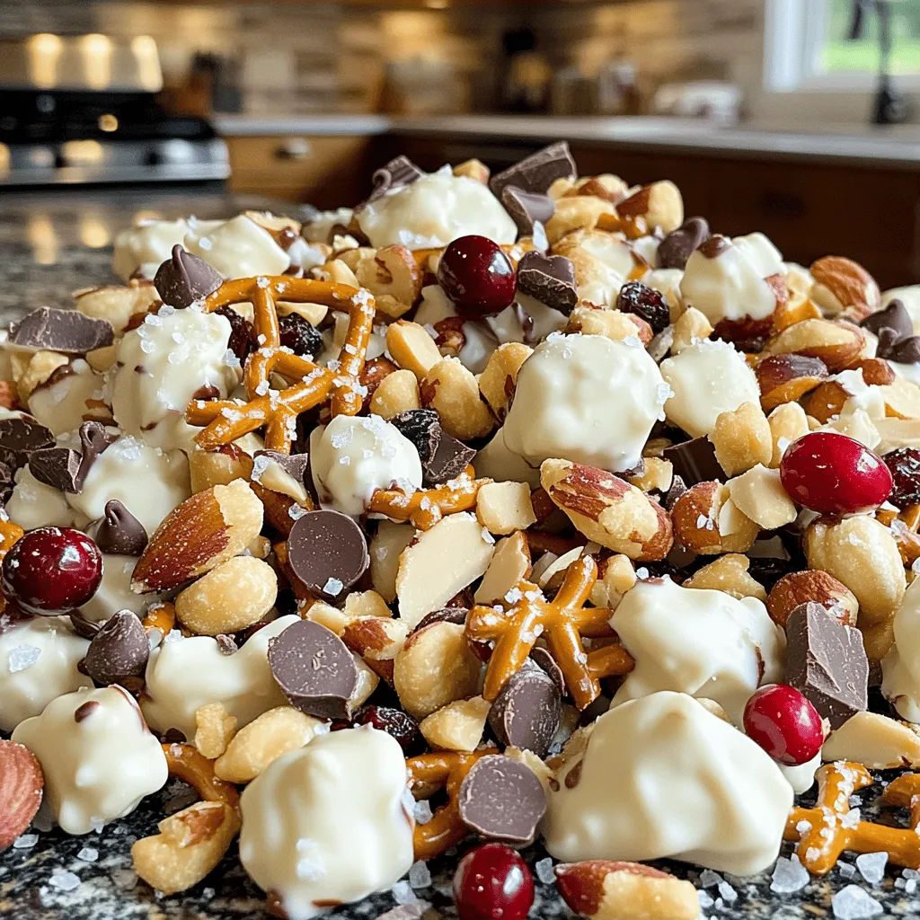 - 2 cups mixed nuts (almonds, cashews, walnuts) - 1 cup dried cranberries - 1 cup mini pretzels, broken into smaller pieces - 1 cup dark chocolate chips - 2 cups white chocolate chips - 1 teaspoon coarse sea salt You can switch mixed nuts for seeds like pumpkin or sunflower seeds. These seeds add a nice crunch too. For dried fruits, use raisins or apricots if you prefer. They will change the taste a bit but will still be great. You can also swap dark chocolate for milk chocolate. Milk chocolate will make the clusters sweeter. Just keep in mind that dark chocolate has a richer flavor. If you want to explore more, you can check the Full Recipe for other fun ideas! - Preparing the baking sheet: First, grab a large baking sheet. Line it with parchment paper. This makes cleanup easy and helps the clusters not stick. Set the baking sheet aside for now. - Mixing the dry ingredients: In a big bowl, combine 2 cups of mixed nuts, 1 cup of dried cranberries, and 1 cup of broken mini pretzels. Use your hands or a spatula to mix well. Make sure everything is spread out evenly. - Melting the white chocolate: Take a microwave-safe bowl and pour in 2 cups of white chocolate chips. Heat in the microwave for 30 seconds at a time. Stir between each heating. Keep going until the chocolate is smooth and lump-free. - Incorporating dark chocolate: Once the white chocolate is melted, pour it over your trail mix. Use a spatula to fold it all together. Make sure everything gets coated. Then, add 1 cup of dark chocolate chips. Gently mix until they are just combined. This adds a rich flavor. - Shaping the clusters: Using a spoon, scoop out mounds of the mix. Drop them onto your prepared baking sheet. Shape them into clusters that are about 2 inches apart. This helps them separate easily later. - Refrigerating the clusters: Place the baking sheet in the fridge. Let the clusters chill for about 30 minutes. This helps the chocolate harden and the clusters firm up. - Storage tips for freshness: After they are set, take the clusters off the parchment paper. Store them in an airtight container. You can keep them at room temperature for a week. If you want them to last longer, place them in the fridge. To make the best white chocolate trail mix clusters, start with even chocolate coating. Melt your white chocolate slowly. Stir it every 30 seconds. This helps it melt evenly. Once smooth, pour it over your mix. Use a spatula to fold carefully. This ensures every piece gets coated without clumping. Avoid clumping by mixing thoroughly. When you add the chocolate, fold gently. If you mix too hard, ingredients may stick together. Aim for clusters where each piece stands out. This makes the final snack look great. Serving your clusters can be fun and creative. Use mini cupcake liners for a cute touch. They make perfect party snacks. You can also arrange them on a colorful platter. Add extra sea salt on top for a pop of flavor and color. This small detail makes your clusters more appealing. Think about using decorative bowls or jars. They can add charm to your table. If you are hosting, it becomes a great conversation starter too! One common mistake is overheating the chocolate. If you heat it too quickly, it can seize up. Always melt in small bursts and stir often. This keeps your chocolate smooth. Another mistake is not allowing clusters to set properly. After shaping, place them in the fridge for 30 minutes. This helps them harden and keeps their shape. Skipping this step can lead to messy clusters. Follow these tips for tasty and beautiful snacks! {{image_4}} You can easily change the taste of your clusters. Try adding spices like cinnamon or nutmeg. A splash of vanilla or almond extract also works well. These small changes can bring a new twist. You can also swap in different dried fruits. Consider using apricots or raisins instead of cranberries. These fruits add unique flavors and colors. If you want a healthier snack, reduce the sugar content. You can cut back on white chocolate chips. Using dark chocolate exclusively is another great option. Dark chocolate has less sugar and more antioxidants. It can make your clusters rich and tasty. Add fun mix-ins for special occasions. For the holidays, consider adding peppermint bits or crushed candy canes. In fall, try pumpkin spice or dried apple pieces. These festive touches can make your clusters even more exciting. Each season brings new flavors to explore. To keep your clusters fresh, use airtight containers. Glass jars or plastic containers work well. Make sure the container seals tightly. This helps keep moisture out. When stacking clusters, place parchment paper between layers. This prevents sticking. If you want to save space, use a flat container. Just keep the clusters in a single layer. At room temperature, these clusters stay fresh for about a week. Make sure to store them away from heat and sunlight. If you put them in the fridge, they can last longer. Refrigerated clusters can stay fresh for up to two weeks. Just remember, the cold can make them a bit firmer. If you have leftover nuts or dried fruits, try adding them to your breakfast. Toss them into oatmeal or yogurt. You can also mix them into cookies or muffins. If you have extra clusters, chop them up and use them as a topping. They make a great addition to ice cream or smoothies. White chocolate trail mix clusters can last up to a week at room temperature. If you store them in the fridge, they may last longer. Just keep them in an airtight container to maintain freshness. Yes, you can make vegan clusters! Use dairy-free white chocolate chips instead of regular ones. Ensure that the other ingredients, like nuts and dried fruit, are also vegan-friendly. You can find pre-made clusters at many grocery stores or specialty shops. Look in the snack aisle or the section for gourmet treats. Health food stores may offer organic options too. You can add a pinch of cinnamon or nutmeg for warmth. Consider mixing in coconut flakes, mini marshmallows, or even a dash of chili powder for a unique kick. Get creative! Absolutely! White chocolate chips work well in cookies, brownies, or melted as a topping for desserts. They add a sweet touch when drizzled over cakes or fruit. Making white chocolate trail mix clusters is easy and fun. You can whip them up in under an hour, and they are perfect for snacks or parties. Here’s how to make them. - 2 cups mixed nuts (almonds, cashews, walnuts) - 1 cup dried cranberries - 1 cup mini pretzels, broken into smaller pieces - 1 cup dark chocolate chips - 2 cups white chocolate chips - 1 teaspoon coarse sea salt 1. Prepare the Baking Sheet: Start by lining a large baking sheet with parchment paper. This will help the clusters not stick. 2. Mix the Dry Ingredients: In a big bowl, combine the mixed nuts, dried cranberries, and broken pretzels. Toss well to mix them evenly. 3. Melt the White Chocolate: Put the white chocolate chips in a microwave-safe bowl. Heat them in the microwave for 30 seconds. Stir well and repeat until they are smooth and lump-free. 4. Combine Ingredients: Pour the melted white chocolate over the nut mix. Use a spatula to fold everything together until all pieces are covered. 5. Incorporate Dark Chocolate: Gently add the dark chocolate chips. Fold them in without breaking the clusters. 6. Form the Clusters: Use a spoon or scoop to drop mounds of the mix onto the prepared sheet. Space them about 2 inches apart. 7. Garnish: Sprinkle coarse sea salt on top of each cluster. This adds a nice contrast of flavor. 8. Set the Clusters: Place the baking sheet in the fridge for 30 minutes. This helps the chocolate set and the clusters harden. 9. Store and Enjoy: Once set, take the clusters off the parchment. Store them in an airtight container at room temperature for about a week. You can also refrigerate them for longer freshness. Serve the clusters in mini cupcake liners for a fun snack. Arrange them on a platter with a sprinkle of extra sea salt for a nice touch. Enjoy making these tasty white chocolate trail mix clusters! They are sure to please everyone. You learned how to make tasty white chocolate trail mix clusters. We covered the ingredients, fun tips, and how to store them. You can swap nuts or chocolates to fit your taste. Remember to let the clusters set to avoid a messy treat. Try festive flavors to make them special. These clusters are a fun snack for any occasion. Enjoy making your own unique version and sharing it with others!