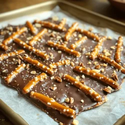 - 2 cups pretzel sticks - 1 cup semisweet chocolate chips - 1 cup caramel candies, unwrapped - 1/4 cup heavy cream - 1/2 teaspoon sea salt - 1/2 cup chopped pecans or walnuts (optional) If you need alternatives for pretzels, try using crunchy rice cereal or potato chips. These options still give that great salty flavor. For chocolate, you can use dark chocolate or milk chocolate if you prefer a sweeter taste. If someone has nut allergies, simply skip the chopped nuts or use seeds like pumpkin or sunflower seeds instead. Choosing the best chocolate makes a big difference in taste. Look for high-quality semisweet chocolate chips. Freshness of caramel candies matters too. Stale candies do not melt well. The sea salt adds a nice kick to the sweet flavors. It balances the taste, making every bite more enjoyable. 1. Preheat your oven to 350°F (175°C). This helps the bark bake evenly. 2. Line a baking sheet with parchment paper. This makes removal easy later. 3. Spread 2 cups of pretzel sticks on the lined baking sheet. Arrange them in a single layer. This ensures each pretzel gets caramel and chocolate. 1. In a small saucepan, mix 1 cup of unwrapped caramel candies and 1/4 cup of heavy cream. Heat them over medium heat. 2. Stir constantly until the caramel melts smoothly. This step is key for a nice coating. 3. Drizzle the warm caramel over the pretzels. Make sure each pretzel is coated well. 4. Place the baking sheet in the oven and bake for 5 to 7 minutes. Watch it closely so it doesn't burn. 1. After baking, remove the sheet from the oven. Sprinkle 1 cup of semisweet chocolate chips over the caramel. 2. Let the chocolate sit for 2-3 minutes. This softens it for easy spreading. 3. Use a spatula to spread the melted chocolate over the caramel pretzels. This creates a smooth topping. 4. If you wish, sprinkle 1/2 cup of chopped pecans or walnuts on top. This adds a nice crunch. 5. Finish by sprinkling 1/2 teaspoon of sea salt on top. This contrasts with the sweet flavors. 6. Let the bark cool at room temperature for about 30 minutes. Then, refrigerate it for at least 1 hour. This helps it set. 7. Once fully set, break the bark into pieces. Enjoy your delicious treat! 1. Overcooking the caramel Caramel can burn quickly. Stir it constantly while heating. Aim for a smooth, golden color. If it gets too dark, it will taste bitter. 2. Not melting chocolate properly Chocolate can seize if heated too fast. Use low heat and stir often. Let the chocolate sit on warm caramel for a few minutes to melt before spreading. - Use of microwave for melting You can melt chocolate and caramel in the microwave. Heat in short bursts of 30 seconds. Stir between each burst until smooth. - Pre-preparing ingredients Have everything ready before you start. Unwrap the caramel candies and measure your ingredients. This helps you keep track of each step. - Serving suggestions Serve your bark on a colorful platter. You can break it into fun shapes or keep it in large pieces for a dramatic look. - Creative packaging ideas for gifting Package the bark in clear jars or cellophane bags. Tie with a ribbon for a special touch. Add a label with the name of the treat for a personal feel. {{image_4}} You can easily change the taste of your chocolate caramel pretzel bark. Try adding extracts, like vanilla or almond, to the caramel. A few drops will boost the flavor. You can also mix in sprinkles for a fun pop of color. Choose colors that fit the season or theme of your event. If you need to make this bark gluten-free, look for gluten-free pretzel options. Many brands offer tasty choices that match well with the sweet toppings. For those who prefer vegan treats, swap the chocolate and caramel for dairy-free versions. There are many great vegan chocolates and caramels available. You can add a festive touch to your bark for holidays. Use red and green sprinkles for Christmas or pastel colors for Easter. Another idea is to sprinkle in seasonal spices, like cinnamon in the fall or peppermint in winter. These spices can make your bark feel extra special and festive. For the full recipe, check out the [Full Recipe]. To keep your chocolate caramel pretzel bark fresh, use an airtight container. A sturdy plastic or glass container works best. If you have multiple layers, separate them with parchment paper. This helps prevent sticking. You can store the bark at room temperature or in the fridge. Room temperature is fine for a few days. If it’s warm, the fridge is better. Chocolate caramel pretzel bark stays fresh for about two weeks when stored properly. Look for signs that it has gone bad. If you see any mold or an off smell, it’s time to toss it. The chocolate may also lose its shine and become dull, which affects taste. You can freeze chocolate caramel pretzel bark if you want to keep it longer. Wrap it tightly in plastic wrap, then place it in a freezer-safe bag. This keeps out air and moisture. When you’re ready to serve, take it out and thaw it in the fridge. It will be ready to enjoy after a few hours. Yes, you can make Chocolate Caramel Pretzel Bark ahead of time. It keeps well in the fridge. To store, place it in an airtight container. This will keep it fresh and tasty. If you want to prepare it earlier, make it a day or two in advance. Just remember to let it cool and set completely. If you don't have pretzels, you can use other snacks. Some good options include: - Rice cakes: Light and crispy, they give a nice crunch. - Corn chips: They add a salty bite. - Potato chips: These can offer a unique flavor twist. Each option will change the taste and texture. Pretzels give a balance of saltiness and crunch that others may not match. Absolutely! Feel free to get creative with your toppings. Here are some fun ideas: - M&Ms: Add color and sweetness. - Chopped dried fruit: This adds chewiness. - Coconut flakes: They bring a tropical flair. - Crushed cookies: These can give an extra crunch. Adding toppings can enhance the bark's flavor and texture. Just make sure they blend well with the chocolate and caramel. In this blog post, we explored how to make delicious Chocolate Caramel Pretzel Bark. We reviewed key ingredients and why quality matters. I shared simple step-by-step instructions and common mistakes to avoid. You learned creative ways to customize and store this treat. Using fresh, quality ingredients makes your bark stand out. Don’t forget to enjoy the making process. Have fun experimenting with flavors and toppings. It's all about sharing a tasty treat!
