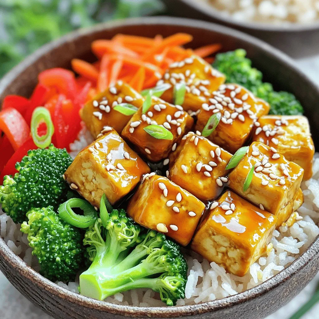 - 1 block of firm tofu, pressed and cut into bite-sized cubes - 1 cup jasmine or brown rice - 1 tablespoon sesame oil - 2 tablespoons low-sodium soy sauce - 2 tablespoons teriyaki sauce - 1 tablespoon maple syrup (or honey, if not vegan) - 1 tablespoon freshly grated ginger - 3 cloves fresh garlic, minced - 1 cup broccoli florets - 1 red bell pepper, thinly sliced - 1 medium carrot, julienned or sliced into thin matchsticks - 2 green onions, thinly sliced (for garnish) - Sesame seeds (for garnish) - Medium saucepan - Large non-stick skillet - Mixing bowl - Knife and cutting board - Measuring cups and spoons If you need to swap out some ingredients, here are a few ideas: - Tofu: You can use tempeh or seitan for a different texture. - Rice: Quinoa or cauliflower rice works well if you want a low-carb option. - Vegetables: Feel free to use any veggies you like. Bell peppers, snap peas, or spinach are great choices. - Soy Sauce: Coconut aminos can work if you're avoiding soy. - Maple Syrup: Agave syrup can replace maple syrup if you prefer. Each ingredient adds a unique flavor and texture to the dish. By customizing the ingredients, you can make this meal your own while still keeping it delicious. For the full recipe, check the instructions as you prepare your Teriyaki Tofu Rice Bowls. Start by rinsing 1 cup of jasmine or brown rice. Use cold water until it runs clear. This step helps remove excess starch. Next, place the rinsed rice in a medium saucepan. Add 2 cups of water. Bring it to a boil over high heat. Once boiling, lower the heat and cover it. Let it simmer for 15 to 20 minutes. The rice is done when all the water is gone and it’s tender. Fluff the rice with a fork and set it aside. While the rice cooks, take a large non-stick skillet. Heat 1 tablespoon of sesame oil over medium heat. When the oil shimmers, add the pressed tofu cubes. Cook them gently for 5 to 7 minutes. Turn the cubes occasionally. They should turn golden brown and crispy on all sides. In a small bowl, mix 2 tablespoons of low-sodium soy sauce, 2 tablespoons of teriyaki sauce, 1 tablespoon of maple syrup, 1 tablespoon of freshly grated ginger, and 3 minced garlic cloves. Whisk these ingredients until they blend well. Once the tofu is golden, pour this sauce mixture over the tofu. Stir gently to coat the tofu evenly. Cook for an additional 3 to 4 minutes. This allows the sauce to thicken and stick to the tofu. Now, add the vegetables to the skillet. Use 1 cup of broccoli florets, 1 sliced red bell pepper, and 1 julienned carrot. Sauté this mix for about 5 to 7 minutes. Stir regularly. The goal is to keep the vegetables tender yet crisp. Let their flavors meld with the tofu and sauce. To serve, take warm rice and divide it among bowls. Top each bowl with the teriyaki tofu and vegetable mix. For a nice touch, garnish with sliced green onions and sprinkle sesame seeds on top. This adds color and flavor to your meal. For more details on the recipe, check the Full Recipe. To get crispy tofu, start with firm tofu. Press it to remove extra water. This helps it fry better. Cut the tofu into small cubes. Heat sesame oil in a non-stick skillet over medium heat. Add the tofu cubes once the oil is hot. Cook them for 5-7 minutes. Turn them gently to brown all sides. The goal is a golden crust. For extra crispiness, don’t overcrowd the pan. If needed, cook in batches. Serve your teriyaki tofu over a bed of rice. You can use jasmine or brown rice. Top it with the tofu and veggies. For added flavor, drizzle some extra teriyaki sauce on top. Garnish with green onions and sesame seeds. Use colorful bowls for a nice look. This makes the meal more fun. You can pair this dish with a side salad or steamed edamame for a balanced meal. You can enjoy teriyaki tofu rice bowls with many sides. Try pickled ginger for a tangy kick. A light miso soup also works well. If you want more crunch, add some crispy seaweed snacks. Fresh fruit like mango or pineapple can add sweetness. For drinks, serve green tea or sparkling water. These pairings balance the flavors and make your meal shine. {{image_4}} If you want to change the protein in your teriyaki tofu rice bowls, there are tasty options. You can use tempeh for a nutty flavor and extra texture. Chickpeas are a great choice, too. They add protein and fiber. For meat lovers, chicken or shrimp can work well. Just cook them until tender and add them to the sauce. You can mix up the veggies in your rice bowl. Try snap peas for a sweet crunch or mushrooms for an earthy taste. Zucchini adds a nice texture, and baby corn is fun for kids. You can also toss in spinach or kale for added nutrients. Just be sure to adjust the cooking time so everything stays crisp and fresh. If you need a gluten-free meal, swap out soy sauce for tamari. Tamari tastes similar but has no wheat. Always check labels to ensure sauces are gluten-free. You can also use cauliflower rice instead of regular rice. This lowers carbs and adds more veggies. Your teriyaki tofu rice bowl will still be delicious! For the full recipe, refer to the Teriyaki Tofu Rice Bowls section. To store your leftover teriyaki tofu rice bowls, let them cool first. Transfer the food into an airtight container. This helps keep it fresh. Place the container in the fridge. Your leftovers will stay good for up to four days. When you are ready to eat the leftovers, take them out of the fridge. You can reheat in the microwave or on a stove. For the microwave, place the bowl in for about 2-3 minutes. Stir halfway through to heat evenly. For stovetop reheating, warm in a non-stick skillet over medium heat for about 5 minutes. Stir often to avoid sticking. If you want to save the teriyaki tofu rice bowls for later, freezing is a great option. Pack the cooled meal in a freezer-safe container. Make sure to leave some space for expansion. You can freeze it for up to three months. When you’re ready to eat, thaw it overnight in the fridge before reheating. This keeps your meal tasty and fresh. For the complete recipe, check the full recipe. Yes, you can use frozen vegetables in this recipe. They are a great time-saver and often still taste good. Just remember to adjust cooking time. You may need to sauté them a bit longer to heat through. This keeps your dish colorful and nutritious. If you don’t have teriyaki sauce, use soy sauce mixed with a bit of honey or maple syrup. You can also add a splash of rice vinegar for tang. This creates a sweeter and more complex flavor. Experiment with different sauces until you find your favorite. Leftover teriyaki tofu can last in the fridge for about 3 to 4 days. Store it in an airtight container. Make sure to keep the rice separate to maintain its texture. This way, you can enjoy it again without losing flavor. Yes, this recipe is vegan-friendly! Just ensure you use maple syrup instead of honey. All ingredients are plant-based, making it a great option for vegans and vegetarians. Enjoy a wholesome and tasty meal that fits your dietary needs. For the full recipe, check out the earlier section. This blog post shared how to make delicious teriyaki tofu rice bowls. You learned about the key ingredients, tools, and helpful substitutions. Step-by-step, you saw how to cook rice, prepare tofu, and make a tasty sauce. We also covered tips for crispy tofu and serving ideas, as well as variations for different diets. Finally, you got insight on storing leftovers. Enjoy trying this recipe in your kitchen. It’s simple, fun, and full of flavor!