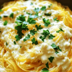 - 1 medium spaghetti squash - 1 cup cauliflower florets - 1 cup unsweetened almond milk - 2 tablespoons nutritional yeast - 2 cloves garlic, minced - 1 tablespoon olive oil - Salt and pepper to taste - Fresh parsley for garnish - Oven - Baking sheet - Steamer basket - High-speed blender - Fork The main star of this dish is the spaghetti squash. It has a mild taste and a fun texture. When cooked, it forms strands like pasta. You can find it in most grocery stores. Look for one that is firm and heavy for its size. Cauliflower adds creaminess to the sauce. It blends well and gives you a rich flavor. The unsweetened almond milk makes it lighter without dairy. Nutritional yeast adds a cheesy taste without actual cheese. Garlic gives a nice kick to the dish. You will need a few tools for this recipe. An oven will help roast the squash. A baking sheet keeps things tidy as the squash cooks. The steamer basket will help you soften the cauliflower. A high-speed blender makes the sauce smooth. Finally, a fork is essential for scraping the spaghetti squash. For the full recipe, check out the link provided. Enjoy preparing your creamy spaghetti squash Alfredo! 1. Preheat the oven to 400°F (200°C). This helps cook the squash well. 2. Slice the spaghetti squash in half lengthwise. Use a sharp knife for safety. Scoop out the seeds and stringy parts. - Drizzle olive oil on each half. - Sprinkle with salt and pepper to taste. - Place the squash cut side down on a baking sheet. Roast for 30-40 minutes. It’s ready when tender and fork-friendly. - Steam the cauliflower florets until soft, about 7-10 minutes. - Blend the steamed cauliflower, almond milk, nutritional yeast, garlic, onion powder, salt, and pepper. Blend until smooth and creamy. - Use a fork to scrape the insides of the roasted squash. Get those long, spaghetti-like strands. - In a skillet over medium heat, mix the spaghetti strands with the creamy sauce. Toss gently and warm everything for 3-5 minutes. Follow these steps for a delightful Spaghetti Squash Alfredo experience. For more details, check the Full Recipe. - Choosing the right spaghetti squash: Look for a squash that feels heavy for its size. The skin should be firm and golden-yellow. Avoid any soft spots. - Tips for cooking evenly: Always cut the squash in half lengthwise. This allows heat to cook it from inside out. Roasting it cut side down helps steam the squash, making it tender and easy to scrape. - Adjusting texture and flavor: Blend the steamed cauliflower well for a creamy finish. If the sauce is too thick, add more almond milk. A pinch of nutmeg can add warmth, but taste as you go. - Enhancing nutritional value: Nutritional yeast adds a cheesy flavor while boosting vitamins. You can also add spinach or kale when blending for extra greens, making your dish even healthier. - Presentation tips: garnishing and serving options: Serve the dish in rustic bowls for a cozy feel. Top with freshly chopped parsley for color. Sprinkle more nutritional yeast on top for extra flavor. A lemon wedge on the side can add a fresh zing. For the full recipe, follow the link. {{image_4}} You can change some ingredients in this recipe for spaghetti squash Alfredo to suit your taste. For dairy-free milk, almond milk works well, but you can also try: - Coconut milk - Oat milk - Cashew milk These options add different flavors. If you want a different texture, consider using: - Zucchini - Broccoli - Carrots These veggies give a nice crunch and color to your dish. Want to boost the taste of your spaghetti squash Alfredo? You can add proteins like: - Grilled chicken - Shrimp - Tofu These ingredients make the meal more filling. You can also enhance the flavor with spices and herbs. Try adding: - Italian seasoning - Red pepper flakes - Fresh basil These additions give your dish a unique twist. If you’re short on time, there are other ways to cook your spaghetti squash. You can use an Instant Pot: 1. Cut the squash in half and remove seeds. 2. Add one cup of water to the pot. 3. Place the squash on the rack and cook on high for 8 minutes. For a quick option, you can microwave the squash: 1. Pierce the squash several times with a fork. 2. Microwave for 10-12 minutes, flipping halfway. Both methods save time while keeping the squash tender. For the full recipe, check out the [Full Recipe]. To keep your spaghetti squash Alfredo fresh, place leftovers in an airtight container. Make sure the dish has cooled down before sealing it. This helps prevent moisture build-up. Store it in the fridge for up to four days. If you plan to eat it later, use a glass container. Glass is great because it doesn't hold odors and is easy to clean. You can freeze spaghetti squash Alfredo for longer storage. Start by letting the dish cool completely. Then, scoop the Alfredo into freezer-safe bags or containers. Make sure to remove as much air as possible. Label the bags with the date. It’s best to use frozen leftovers within three months for the best flavor. When you’re ready to enjoy it, thaw the dish in the fridge overnight. To reheat, heat it in a skillet over low heat until warm, stirring often. You can also microwave it, but be careful not to overcook it. Add a splash of almond milk if the sauce seems too thick. This will help bring back the creamy texture. Spaghetti squash Alfredo stays fresh in the fridge for about 3 to 5 days. Store it in an airtight container. This way, it remains tasty and safe to eat. Reheat portions in the microwave or on the stove. Just add a splash of almond milk if it gets too thick. Yes, you can use regular pasta instead of spaghetti squash. Cook the pasta according to the package instructions. The sauce will still taste great on traditional pasta. However, squash offers fewer carbs and more fiber. To make the sauce creamier, add more almond milk or use cashew cream. Cashew cream gives a rich texture. Another tip is to blend the cauliflower longer until it is super smooth. This will enhance the creaminess of the Alfredo sauce. Yes, spaghetti squash Alfredo is vegan-friendly! This dish uses plant-based ingredients. The creamy sauce comes from cauliflower and almond milk, making it perfect for a vegan diet. Nutritional yeast adds a cheesy flavor without dairy. You can serve spaghetti squash Alfredo with a fresh salad or steamed veggies. Garlic bread pairs well, too. For protein, add grilled chicken or shrimp if you're not following a vegan diet. This makes for a balanced meal. Check out the Full Recipe for more ideas! You learned how to make a tasty spaghetti squash Alfredo. We covered the main ingredients, equipment needed, and step-by-step instructions. I shared tips for perfecting your dish and explored fun variations. Lastly, we looked at storage and answered common questions. Try this recipe to enjoy a great meal that feels indulgent yet healthy. It’s simple, quick, and sure to impress. Enjoy making and sharing this delicious dish!