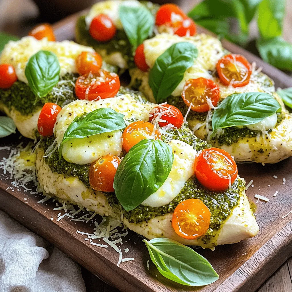 For this dish, you need a few key items: - 4 boneless, skinless chicken breasts - 1 cup basil pesto (store-bought or homemade) - 1 cup cherry tomatoes, halved - 1 cup mozzarella cheese, shredded - ½ cup grated Parmesan cheese - 2 tablespoons olive oil - Salt and freshly ground black pepper to taste - Fresh basil leaves for garnish These ingredients work together to create a tasty meal. The chicken provides a great base. The pesto adds a burst of flavor, while the cheeses give it a creamy touch. Cherry tomatoes bring freshness and color. You can try adding these items for more taste: - 1 teaspoon garlic powder - 1 teaspoon onion powder - 1 tablespoon lemon juice - 1/2 teaspoon red pepper flakes for some heat These optional ingredients can enhance the dish. Garlic powder and onion powder add depth. Lemon juice can brighten the flavor, and red pepper flakes can add a nice kick. To make this dish, you will need: - A large baking dish - A spatula for spreading the pesto - A knife and cutting board for the tomatoes - Measuring cups and spoons - A meat thermometer to check the chicken Having the right tools makes cooking easier. A meat thermometer is key to ensuring the chicken is safe to eat. Using a large baking dish helps with even cooking. You can find the full recipe [here](#). Enjoy creating this delightful meal! Start by preheating your oven to 400°F (200°C). This gets the oven hot and ready. Next, grab a large baking dish and pour in the olive oil. Use a brush or your fingers to coat the bottom well. This step helps the chicken not stick. Take your chicken breasts and season them with salt and black pepper on both sides. Place them in the oiled dish. Now, it's time for the pesto! Use a spatula to spread the basil pesto over each chicken breast. Make sure to cover them well for the best flavor. Add the halved cherry tomatoes around the chicken in the dish. This adds color and fresh taste. Next, sprinkle the shredded mozzarella and grated Parmesan cheese over the chicken and tomatoes. This cheesy topping will melt and create a delicious crust. Now, it’s time to bake! Place the dish in your preheated oven. Set a timer for 25 to 30 minutes. The chicken will cook through, and the cheese will bubble. I recommend checking it at 25 minutes to avoid overcooking. How do you know when the chicken is done? Use a meat thermometer to check the internal temperature. It should reach 165°F (75°C). This means the chicken is safe to eat. Once it’s done, carefully remove the dish from the oven. Let the chicken rest for a few minutes. This helps keep it juicy. Before serving, garnish with fresh basil leaves for a lovely touch. Enjoy your tasty baked pesto chicken! For the full recipe, follow along with the steps outlined above. To keep your chicken moist, start with fresh, high-quality meat. You can also brine the chicken in salt water for a few hours. This helps the chicken hold onto its juices. When you bake it, don't overcook it. The chicken is done when it reaches 165°F. Let it rest for a few minutes after baking. This lets the juices settle, making each bite tender. Basil pesto adds great flavor, but you can boost it. Try adding garlic powder, red pepper flakes, or lemon zest. Fresh herbs work well too. Consider thyme or oregano for a nice twist. You can also add a splash of balsamic vinegar for a tangy taste. Mix these extras into the pesto or sprinkle them on top before baking. Mozzarella is a classic choice, but other cheeses can shine too. Try fontina for a rich flavor or goat cheese for creaminess. If you want a stronger taste, use aged cheddar or feta. Pair your baked pesto chicken with sides like roasted veggies or a light salad for balance. You can also serve it with pasta tossed in olive oil and garlic for a complete meal. For the full recipe, check out the complete guide. {{image_4}} You can easily boost the nutrition of your baked pesto chicken by adding vegetables. Consider using bell peppers, zucchini, or spinach. These veggies add color and flavor. Simply chop them up and scatter them in the baking dish with the chicken. They will cook nicely in the oven, soaking up all the tasty pesto juice. This makes your meal more filling and healthy. Pesto comes in many types. You can try sun-dried tomato pesto or arugula pesto for a twist. Each type brings a unique taste to your dish. If you love garlic, a garlic pesto will enhance the flavor. Experiment with different pestos to find your favorite. Each will give your baked chicken a fresh touch. If you need a gluten-free meal, this recipe is a great fit! Just make sure your pesto is gluten-free. For a dairy-free option, skip the cheese or use dairy-free cheese. There are many brands available now that melt well. You can still enjoy this dish without the dairy. Adjusting the recipe helps everyone at your table enjoy a tasty meal. After you enjoy your baked pesto chicken, let it cool down first. Place any leftovers in an airtight container. This helps keep the chicken fresh. Store it in the fridge for up to three days. To keep the flavors intact, try to eat it soon. You can freeze baked pesto chicken, too! Wrap it tightly in plastic wrap or foil. Then, place the wrapped chicken in a freezer-safe bag. This way, it stays fresh for up to three months. When you’re ready to eat, just thaw it in the fridge before reheating. To reheat your chicken, preheat the oven to 350°F (175°C). Place the chicken in an oven-safe dish. Cover it with foil to keep it moist. Heat it for about 20 minutes or until it's warm. If you want a crispy top, remove the foil for the last few minutes. This way, the cheese gets bubbly and delicious again. Bake the chicken for 25 to 30 minutes at 400°F. The chicken is ready when it reaches 165°F inside. You can check this with a meat thermometer. The cheese should be bubbly and golden, adding to the dish's appeal. Yes, you can use homemade pesto! Fresh pesto often has a brighter flavor. Just make sure it has a good mix of basil, garlic, nuts, and oil. This will make your baked pesto chicken even more special. You can serve baked pesto chicken with many tasty sides. Here are a few ideas: - A fresh green salad with a light vinaigrette - Crispy garlic bread for dipping - Roasted vegetables for added color and taste - Pasta tossed in olive oil and herbs These sides will complement the flavors in the chicken and make your meal more satisfying. Check the Full Recipe for more details on making this dish. In this post, we explored how to make baked pesto chicken. We covered the main and optional ingredients that give it great flavor. I shared easy steps for prep, baking, and checking for doneness. You learned tips for moistness and flavor boosts with herbs. We also looked at fun variations, storage tips, and answered your burning questions. Baked pesto chicken is simple and tasty. Enjoy making it your way!