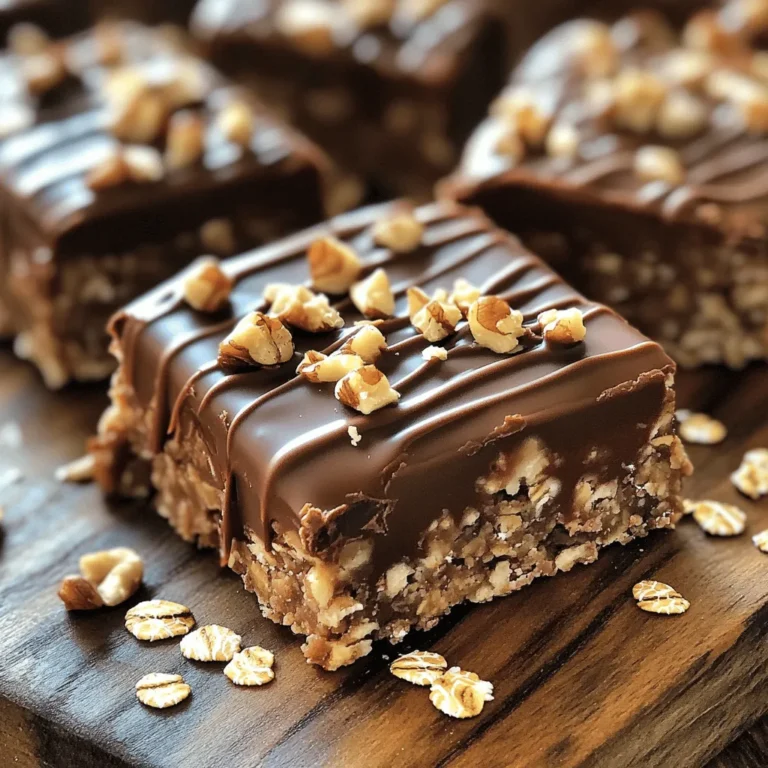 To make delicious no-bake chocolate oat bars, you need a few simple ingredients. Here’s what you will need: - 2 cups rolled oats - 1 cup almond butter (or peanut butter) - 1/2 cup honey (or maple syrup) - 1/4 cup unsweetened cocoa powder - 1/2 cup dark chocolate chips - 1/4 teaspoon salt - 1/2 teaspoon vanilla extract - Optional: 1/4 cup chopped nuts or seeds These ingredients create a tasty mix of flavors. The oats provide a great base, while the nut butter adds creaminess. Honey or maple syrup sweetens the bars perfectly. Cocoa powder gives a rich chocolate taste, and the chocolate chips add extra yumminess. You can even add nuts or seeds for crunch. Want the full recipe? Check out the Full Recipe for step-by-step guidance! First, take a large mixing bowl. In this bowl, combine 2 cups rolled oats, 1/4 cup unsweetened cocoa powder, and 1/4 teaspoon salt. Stir them together. You want to make sure the dry ingredients are mixed well. This step makes the base for your bars. Next, grab a separate microwave-safe bowl. In this bowl, warm 1 cup almond butter and 1/2 cup honey together. Microwave them for about 20-30 seconds. This makes the almond butter easier to mix. Once warmed, add 1/2 teaspoon vanilla extract and stir until smooth. Now, pour the wet mixture into your dry ingredients. Use a spatula or wooden spoon to mix them well. Make sure there are no dry oats left. Once mixed, fold in 1/2 cup dark chocolate chips and any optional nuts you like. This adds a nice crunch to your bars. For this step, line an 8x8 inch baking dish with parchment paper. Leave some paper hanging over the edges. This makes it easy to lift out the bars later. Press the mixture firmly into the dish. Ensure it is even. Then, place the dish in the refrigerator. Let it chill for at least 2 hours. This helps the bars set properly. After they are ready, lift them out using the parchment paper. Cut into squares or rectangles and enjoy! For the full recipe, check out the beginning of this article. - Press the mixture firmly into the baking dish. - Adjust sweetness by adding more or less honey or maple syrup. Getting the right texture is key. If the mixture isn’t compact, your bars may fall apart. A firm press helps them hold together. Sweetness can change how much you enjoy the bars. If you like it sweeter, add more honey or maple syrup. If you want it less sweet, reduce the amount. - Always chill the bars before serving. - Mix all ingredients thoroughly for even flavor. Skipping the chilling step can lead to crumbly bars. They need that time to set properly. Mixing well is just as important. If you don’t combine everything, some bites might taste bland or dry. - Serve on a rustic wooden board for a charming look. - Drizzle melted dark chocolate on top for a fancy touch. When it comes to serving, first impressions matter. A wooden board adds warmth and charm. You can also garnish the bars with a drizzle of melted chocolate. This adds a nice visual element and extra flavor. Sprinkle some oats or chopped nuts around for extra flair. For the complete recipe, check the [Full Recipe]. {{image_4}} You can make these bars even tastier. One way is to add peanut butter. This gives a rich and creamy flavor. You can also try different kinds of chocolate. Dark chocolate, milk chocolate, or even white chocolate will change the taste. Each type brings its own special touch. If you want a vegan option, just use maple syrup instead of honey. This keeps the bars sweet and plant-based. For a nut-free version, swap almond butter with sunflower seed butter. This keeps the texture while avoiding nuts. Feel free to get creative with add-ins. You can mix in dried fruits like cranberries or raisins. This adds sweetness and chewy texture. Another fun idea is to sprinkle in spices like cinnamon or nutmeg. They give the bars extra warmth and flavor. For the full recipe, check out the details above and enjoy your tasty treat! To keep your no-bake chocolate oat bars fresh, store them in an airtight container. Place the container in the refrigerator. This will help maintain their taste and texture. You can freeze these bars for later enjoyment. First, cut them into squares. Wrap each piece in plastic wrap. Place the wrapped bars in a freezer-safe bag. When you want to eat one, take it out and let it thaw in the fridge overnight. For the best taste, eat the bars within one week when stored in the fridge. If frozen, they can last for about three months. Enjoy them fresh for the best flavor! To make these bars gluten-free, use certified gluten-free oats. Not all oats are gluten-free because they can be processed in the same facilities as wheat. Always check the labels. You can also ensure that any other ingredients you use are free from gluten. For example, check if the almond butter or any add-ins are certified gluten-free. Yes, you can use another nut butter. Peanut butter or cashew butter are great options. Each nut butter brings a different taste. Peanut butter adds a rich, nutty flavor, while cashew butter is creamier and milder. This change can slightly alter the texture and flavor of your bars, but they will still taste great! These no-bake chocolate oat bars last about one week when stored properly. Keep them in an airtight container in the refrigerator to maintain freshness. If you want to keep them longer, you can freeze them. Just wrap each bar securely before freezing, and they will last for about three months. You now have a simple guide for making delicious no-bake chocolate oat bars. We covered all the ingredients and step-by-step instructions. I shared tips to perfect your bars and avoid common mistakes. Explore variations to suit your taste and dietary needs. Proper storage keeps your bars fresh. These treats are easy, fun to make, and great for snacks or desserts. Enjoy creating your own tasty bars that everyone will love!