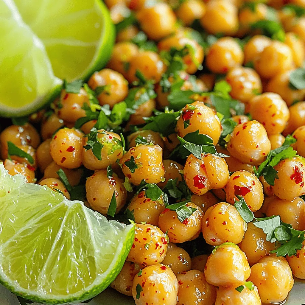 - 1 can (15 oz) chickpeas, thoroughly drained and rinsed - 2 tablespoons extra virgin olive oil - 1 teaspoon chili powder - 1/2 teaspoon cayenne pepper - 1 teaspoon garlic powder - 1 teaspoon ground cumin - Zest and juice from fresh limes - Salt and freshly ground black pepper - Fresh cilantro (for garnish) - Lime wedges (for serving) The star of this snack is the chickpeas. They are rich in protein and fiber. They give you energy and keep you full. When you roast them, they turn crispy and delicious. You will need olive oil to coat the chickpeas. This oil adds flavor and helps them crisp up. The chili powder and cayenne pepper bring the heat. Adjust the cayenne if you want a milder snack. Garlic powder and ground cumin add depth. They make the flavors pop. Fresh lime gives a bright and zesty taste. The zest and juice work together for a fresh kick. Don't forget salt and black pepper. They enhance all the flavors. Fresh cilantro will be your garnish. It adds a pop of color and freshness. Lime wedges will serve alongside. They bring an extra burst of flavor when you squeeze them over the chickpeas. For the full recipe, check out the instructions to create this tasty snack! Set your oven to a hot 400°F (200°C). This temperature helps the chickpeas turn crispy. Preheating is key for even cooking. You want them golden and crunchy. Expect to roast them for about 25 to 30 minutes. This time allows the flavors to blend well. Start by rinsing the chickpeas in cold water. This step removes excess sodium and helps them crisp up. After rinsing, drain them well. In a large bowl, mix the chickpeas with olive oil, chili powder, cayenne, garlic powder, cumin, lime zest, and lime juice. This mix is where the magic happens. Stir until every chickpea gets coated. Next, spread the chickpeas in a single layer on a baking sheet lined with parchment paper. This setup prevents sticking and makes cleanup easy. Halfway through roasting, shake the pan gently. This action ensures even cooking. It also helps to achieve that perfect crunch. After roasting, let them cool for a few minutes. This cooling time makes them even crunchier. Enjoy your spicy chili lime chickpeas as a tasty snack or a vibrant garnish for your meals. For the full recipe, you can refer back to the earlier section. To get your chickpeas crispy, cooling time is key. After roasting, let them sit briefly. They will harden and reach that perfect crunch. If you want them extra crunchy, roast a bit longer. Just watch them closely so they don't burn. You can adjust the spices to fit your taste. If you love heat, add more cayenne pepper. If you want more zest, add extra lime juice or zest. This boosts the flavor of your chickpeas. Play around until you find the mix that excites your taste buds. Get creative when serving your chickpeas! Use a bright bowl to show off their color. Top with fresh cilantro for a lovely touch. Arrange lime wedges around the bowl for a fun look. You can also pair these chickpeas with a fresh salad or a creamy dip. They add a tasty crunch to any meal. For the full recipe, check out the details above. {{image_4}} You can change the heat in your spicy chili lime chickpeas easily. Try using different peppers to suit your taste. For a milder flavor, use sweet bell peppers. If you want more heat, add jalapeños or serranos. You can also mix in spices like smoked paprika or crushed red pepper for a unique twist. Experimenting with spices can lead to exciting flavor profiles. If you need vegan or gluten-free options, this recipe is flexible. Chickpeas are naturally vegan and gluten-free, so you’re off to a great start. You can swap olive oil for avocado oil if you prefer. For added flavor and texture, consider adding diced bell peppers or zucchini to the chickpeas. These veggies roast well and keep the dish colorful. You can transform these chickpeas into a salad topper. They add crunch and zest to any green salad. You can also make a dip by blending the chickpeas with some yogurt or avocado. This creates a creamy dip that pairs well with veggies or chips. These simple changes can make your snack more versatile and fun. How long can leftovers last? You can store leftover spicy chili lime chickpeas in the fridge for up to five days. Best containers for storage Use an airtight container to keep them fresh. Glass or plastic containers work well. Keeping chickpeas crispy when reheating To keep your chickpeas crispy, reheat them in the oven. This method helps retain their crunch. Microwave vs. oven reheat Microwaving can make them soggy. An oven at 350°F (175°C) for about 10 minutes is best. Can you freeze spicy chickpeas? Yes, you can freeze spicy chickpeas for up to three months. Best practices for thawing To thaw, place them in the fridge overnight. Reheat them in the oven for the best texture. For the full recipe, check out the complete guide above. Chickpeas are small but mighty. They pack a lot of nutrients. A 15-ounce can of chickpeas has about: - 14.5 grams of protein - 8 grams of fiber - 70% of your daily folate needs Eating chickpeas can help with weight loss. Their fiber keeps you full longer. They also support heart health. The olive oil in this recipe is rich in healthy fats. Lime juice adds vitamin C, boosting your immune system. The spices also have health benefits. Chili powder can help metabolism. Garlic powder is great for heart health. Yes, you can prep these spicy chickpeas ahead. Simply mix the chickpeas and spices the day before. Store them in the fridge. When you’re ready, roast them. They will still taste fresh and crunchy. For reheating, place them back in the oven. Heat at 350°F (175°C) for about 10 minutes. This keeps them crispy. Avoid the microwave. It makes them soft instead of crunchy. These chickpeas are great by themselves or as a side dish. Serve them with a salad for a healthy meal. They also pair well with rice or quinoa. You can use them as a topping on soups or tacos. They add crunch and flavor. For a fun snack, pair them with a dip. Try hummus or guacamole for a tasty mix. You can also enjoy them with beer or cocktails for a fun evening. For the full recipe, visit our main section. This blog post provides a clear guide for making spicy chili lime chickpeas. You learned about ingredients, step-by-step cooking, and tips for the perfect snack. I shared storage methods and serving ideas to help you enjoy them at every meal. In closing, these chickpeas are tasty and healthy, with endless ways to personalize the recipe. Try your own variations and serve them in fun ways. Enjoy this easy dish that is sure to impress!