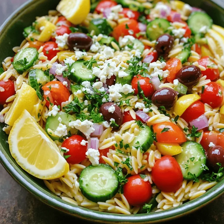 - 1 cup orzo pasta - 1 cup cherry tomatoes, halved - 1 cucumber, diced - 1/2 red onion, finely chopped - 1 red or yellow bell pepper, diced - 1 cup Kalamata olives, pitted and halved - 1 cup feta cheese, crumbled - 1/4 cup fresh parsley, finely chopped - 1/4 cup extra virgin olive oil - 2 tablespoons freshly squeezed lemon juice - 1 teaspoon dried oregano - Sea salt and freshly cracked black pepper, to taste The star of this dish is orzo pasta. It’s small and shaped like rice. This helps it soak up flavors well. I love using fresh vegetables. Cherry tomatoes, cucumbers, and bell peppers all add color and crunch. Red onion gives a nice bite, while Kalamata olives add a salty kick. Feta cheese brings creaminess to the salad. I use a light dressing made from olive oil and lemon juice. This adds brightness to the dish. Dried oregano gives a hint of earthiness. Don't forget to season with salt and pepper to taste. This balance makes every bite delightful. - Other vegetables like artichokes or spinach - Protein options such as grilled chicken, shrimp, or chickpeas - Fresh herbs, like basil or mint You can make this salad your own by adding different vegetables. Artichokes or spinach work great for extra nutrients. If you want protein, grilled chicken or shrimp are fantastic choices. For a vegetarian option, try chickpeas. Fresh herbs like basil or mint can really brighten the flavor. Feel free to get creative and make this salad your own! To start, fill a large pot with water and add salt. Bring the water to a boil. Once boiling, add 1 cup of orzo pasta. Cook it for about 8 to 10 minutes until it is al dente. This means it should be firm but not hard. After cooking, drain the orzo in a colander. Rinse it under cold water to stop the cooking. Let it cool for a bit. While the orzo cools, grab a large mixing bowl. In this bowl, combine: - 1 cup cherry tomatoes, halved - 1 cucumber, diced - 1/2 red onion, finely chopped - 1 red or yellow bell pepper, diced - 1 cup Kalamata olives, pitted and halved - 1/4 cup fresh parsley, finely chopped Gently stir these fresh ingredients together. This mix adds color and crunch to your salad. Now, let’s make the dressing. In a small bowl, whisk together: - 1/4 cup extra virgin olive oil - 2 tablespoons freshly squeezed lemon juice - 1 teaspoon dried oregano - Sea salt and freshly cracked black pepper, to taste Whisk until all the ingredients blend well. This dressing brings brightness and flavor. Next, add the cooled orzo to your bowl of vegetables. Drizzle the dressing over the orzo and veggies. Toss everything together gently. Make sure the dressing coats all the ingredients. Cover the salad with plastic wrap and place it in the fridge. Let it chill for at least 30 minutes. This helps the flavors mix well. Serve it cold for a refreshing dish. For added flair, you can garnish with parsley and lemon wedges. Enjoy your Greek Orzo Salad! For the full recipe, refer to the instructions above. Cooking Orzo Al Dente To cook orzo perfectly, use a large pot of salted water. Bring the water to a boil. Add the orzo and cook it for about 8-10 minutes. You want it soft but still firm to bite. Drain the orzo and rinse it under cold water. This stops the cooking and keeps it from getting mushy. Balancing Flavors A great salad needs balanced flavors. Use fresh lemon juice for brightness. The salt from the feta and olives adds depth. Don’t forget to taste as you go. Adjust the salt and pepper to suit your taste. This will make every bite shine. Serving Styles For serving, choose a large, colorful bowl. This makes the salad look inviting. You can also serve it in individual bowls for a personal touch. A big bowl works well for gatherings, too. Everyone can help themselves! Garnishing Tips Garnish your salad with fresh parsley and lemon wedges. This adds color and a pop of flavor. A sprinkle of extra feta on top can also look nice. You want it to look as good as it tastes! Best Practices for Fresh Ingredients Using fresh ingredients is key to a great Greek orzo salad. Buy ripe tomatoes and crisp cucumbers. Look for firm bell peppers and bright parsley. This will boost flavor and texture. Store your veggies properly in the fridge. This keeps them fresh longer. Always wash them before use to remove any dirt. For the full recipe, check out the recipe section! {{image_4}} You can spice up your Greek Orzo Salad with a Mediterranean twist. Try adding roasted red peppers for a smoky flavor. Artichoke hearts bring a briny taste that works well. Sun-dried tomatoes add sweetness, while capers give a nice salty kick. You can also mix in some fresh arugula for a peppery bite. Each of these ingredients enhances the dish and makes it unique. If you want a vegan Greek Orzo Salad, you can easily make some swaps. First, replace the feta cheese with a vegan cheese option or simply use avocado for creaminess. For protein, consider chickpeas or black beans. They add a hearty texture and make the salad more filling. These changes keep the salad delicious and satisfying without any animal products. You can change your Greek Orzo Salad based on the season. In spring, add fresh peas or asparagus for crunch. Summer calls for ripe heirloom tomatoes and sweet corn for bright flavors. In the fall, toss in roasted butternut squash and cranberries for warmth. Winter is perfect for adding hearty kale or roasted Brussels sprouts. Each season brings new flavors to explore and enjoy. To store your Greek Orzo Salad, place it in an airtight container. Make sure the lid fits tightly. This keeps the salad fresh and safe from odors. You can store it in the fridge for up to three days. If you add any protein, like chicken or tuna, eat it within two days for best taste. I do not recommend freezing Greek Orzo Salad. The orzo and fresh vegetables can become mushy when thawed. If you must freeze it, keep the dressing separate. You can freeze the salad base without the dressing for up to a month. When ready to eat, thaw it overnight in the fridge. Then mix in the dressing just before serving. When stored properly, Greek Orzo Salad lasts about three days in the fridge. If you notice any off smells or colors, it’s best to discard it. Always trust your senses. Enjoy your salad while it’s fresh for the best flavor and texture. For the full recipe, check out the earlier section. You can add protein or grains to Greek Orzo Salad. Here are some great choices: - Grilled Chicken: Add chopped grilled chicken for a hearty touch. - Chickpeas: These will boost protein and fiber, making the salad more filling. - Quinoa: Add cooked quinoa for extra texture and nutrients. - Tuna: Canned tuna gives a nice flavor and protein boost. Mix any of these add-ins to make the dish more satisfying. Yes, you can prepare Greek Orzo Salad ahead of time. Follow these tips for the best results: - Chill: Make it a few hours before serving and chill it in the fridge. - Store Separately: Keep the dressing separate until you serve to avoid sogginess. - Add Feta Last: If you want fresh cheese, add feta right before serving. This salad tastes even better when the flavors have time to blend. You have many options for dressing your Greek Orzo Salad. Consider these choices: - Homemade: Try mixing olive oil, lemon juice, and herbs for a fresh taste. - Store-bought: Look for Greek or vinaigrette dressings at the store. - Yogurt-Based: A yogurt dressing adds creaminess and tang. Experiment with these dressings to find your favorite. Traditional orzo pasta is not gluten-free. Here are some good substitutes: - Rice Orzo: This gluten-free version mimics orzo well. - Quinoa: Use cooked quinoa for a nutty flavor and gluten-free option. - Zucchini Noodles: For a low-carb choice, spiralized zucchini works great. These swaps let you enjoy the salad without gluten. Greek Orzo Salad is a versatile dish packed with flavor. You learned about key ingredients like orzo, fresh veggies, and feta cheese. We covered simple steps to cook and mix everything for a tasty meal. Tips on presentation and storage make this salad even better. You can also adapt it to fit dietary needs. Whether you want it hearty or light, Greek Orzo Salad is a great meal choice. With this guide, you can create your perfect version. Enjoy making and sharing this delicious salad!