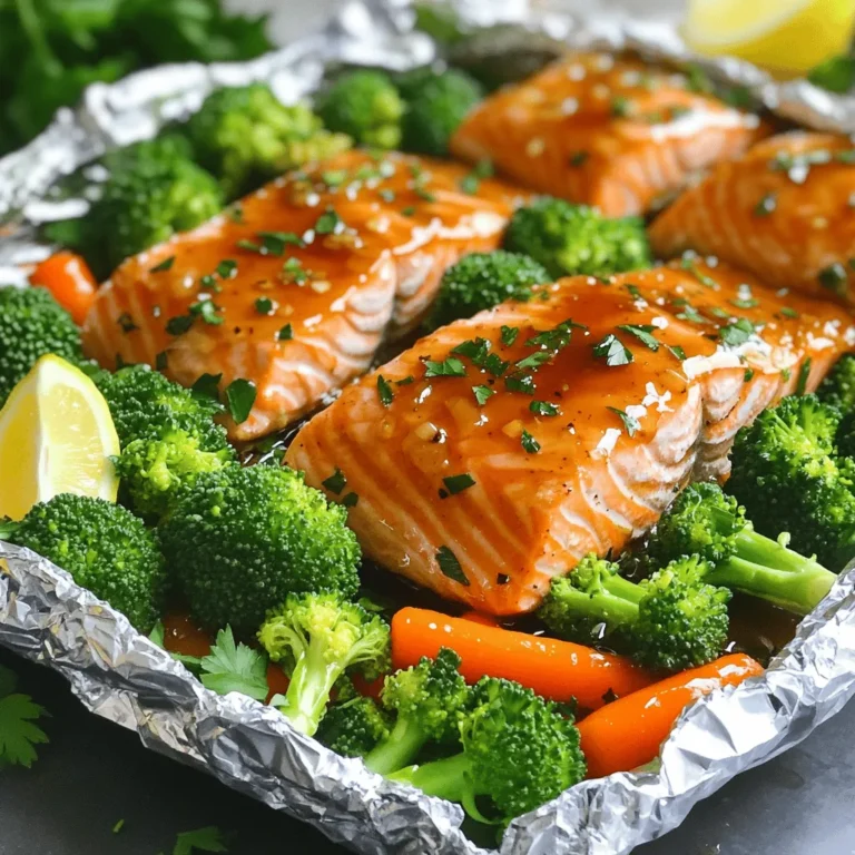 - 4 salmon fillets (approximately 6 ounces each) - 1/4 cup pure honey - 4 cloves garlic, finely minced - 2 tablespoons soy sauce (low sodium recommended) - 1 tablespoon fresh ginger, finely grated - 1 tablespoon extra-virgin olive oil - 1 cup fresh broccoli florets - 1 cup baby carrots, halved lengthwise - Lemon wedges, for garnish - Fresh parsley, chopped (optional) - Sea salt and freshly cracked black pepper, to taste When I create Honey Garlic Salmon foil packets, I focus on fresh and vibrant ingredients. The salmon fillets are the star, bringing rich flavor and healthy fats. Honey adds sweetness, while garlic gives a bold kick. I use low-sodium soy sauce to control the salt level. Fresh ginger adds warmth and zest. Extra-virgin olive oil keeps everything moist. For veggies, I love fresh broccoli and tender baby carrots. They cook perfectly with the salmon. Lemon wedges add brightness, while parsley brings a pop of color. Finally, I season with sea salt and cracked black pepper. This simple mix elevates the dish. If you want to explore more, check out the Full Recipe for detailed steps. - Preheat the grill or oven to 375°F (190°C). This step is key for even cooking. Without this, your salmon may cook too slowly or burn. - In a medium bowl, whisk together: - 1/4 cup pure honey - 4 cloves garlic, finely minced - 2 tablespoons soy sauce (low sodium recommended) - 1 tablespoon fresh ginger, finely grated - 1 tablespoon extra-virgin olive oil - Sea salt and freshly cracked black pepper, to taste This mix gives your salmon a sweet and savory flavor. Make sure to blend it well for a smooth glaze. - Prepare four pieces of aluminum foil, each about 12 inches long. Lay them flat. - Position one salmon fillet in the center of each piece, skin-side down. - Divide 1 cup fresh broccoli florets and 1 cup halved baby carrots evenly among the packets. This adds color and nutrition. - Drizzle the honey garlic glaze over the salmon and veggies. Make sure to cover them well. - Fold the sides of the foil over the salmon and veggies. Seal each packet tightly to keep the steam inside. - Place the sealed packets on the grill grates or in a baking dish in the oven. Cook for 15 to 20 minutes. - Monitor until the salmon flakes easily with a fork and the veggies are tender. - Carefully open the foil packets, being cautious of the hot steam that escapes. Serve right away. - You can garnish with fresh parsley and lemon wedges for a pop of color and flavor. For the full recipe, check the earlier section. To make the honey garlic glaze, start by whisking the honey and garlic together. This simple step helps blend the flavors. Add the soy sauce, ginger, and olive oil next. Whisk these ingredients well until they form a smooth mixture. A cohesive glaze sticks to the salmon and vegetables, giving them a shiny look and rich taste. Make sure to whisk for about 30 seconds. A good glaze makes all the difference in flavor. When cooking honey garlic salmon, timing is key. I recommend cooking the foil packets for 15 to 20 minutes. Check the salmon for doneness by gently flaking it with a fork. If it flakes easily, it is ready. The vegetables should be tender, not mushy. Keep an eye on the grill or oven to avoid overcooking. Perfectly cooked salmon is juicy and melts in your mouth. To make your dish look stunning, think about the colors on the plate. Serve the salmon and veggies on rustic wooden boards or colorful plates. This adds charm and elegance. You can also garnish with lemon wedges and fresh parsley. The bright colors of the veggies and shiny glaze will catch everyone’s eye. A beautiful presentation makes the meal even more enjoyable. For more serving ideas, check out the Full Recipe. {{image_4}} You can easily swap the salmon for other proteins. If you prefer chicken, use boneless, skinless chicken breasts. Just cut them to fit the foil. You can also try other fish like trout or tilapia. These alternatives cook in a similar way. Just remember to adjust the cooking time. Chicken may need a bit longer than salmon. Check for doneness by cutting into the thickest part. Feel free to change the veggies based on what's fresh and in season. If asparagus is available, it adds a nice crunch. Zucchini and bell peppers also work well. Just chop them into bite-sized pieces. Make sure to keep a good balance of colors. Color not only looks nice but also adds different flavors. You can tweak the flavor by adding spices or herbs. For a kick, try adding red pepper flakes. Fresh herbs like thyme or dill can boost the taste too. Mix these into your honey garlic glaze for extra depth. You can also use lime juice instead of lemon for a different zing. Get creative with what you have on hand! For the full recipe, don’t forget to check out the detailed instructions. To keep your honey garlic salmon fresh, store it in an airtight container. Make sure to let it cool first. You can refrigerate it for up to three days. If you use a glass or plastic container, it will seal in the flavor well. Avoid using metal containers, as they can react with the food. When you want to enjoy your leftovers, reheating is easy. You can use the oven or microwave. For the oven, set it to 350°F (175°C). Place the foil packet or salmon on a baking dish and heat for about 10-15 minutes. If using a microwave, cover it with a damp paper towel. Heat in 30-second bursts until warm. If you want to save your salmon for later, freezing works great. Wrap each foil packet tightly in plastic wrap, then place it in a freezer bag. This keeps it fresh for up to three months. To thaw, move it to the fridge overnight. When ready to cook, follow the regular cooking instructions from the Full Recipe. Yes, you can cook Honey Garlic Salmon in the oven. Here’s how: 1. Preheat your oven to 375°F (190°C). This helps your salmon cook evenly. 2. Prepare the honey garlic glaze as described in the recipe. Combine honey, minced garlic, soy sauce, grated ginger, olive oil, salt, and pepper in a bowl. 3. Cut four pieces of aluminum foil, about 12 inches long. Lay them flat on your counter. 4. Place one salmon fillet in the center of each foil piece, skin side down. 5. Add broccoli florets and halved baby carrots around the salmon. 6. Drizzle the honey garlic glaze over the salmon and veggies. 7. Seal the foil tightly. Fold the edges to trap steam inside. 8. Arrange the packets in a baking dish. Bake in the oven for 15 to 20 minutes. 9. Check the salmon. It should flake easily with a fork. The veggies should be tender. You have many tasty options to serve with Honey Garlic Salmon. Here are some ideas: - Rice: Steamed jasmine or brown rice pairs well. - Quinoa: This adds a nutty flavor and extra protein. - Salad: A fresh green salad with a light vinaigrette adds crunch. - Potatoes: Roasted or mashed potatoes are always a hit. - Grilled Veggies: Zucchini or bell peppers add a colorful touch. You can tell when the salmon is done in a few ways: - Visual Cues: Look for the salmon to turn opaque. It should change from bright pink to a lighter shade. - Flaking: Use a fork to gently poke the salmon. If it flakes apart easily, it’s ready. - Temperature Check: Use a food thermometer. The salmon should reach 145°F (63°C) for safe eating. Yes, you can make the honey garlic marinade ahead of time. Here’s how: - Mix all marinade ingredients in a bowl. - Store it in an airtight container in the fridge. - Use it within 2 to 3 days for best flavor. Here are some common pitfalls and how to avoid them: - Not sealing packets well: Make sure to seal tightly to keep moisture in. - Overcrowding the foil: Don’t add too many veggies. This can cause uneven cooking. - Using too much glaze: Too much liquid can make the salmon soggy. Use just enough for flavor. - Not checking doneness: Always check to avoid overcooking your salmon. This blog post covered how to make delicious Honey Garlic Salmon with easy steps. We looked at the main ingredients, prep methods, and cooking tips. You learned how to create a tasty glaze and assemble foil packets for grilling or baking. With these simple recipes, you can enjoy flavorful meals every time. Don't forget to try different veggies or proteins for fun twists. Enjoy your cooking with family and friends. Remember, fresh ingredients make the biggest difference. Happy cooking!