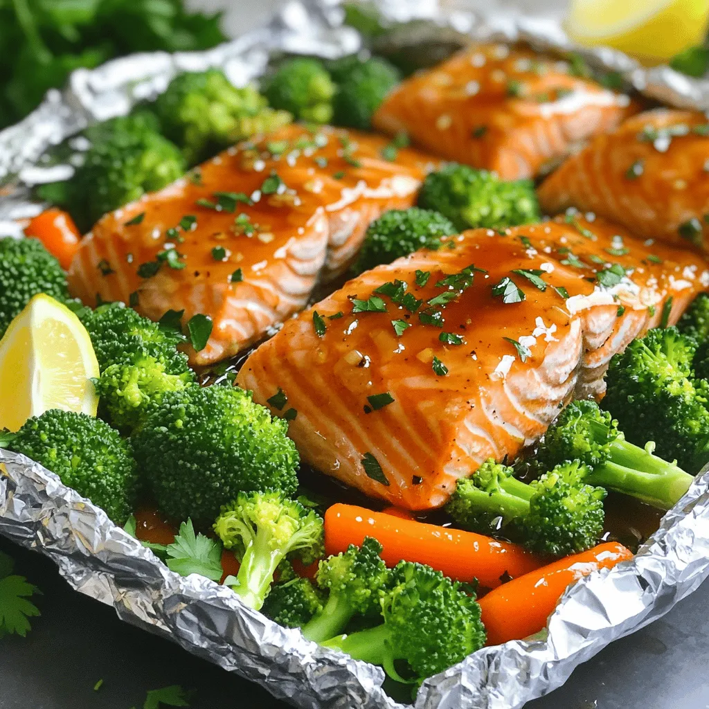 - 4 salmon fillets (approximately 6 ounces each) - 1/4 cup pure honey - 4 cloves garlic, finely minced - 2 tablespoons soy sauce (low sodium recommended) - 1 tablespoon fresh ginger, finely grated - 1 tablespoon extra-virgin olive oil - 1 cup fresh broccoli florets - 1 cup baby carrots, halved lengthwise - Lemon wedges, for garnish - Fresh parsley, chopped (optional) - Sea salt and freshly cracked black pepper, to taste When I create Honey Garlic Salmon foil packets, I focus on fresh and vibrant ingredients. The salmon fillets are the star, bringing rich flavor and healthy fats. Honey adds sweetness, while garlic gives a bold kick. I use low-sodium soy sauce to control the salt level. Fresh ginger adds warmth and zest. Extra-virgin olive oil keeps everything moist. For veggies, I love fresh broccoli and tender baby carrots. They cook perfectly with the salmon. Lemon wedges add brightness, while parsley brings a pop of color. Finally, I season with sea salt and cracked black pepper. This simple mix elevates the dish. If you want to explore more, check out the Full Recipe for detailed steps. - Preheat the grill or oven to 375°F (190°C). This step is key for even cooking. Without this, your salmon may cook too slowly or burn. - In a medium bowl, whisk together: - 1/4 cup pure honey - 4 cloves garlic, finely minced - 2 tablespoons soy sauce (low sodium recommended) - 1 tablespoon fresh ginger, finely grated - 1 tablespoon extra-virgin olive oil - Sea salt and freshly cracked black pepper, to taste This mix gives your salmon a sweet and savory flavor. Make sure to blend it well for a smooth glaze. - Prepare four pieces of aluminum foil, each about 12 inches long. Lay them flat. - Position one salmon fillet in the center of each piece, skin-side down. - Divide 1 cup fresh broccoli florets and 1 cup halved baby carrots evenly among the packets. This adds color and nutrition. - Drizzle the honey garlic glaze over the salmon and veggies. Make sure to cover them well. - Fold the sides of the foil over the salmon and veggies. Seal each packet tightly to keep the steam inside. - Place the sealed packets on the grill grates or in a baking dish in the oven. Cook for 15 to 20 minutes. - Monitor until the salmon flakes easily with a fork and the veggies are tender. - Carefully open the foil packets, being cautious of the hot steam that escapes. Serve right away. - You can garnish with fresh parsley and lemon wedges for a pop of color and flavor. For the full recipe, check the earlier section. To make the honey garlic glaze, start by whisking the honey and garlic together. This simple step helps blend the flavors. Add the soy sauce, ginger, and olive oil next. Whisk these ingredients well until they form a smooth mixture. A cohesive glaze sticks to the salmon and vegetables, giving them a shiny look and rich taste. Make sure to whisk for about 30 seconds. A good glaze makes all the difference in flavor. When cooking honey garlic salmon, timing is key. I recommend cooking the foil packets for 15 to 20 minutes. Check the salmon for doneness by gently flaking it with a fork. If it flakes easily, it is ready. The vegetables should be tender, not mushy. Keep an eye on the grill or oven to avoid overcooking. Perfectly cooked salmon is juicy and melts in your mouth. To make your dish look stunning, think about the colors on the plate. Serve the salmon and veggies on rustic wooden boards or colorful plates. This adds charm and elegance. You can also garnish with lemon wedges and fresh parsley. The bright colors of the veggies and shiny glaze will catch everyone’s eye. A beautiful presentation makes the meal even more enjoyable. For more serving ideas, check out the Full Recipe. {{image_4}} You can easily swap the salmon for other proteins. If you prefer chicken, use boneless, skinless chicken breasts. Just cut them to fit the foil. You can also try other fish like trout or tilapia. These alternatives cook in a similar way. Just remember to adjust the cooking time. Chicken may need a bit longer than salmon. Check for doneness by cutting into the thickest part. Feel free to change the veggies based on what's fresh and in season. If asparagus is available, it adds a nice crunch. Zucchini and bell peppers also work well. Just chop them into bite-sized pieces. Make sure to keep a good balance of colors. Color not only looks nice but also adds different flavors. You can tweak the flavor by adding spices or herbs. For a kick, try adding red pepper flakes. Fresh herbs like thyme or dill can boost the taste too. Mix these into your honey garlic glaze for extra depth. You can also use lime juice instead of lemon for a different zing. Get creative with what you have on hand! For the full recipe, don’t forget to check out the detailed instructions. To keep your honey garlic salmon fresh, store it in an airtight container. Make sure to let it cool first. You can refrigerate it for up to three days. If you use a glass or plastic container, it will seal in the flavor well. Avoid using metal containers, as they can react with the food. When you want to enjoy your leftovers, reheating is easy. You can use the oven or microwave. For the oven, set it to 350°F (175°C). Place the foil packet or salmon on a baking dish and heat for about 10-15 minutes. If using a microwave, cover it with a damp paper towel. Heat in 30-second bursts until warm. If you want to save your salmon for later, freezing works great. Wrap each foil packet tightly in plastic wrap, then place it in a freezer bag. This keeps it fresh for up to three months. To thaw, move it to the fridge overnight. When ready to cook, follow the regular cooking instructions from the Full Recipe. Yes, you can cook Honey Garlic Salmon in the oven. Here’s how: 1. Preheat your oven to 375°F (190°C). This helps your salmon cook evenly. 2. Prepare the honey garlic glaze as described in the recipe. Combine honey, minced garlic, soy sauce, grated ginger, olive oil, salt, and pepper in a bowl. 3. Cut four pieces of aluminum foil, about 12 inches long. Lay them flat on your counter. 4. Place one salmon fillet in the center of each foil piece, skin side down. 5. Add broccoli florets and halved baby carrots around the salmon. 6. Drizzle the honey garlic glaze over the salmon and veggies. 7. Seal the foil tightly. Fold the edges to trap steam inside. 8. Arrange the packets in a baking dish. Bake in the oven for 15 to 20 minutes. 9. Check the salmon. It should flake easily with a fork. The veggies should be tender. You have many tasty options to serve with Honey Garlic Salmon. Here are some ideas: - Rice: Steamed jasmine or brown rice pairs well. - Quinoa: This adds a nutty flavor and extra protein. - Salad: A fresh green salad with a light vinaigrette adds crunch. - Potatoes: Roasted or mashed potatoes are always a hit. - Grilled Veggies: Zucchini or bell peppers add a colorful touch. You can tell when the salmon is done in a few ways: - Visual Cues: Look for the salmon to turn opaque. It should change from bright pink to a lighter shade. - Flaking: Use a fork to gently poke the salmon. If it flakes apart easily, it’s ready. - Temperature Check: Use a food thermometer. The salmon should reach 145°F (63°C) for safe eating. Yes, you can make the honey garlic marinade ahead of time. Here’s how: - Mix all marinade ingredients in a bowl. - Store it in an airtight container in the fridge. - Use it within 2 to 3 days for best flavor. Here are some common pitfalls and how to avoid them: - Not sealing packets well: Make sure to seal tightly to keep moisture in. - Overcrowding the foil: Don’t add too many veggies. This can cause uneven cooking. - Using too much glaze: Too much liquid can make the salmon soggy. Use just enough for flavor. - Not checking doneness: Always check to avoid overcooking your salmon. This blog post covered how to make delicious Honey Garlic Salmon with easy steps. We looked at the main ingredients, prep methods, and cooking tips. You learned how to create a tasty glaze and assemble foil packets for grilling or baking. With these simple recipes, you can enjoy flavorful meals every time. Don't forget to try different veggies or proteins for fun twists. Enjoy your cooking with family and friends. Remember, fresh ingredients make the biggest difference. Happy cooking!