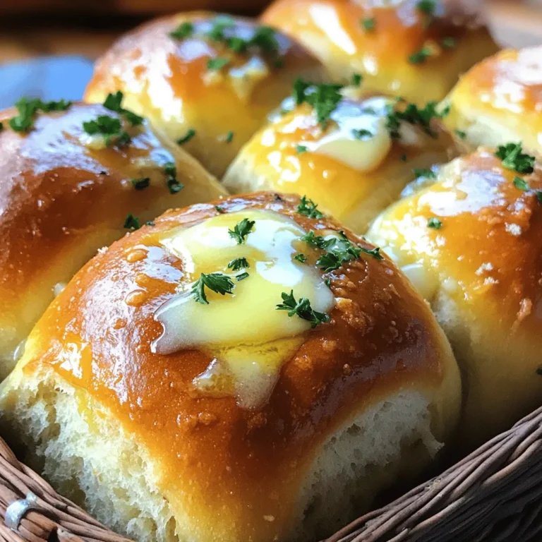 - 3 cups all-purpose flour - 1 packet (2 ¼ teaspoons) active dry yeast - 1 tablespoon granulated sugar - 1 teaspoon fine sea salt - 1 cup warm water (approximately 110°F) - 3 tablespoons unsalted butter, melted and slightly cooled - 4 cloves garlic, finely minced - ½ cup freshly grated Parmesan cheese - 2 tablespoons fresh parsley, finely chopped - 1 teaspoon Italian seasoning blend - Optional: Additional melted butter for brushing on top When making Garlic Parmesan Pull Apart Rolls, use fresh garlic and good cheese. Look for firm, plump garlic bulbs with no sprouts. Avoid dried-out heads. For cheese, choose freshly grated Parmesan. It melts better and has more flavor than pre-shredded. Always check the expiration date. Active dry yeast is key in this recipe. It helps the dough rise and makes it light. Make sure your yeast is fresh. If it foams when mixed with warm water and sugar, it's good to use. If not, buy a new packet. You will need a few essential tools for this recipe. A large mixing bowl is a must for mixing and rising the dough. Use a wooden spoon or spatula to mix the ingredients. A clean kitchen towel will cover the dough while it rises. For baking, a greased baking dish works best. You can use a 9x13 inch pan or a round cake pan. Both will give you great results. If you want to serve warm rolls, a rustic bread basket is perfect for presentation. For the full recipe, check the complete guide. To start, we need to activate the yeast. Mix warm water, sugar, and yeast in a small bowl. Let it sit for 5-10 minutes. You will see bubbles form on the top. This means the yeast is ready. Next, we mix our dry ingredients. In a large bowl, whisk together flour and salt. Make a well in the middle of the flour. Pour in the yeast mixture and melted butter. Stir with a wooden spoon until the dough starts to come together. Kneading is key to soft rolls. Turn the dough onto a floured surface. Use your hands to push and fold the dough. Knead for about 5-7 minutes. The dough should feel smooth and elastic. After kneading, place the dough in a greased bowl. Cover it with a towel. Let it rise in a warm place for about 1 hour. The dough should double in size. You can tell it is ready when it feels light and puffy. Once the dough rises, it’s time to shape the rolls. Punch it down gently to release air. Divide the dough into small portions. Roll each piece into a ball, about 1 inch wide. Now, we make the garlic-Parmesan coating. In a bowl, mix minced garlic, grated Parmesan, chopped parsley, and Italian seasoning. This mix gives great flavor to the rolls. Dip each dough ball into this mixture until well coated. Arrange the coated balls in a greased baking dish. Place them close together. This helps them rise and bake evenly. For extra flavor, brush melted butter over the tops. Cover the dish with a cloth and let the rolls rise again for about 20-30 minutes. Preheat your oven to 375°F. Bake the rolls for 25-30 minutes. They should be golden brown and sound hollow when tapped. Let the rolls cool slightly before serving. Enjoy your warm Garlic Parmesan Pull Apart Rolls! For the full recipe, refer to the detailed instructions provided. When making Garlic Parmesan Pull Apart Rolls, avoid over-kneading the dough. This makes the rolls tough instead of soft. Knead just until smooth and elastic. Another mistake is under-or over-proofing the rolls. If they rise too little, they will be dense. If they rise too much, they can collapse. Aim for a good balance. To boost flavor, consider adding herbs like rosemary or thyme. These herbs pair well with garlic and cheese. You can also try spices like paprika for a kick. When applying butter, brush it generously but evenly. This keeps the rolls moist and adds a beautiful sheen. For soft, fluffy rolls, ensure your dough is well-hydrated. Use warm water, but not too hot. The ideal baking temperature is 375°F. Bake for 25-30 minutes until golden brown. Keep an eye on them to avoid over-baking. A hollow sound when tapped indicates they are done. For more detailed instructions, check the Full Recipe. {{image_4}} You can swap out the Parmesan cheese for other types. Each cheese brings its own taste. Creamy mozzarella adds a mild flavor. Sharp cheddar gives a nice kick. You might also try gouda for a rich twist. Use your favorite cheese to make the rolls your own. Adding herbs can elevate your rolls. Try rosemary for a woodsy flavor. Thyme works well for a fresh taste. If you like some heat, sprinkle in red pepper flakes. This small change can make your rolls pop with flavor. Feel free to mix and match herbs for your unique blend. Yes, you can make sweet rolls too! Use cinnamon and sugar for a delightful twist. Add chocolate chips for a treat everyone will love. You can even stuff the rolls with fruit preserves. This turns the savory recipe into a fun dessert option. Don’t be afraid to experiment with sweet fillings! For the full recipe, check out the [Full Recipe]. To keep your garlic Parmesan pull apart rolls fresh, wrap them tightly. Use plastic wrap or foil. Place the wrapped rolls in a resealable plastic bag. This helps to keep them soft and moist. I recommend storing them at room temperature for up to two days. For longer storage, use the fridge. Just know, this can make them a bit dry. When you want to reheat your rolls, avoid the microwave if possible. Microwaves can dry them out. Instead, heat your oven to 350°F (175°C). Wrap the rolls in aluminum foil and place them in the oven for about 10 minutes. This warms them up while keeping them soft. You can also use a toaster oven for this method. To freeze unbaked rolls, shape them and place them on a baking sheet. Cover them with plastic wrap. Freeze until firm, then transfer them to a freezer bag. For baked rolls, let them cool completely first. Wrap them tightly and place in a freezer-safe container. To thaw, simply leave them in the fridge overnight. Reheat them in the oven before serving. This way, they stay soft and tasty. Yes, you can make these rolls ahead of time. Here are some tips to help: - Prepare the dough: Follow the recipe until you shape the rolls. - First rise: After shaping, let the rolls rise in a greased dish. - Cover and chill: Once risen, cover the dish with plastic wrap and refrigerate. - Before baking: Remove from the fridge, let them rise for 30 minutes, then bake. These rolls pair well with many dishes. Here are some great ideas: - Soups: Serve alongside hearty soups like minestrone or tomato basil. - Salads: Pair with a fresh green salad or Caesar salad. - Main dishes: Enjoy with roasted meats, like chicken or pork. - Dipping sauces: Offer marinara or garlic butter for dipping. You can use whole wheat flour, but the rolls will change. Here’s what to know: - Texture: Whole wheat flour makes the rolls denser. - Flavor: It adds a nutty taste, which some may enjoy. - Mixing: Use half whole wheat and half all-purpose for better results. - Hydration: Whole wheat flour absorbs more water, so adjust liquid accordingly. For the full recipe, check out the section above! In this article, we explored how to make Garlic Parmesan Pull Apart Rolls. You learned about the key ingredients and their qualities. We discussed essential tools needed for preparation and shared step-by-step instructions for perfect rolls. I highlighted common mistakes to avoid, ways to enhance flavor, and how to achieve the best texture. Remember, choosing quality ingredients and careful handling makes a big difference. With these tips and variations, you can create a delightful treat for any occasion. Enjoy baking!