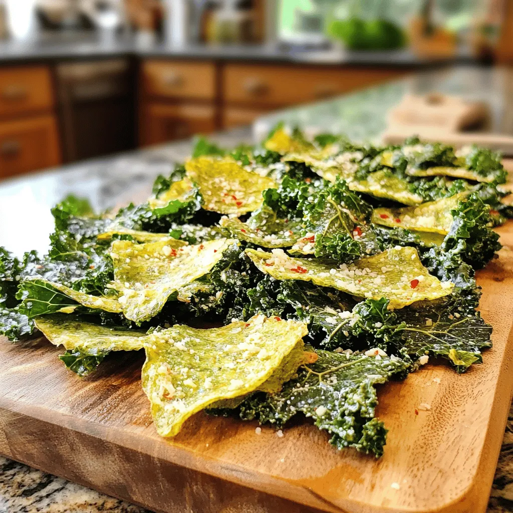 - 1 large bunch of kale, stems removed and leaves chopped - 2 tablespoons olive oil - 3-4 cloves garlic, finely minced - 1/4 cup grated Parmesan cheese - 1 teaspoon garlic powder - 1/2 teaspoon sea salt - 1/4 teaspoon freshly ground black pepper - Optional: red pepper flakes - Nutritional yeast for a cheesy flavor - Lemon zest for brightness - Different cheeses like Pecorino Romano The main ingredients for Garlic Parmesan Kale Chips come together for a tasty snack. Fresh kale is the star here. It adds nutrients and a delightful crunch. I use olive oil to help the chips crisp up nicely. Garlic gives the chips fantastic flavor, while Parmesan adds a rich, savory touch. For those who like a little kick, red pepper flakes are a great optional addition. Nutritional yeast is perfect for a cheesy flavor without dairy. A hint of lemon zest brightens the chips. You can even try other cheeses, like Pecorino Romano, for a fun twist. You can find the complete recipe [Full Recipe] above. - Preheat the oven to 350°F (175°C). - Wash and dry the kale thoroughly. - Remove the stems and chop the leaves into bite-sized pieces. I love using fresh kale for this recipe. The crisp texture makes it perfect for chips. Make sure to dry the kale well. Any moisture can make the chips soggy instead of crispy. - Massage olive oil into the kale leaves. - Add minced garlic and seasonings. - Ensure even distribution of ingredients. Next, I drizzle the olive oil over the kale. I use my hands to massage the oil into the leaves. This step is key for getting that crispy texture. Then, I add minced garlic and the other seasonings. I mix it all well to coat every piece. - Spread the seasoned kale on a baking sheet. - Bake for 10-15 minutes, tossing halfway. - Remove when edges are crisp and light golden brown. Now, I spread the kale on a baking sheet in a single layer. I make sure not to crowd the pieces; this helps them bake evenly. I bake them for 10-15 minutes. Halfway through, I toss them gently. Once they are crispy and golden, I take them out. If you want the full recipe, check it out for more details! To make your kale chips nice and crispy, start by drying the kale well. Water on the leaves can cause sogginess. After washing, I recommend patting the kale with a clean towel or using a salad spinner to remove moisture. Next, don’t overcrowd your baking sheet. Give each piece space to breathe. If they touch, they may steam instead of crisp. A single layer is best for that satisfying crunch. Finally, keep a close eye on the oven. Kale chips can burn quickly. I suggest checking them around the 10-minute mark. When the edges are crisp and light brown, they are ready to come out. To keep leftover chips crunchy, proper storage is key. Use an airtight container or a zip-lock bag. Airtight containers are great for long-term storage, while zip-lock bags are handy for quick snacks. If your chips lose their crunch, don’t fret! You can re-crisp them in the oven. Just place them on a baking sheet and bake for a few minutes at 350°F. They will taste fresh again, just like when you first made them. For the full recipe, check out the section above. Enjoy your crispy garlic parmesan kale chips! {{image_4}} You can easily change the flavor of your kale chips. For a spicy kick, add cayenne or chipotle powder. Just sprinkle a small amount over the kale when mixing. This adds heat and excitement to each bite. If you prefer something sweet, try adding cinnamon and a drizzle of honey. This gives a unique twist that kids will love. Switching up the cheese can also change the taste. You can use vegan cheese if you want a plant-based option. There are many types available, and they melt nicely. Mixing different cheeses, like cheddar or feta, can also enhance the flavor. Each cheese will bring its own character to the chips. Don’t be afraid to experiment with herbs and spices. Try adding cumin, paprika, or even Italian herbs for a different profile. You can also add nutritional yeast for a cheesy flavor without dairy. This is a great way to boost the taste while keeping it healthy. Remember, the fun of cooking is exploring new flavors! For the complete method to make these chips, check out the Full Recipe. To keep your garlic parmesan kale chips fresh, store them in an airtight container. This helps lock in flavor and crunch. If you do not have one, a zip-lock bag works too. Make sure to squeeze out any air before sealing. For the best taste and texture, enjoy them within three days. After that, they may lose some crispness. Watch for signs of spoilage to keep your chips tasty. If they become soft or lose their crunch, it’s time to toss them. Mold is another sign; discard them right away. To extend shelf life, avoid humidity and store in a cool, dry place. Keeping them away from light also helps maintain their flavor. With these tips, you can enjoy your tasty snack longer! Yes, you can use other types of kale. Curly kale is the most common, but lacinato kale also works well. Lacinato kale has a milder taste and a nice texture. You might also try red kale for a fun color twist. Each type brings a unique flavor, so feel free to experiment! Garlic parmesan kale chips make a great snack on their own. You can also serve them with dips like hummus or guacamole. Pair them with a fresh salad for a crunchy contrast. They work well with soups too, adding a tasty crunch. For a party, serve them alongside cheese and crackers to impress your guests. Yes, garlic parmesan kale chips are quite healthy! Kale is a superfood full of vitamins A, C, and K. It also has fiber, which helps digestion. Olive oil adds healthy fats, and garlic boosts your immune system. Just be mindful of the cheese and salt, as they add calories. Overall, these chips are a flavorful way to enjoy a nutritious snack. Garlic Parmesan kale chips are easy to make and packed with flavor. We covered all the key steps, from preparing the kale to baking it for that perfect crunch. You can also try fun variations and flavor additions to suit your taste. Remember, drying the kale is crucial for crispiness, and storing properly keeps them fresh. These chips are a great snack and can be paired with many dishes. Now, it’s time to enjoy your healthy homemade treat!