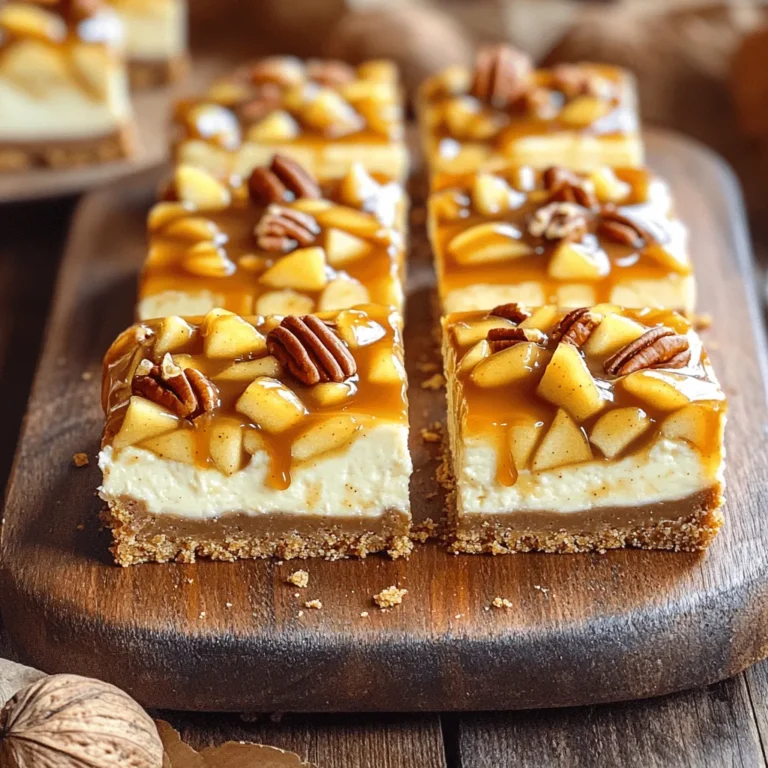 To make the perfect caramel apple cheesecake bars, gather these ingredients: - 1 1/2 cups graham cracker crumbs - 1/4 cup packed brown sugar - 1/2 cup unsalted butter, melted - 2 packages (8 oz each) cream cheese, softened to room temperature - 3/4 cup granulated sugar - 2 large eggs, at room temperature - 1 teaspoon pure vanilla extract - 2 cups Granny Smith or Honeycrisp apples, peeled and diced - 1 teaspoon ground cinnamon - 1/4 teaspoon ground nutmeg - 1/2 cup caramel sauce, plus extra for drizzling - 1/4 cup chopped pecans (optional) Choosing the right brands can enhance your dish. I suggest using: - Graham Crackers: Nabisco Honey Maid for a classic flavor. - Cream Cheese: Philadelphia for its smooth texture and taste. - Caramel Sauce: Smucker's for its rich, creamy consistency. - Pecans: Planters for quality and crunch. Need to swap some ingredients? Here are my top suggestions: - Graham Cracker Crumbs: You can use crushed digestive biscuits or vanilla wafers. - Brown Sugar: If you're out, use white sugar mixed with a little molasses. - Unsalted Butter: Coconut oil works well if you want a dairy-free option. - Cream Cheese: Use mascarpone cheese for a richer texture. - Granulated Sugar: Coconut sugar is a great alternative for a lower glycemic index. - Apples: Any tart apple can work, like Fuji or Braeburn. - Nuts: Walnuts or almonds can replace pecans for a different crunch. These tips will help you create delicious caramel apple cheesecake bars, even if you don’t have all the exact ingredients! To make the caramel apple cheesecake bars, gather your ingredients first. This step helps you stay organized. You will need graham cracker crumbs, brown sugar, butter, cream cheese, sugar, eggs, vanilla, apples, spices, caramel sauce, and pecans if you like. 1. Preheat the oven to 350°F (175°C). Line a 9x13 inch baking dish with parchment paper. 2. Prepare the crust: Mix the graham cracker crumbs, brown sugar, and melted butter in a bowl. Stir until it looks like wet sand. Press this mixture into the bottom of your baking dish. Bake for 10 minutes and let it cool slightly. 3. Make the cheesecake filling: In a big bowl, beat the cream cheese and sugar until smooth. This takes about 2-3 minutes. Add the eggs one by one, mixing well after each. Finally, add the vanilla extract. 4. Add the apples and spices: In a different bowl, coat the diced apples with cinnamon and nutmeg. Gently fold the apples into the cheesecake mix. 5. Spread the filling: Pour the cheesecake mixture over the cooled crust. Drizzle the caramel sauce on top and swirl it with a knife for a lovely pattern. If using pecans, sprinkle them now. 6. Bake: Place the dish back in the oven. Bake for 30-35 minutes until the edges are golden brown. The center may jiggle a bit but will set as it cools. Let the bars cool at room temperature for about 1 hour. After that, put the dish in the fridge for at least 4 hours, or overnight if you can wait. This chilling step is key for the perfect texture. Once set, lift the bars out using the parchment paper. Slice them into squares and drizzle with extra caramel sauce. Enjoy these delicious caramel apple cheesecake bars! To get that smooth, creamy texture, start with room temperature cream cheese. Cold cream cheese does not mix well. Beat the cream cheese and sugar until it is silky. Add eggs one at a time. This helps keep the mix light and airy. Don’t overmix after adding the eggs. A gentle fold of the apples into the cream cheese mix is key. This keeps the filling fluffy. Avoid using cold ingredients. Cold cream cheese can create lumps. Also, don’t skip chilling the bars. If you serve them too soon, they may fall apart. Make sure your crust is firm. Press it down well to avoid a crumbly base. Lastly, watch the baking time. Overbaking can lead to cracks. The center should jiggle slightly. Serve these bars chilled for the best taste. They pair well with whipped cream or a scoop of vanilla ice cream. A drizzle of caramel sauce adds extra sweetness. You can also sprinkle some chopped pecans on top for crunch. For a fun twist, serve them with a side of hot cider. It adds a cozy feel to your dessert. These tips will help you enjoy every bite of your caramel apple cheesecake bars. For the full recipe, refer to the earlier section. {{image_4}} You can make these bars gluten-free easily. Use gluten-free graham cracker crumbs for the crust. Check labels when you shop. Many brands offer tasty options. The rest of the ingredients in this recipe are naturally gluten-free. This way, everyone can enjoy these delicious bars. Want to mix things up? Try adding different flavors! You can fold in some caramel bits or toffee pieces. They add a sweet crunch. You could also swap the apples for pears or peaches. They bring a unique twist. For a richer flavor, add a splash of maple syrup to the filling. This will deepen the taste and surprise your guests. Seasonal swaps can keep your cheesecake bars fresh. In fall, use spiced apples and ginger. In summer, fresh berries work great! You can even use pumpkin puree for a festive touch. This twist gives a creamy texture and rich flavor. Let your creativity shine with these swaps. Your family and friends will love the surprises! For the full recipe, check out the details above. To keep your caramel apple cheesecake bars fresh, store them in the fridge. Use an airtight container or cover the pan tightly with plastic wrap. They can last up to five days in the fridge. Always ensure they are cool before sealing. This helps keep the texture creamy and smooth. If you want to save some bars for later, freezing is easy. First, let the bars cool completely. Then, slice them into squares. Wrap each square in plastic wrap and place them in a freezer-safe bag. They can stay in the freezer for up to three months. When you’re ready to eat, just thaw them in the fridge overnight. To reheat your cheesecake bars, use the oven for the best results. Preheat the oven to 300°F (150°C). Place the bars on a baking sheet and heat for about 10 minutes. This warms them through without making them soggy. For a quick option, you can use the microwave. Heat the bars for 15-20 seconds at a time until warm but not hot. Enjoy the deliciousness! Yes, you can make these cheesecake bars a day or two in advance. They taste even better after sitting in the fridge. Just cover them well with plastic wrap after they cool. This keeps them fresh and tasty. You can tell the cheesecake is done when the edges look set and the center jiggles slightly. It should not look wet or liquidy. The edges will be a light golden brown. This means it is ready to cool. These bars are amazing on their own. You can serve them with extra caramel sauce for drizzling. A scoop of vanilla ice cream also pairs well. Some people love to add whipped cream on top. Fresh apple slices can add a nice crunch. For the full recipe, including detailed steps and tips, check [here](#). In this blog post, we covered all you need for caramel apple cheesecake bars. We listed key ingredients and brands, plus alternatives. You learned the steps to prepare and bake your bars, with tips for perfect texture and serving. We explored fun variations and how to store leftovers. With these insights, you can bake with confidence and enjoy tasty results. Try these tips and make your own unique bars!