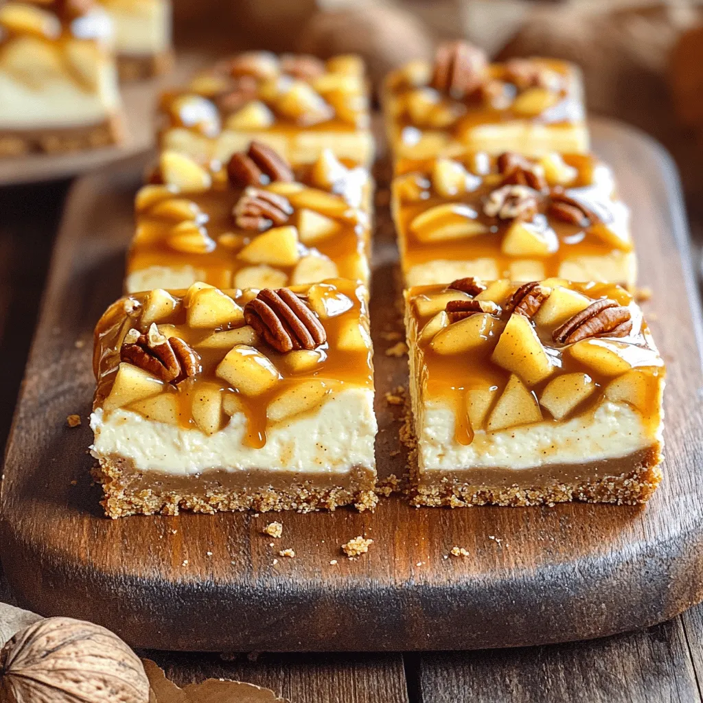 To make the perfect caramel apple cheesecake bars, gather these ingredients: - 1 1/2 cups graham cracker crumbs - 1/4 cup packed brown sugar - 1/2 cup unsalted butter, melted - 2 packages (8 oz each) cream cheese, softened to room temperature - 3/4 cup granulated sugar - 2 large eggs, at room temperature - 1 teaspoon pure vanilla extract - 2 cups Granny Smith or Honeycrisp apples, peeled and diced - 1 teaspoon ground cinnamon - 1/4 teaspoon ground nutmeg - 1/2 cup caramel sauce, plus extra for drizzling - 1/4 cup chopped pecans (optional) Choosing the right brands can enhance your dish. I suggest using: - Graham Crackers: Nabisco Honey Maid for a classic flavor. - Cream Cheese: Philadelphia for its smooth texture and taste. - Caramel Sauce: Smucker's for its rich, creamy consistency. - Pecans: Planters for quality and crunch. Need to swap some ingredients? Here are my top suggestions: - Graham Cracker Crumbs: You can use crushed digestive biscuits or vanilla wafers. - Brown Sugar: If you're out, use white sugar mixed with a little molasses. - Unsalted Butter: Coconut oil works well if you want a dairy-free option. - Cream Cheese: Use mascarpone cheese for a richer texture. - Granulated Sugar: Coconut sugar is a great alternative for a lower glycemic index. - Apples: Any tart apple can work, like Fuji or Braeburn. - Nuts: Walnuts or almonds can replace pecans for a different crunch. These tips will help you create delicious caramel apple cheesecake bars, even if you don’t have all the exact ingredients! To make the caramel apple cheesecake bars, gather your ingredients first. This step helps you stay organized. You will need graham cracker crumbs, brown sugar, butter, cream cheese, sugar, eggs, vanilla, apples, spices, caramel sauce, and pecans if you like. 1. Preheat the oven to 350°F (175°C). Line a 9x13 inch baking dish with parchment paper. 2. Prepare the crust: Mix the graham cracker crumbs, brown sugar, and melted butter in a bowl. Stir until it looks like wet sand. Press this mixture into the bottom of your baking dish. Bake for 10 minutes and let it cool slightly. 3. Make the cheesecake filling: In a big bowl, beat the cream cheese and sugar until smooth. This takes about 2-3 minutes. Add the eggs one by one, mixing well after each. Finally, add the vanilla extract. 4. Add the apples and spices: In a different bowl, coat the diced apples with cinnamon and nutmeg. Gently fold the apples into the cheesecake mix. 5. Spread the filling: Pour the cheesecake mixture over the cooled crust. Drizzle the caramel sauce on top and swirl it with a knife for a lovely pattern. If using pecans, sprinkle them now. 6. Bake: Place the dish back in the oven. Bake for 30-35 minutes until the edges are golden brown. The center may jiggle a bit but will set as it cools. Let the bars cool at room temperature for about 1 hour. After that, put the dish in the fridge for at least 4 hours, or overnight if you can wait. This chilling step is key for the perfect texture. Once set, lift the bars out using the parchment paper. Slice them into squares and drizzle with extra caramel sauce. Enjoy these delicious caramel apple cheesecake bars! To get that smooth, creamy texture, start with room temperature cream cheese. Cold cream cheese does not mix well. Beat the cream cheese and sugar until it is silky. Add eggs one at a time. This helps keep the mix light and airy. Don’t overmix after adding the eggs. A gentle fold of the apples into the cream cheese mix is key. This keeps the filling fluffy. Avoid using cold ingredients. Cold cream cheese can create lumps. Also, don’t skip chilling the bars. If you serve them too soon, they may fall apart. Make sure your crust is firm. Press it down well to avoid a crumbly base. Lastly, watch the baking time. Overbaking can lead to cracks. The center should jiggle slightly. Serve these bars chilled for the best taste. They pair well with whipped cream or a scoop of vanilla ice cream. A drizzle of caramel sauce adds extra sweetness. You can also sprinkle some chopped pecans on top for crunch. For a fun twist, serve them with a side of hot cider. It adds a cozy feel to your dessert. These tips will help you enjoy every bite of your caramel apple cheesecake bars. For the full recipe, refer to the earlier section. {{image_4}} You can make these bars gluten-free easily. Use gluten-free graham cracker crumbs for the crust. Check labels when you shop. Many brands offer tasty options. The rest of the ingredients in this recipe are naturally gluten-free. This way, everyone can enjoy these delicious bars. Want to mix things up? Try adding different flavors! You can fold in some caramel bits or toffee pieces. They add a sweet crunch. You could also swap the apples for pears or peaches. They bring a unique twist. For a richer flavor, add a splash of maple syrup to the filling. This will deepen the taste and surprise your guests. Seasonal swaps can keep your cheesecake bars fresh. In fall, use spiced apples and ginger. In summer, fresh berries work great! You can even use pumpkin puree for a festive touch. This twist gives a creamy texture and rich flavor. Let your creativity shine with these swaps. Your family and friends will love the surprises! For the full recipe, check out the details above. To keep your caramel apple cheesecake bars fresh, store them in the fridge. Use an airtight container or cover the pan tightly with plastic wrap. They can last up to five days in the fridge. Always ensure they are cool before sealing. This helps keep the texture creamy and smooth. If you want to save some bars for later, freezing is easy. First, let the bars cool completely. Then, slice them into squares. Wrap each square in plastic wrap and place them in a freezer-safe bag. They can stay in the freezer for up to three months. When you’re ready to eat, just thaw them in the fridge overnight. To reheat your cheesecake bars, use the oven for the best results. Preheat the oven to 300°F (150°C). Place the bars on a baking sheet and heat for about 10 minutes. This warms them through without making them soggy. For a quick option, you can use the microwave. Heat the bars for 15-20 seconds at a time until warm but not hot. Enjoy the deliciousness! Yes, you can make these cheesecake bars a day or two in advance. They taste even better after sitting in the fridge. Just cover them well with plastic wrap after they cool. This keeps them fresh and tasty. You can tell the cheesecake is done when the edges look set and the center jiggles slightly. It should not look wet or liquidy. The edges will be a light golden brown. This means it is ready to cool. These bars are amazing on their own. You can serve them with extra caramel sauce for drizzling. A scoop of vanilla ice cream also pairs well. Some people love to add whipped cream on top. Fresh apple slices can add a nice crunch. For the full recipe, including detailed steps and tips, check [here](#). In this blog post, we covered all you need for caramel apple cheesecake bars. We listed key ingredients and brands, plus alternatives. You learned the steps to prepare and bake your bars, with tips for perfect texture and serving. We explored fun variations and how to store leftovers. With these insights, you can bake with confidence and enjoy tasty results. Try these tips and make your own unique bars!
