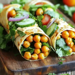 - 1 can (15 oz) chickpeas, thoroughly drained and rinsed - 1 tablespoon olive oil - 1 teaspoon smoked paprika - 1 teaspoon ground cumin - 1/2 teaspoon cayenne pepper (adjust according to your heat preference) - 1/2 teaspoon garlic powder - Salt, to taste - 4 whole wheat or spinach wraps - 1 cup mixed greens (options include spinach, arugula, etc.) - 1 small cucumber, thinly sliced - 1 large tomato, diced - 1/4 cup red onion, thinly sliced - 1/2 cup hummus (can be store-bought or homemade) - Fresh cilantro or parsley, for garnish These ingredients make my Spicy Roasted Chickpea Wraps a fun choice for meal prep. The chickpeas are the star of the dish. They give a nice crunch and pack a punch of flavor. I love using canned chickpeas because they are quick and easy. After rinsing them, they are ready for seasoning. The spices are key. Smoked paprika adds depth, and cumin gives warmth. Cayenne adds heat, but you can reduce it if you want less spice. Garlic powder rounds out the flavor. A pinch of salt brings everything together. For the wraps, I enjoy whole wheat or spinach options. They are healthy and tasty. You can also try gluten-free wraps if needed. Fresh produce always makes a meal better. Mixed greens add crunch and color. Slice cucumbers for a refreshing bite, and diced tomatoes add juicy sweetness. Thinly sliced red onions give a nice zing. Finally, hummus adds creaminess and helps hold everything together. This combination creates a tasty wrap that is great to make ahead. With these ingredients, you will have a filling, nutritious meal ready for your week. 1. Preheat oven and prepare chickpeas Start by setting your oven to 400°F (200°C). This heat will help make the chickpeas crispy. Rinse and drain one can of chickpeas. Pat them dry with a clean towel to remove any moisture. Dry chickpeas will roast better. 2. Coat chickpeas with seasoning blend In a bowl, mix one tablespoon of olive oil, one teaspoon smoked paprika, one teaspoon ground cumin, half a teaspoon cayenne pepper, half a teaspoon garlic powder, and salt to taste. Add your dried chickpeas to the bowl. Toss them well until every chickpea gets coated in the spicy oil mixture. 3. Roast chickpeas to a crispy finish Line a baking sheet with parchment paper. Spread the seasoned chickpeas in a single layer on the sheet. Roast them for 25 to 30 minutes. Shake the pan halfway through cooking. This helps them get nice and crispy. You want them golden brown and crunchy. 1. Spreading hummus on the wraps While the chickpeas roast, grab your wraps. Lay each wrap flat on a clean surface. Spread about one tablespoon of hummus all over each wrap. This adds creaminess and flavor. 2. Layering vegetables and chickpeas On top of the hummus, add a layer of mixed greens. You can use spinach or arugula. Then, add thinly sliced cucumber, diced tomato, and red onion. Finally, take your roasted chickpeas and distribute them evenly on top. 3. Rolling and slicing the wraps Roll each wrap tightly, tucking in the sides as you go. This keeps the filling from falling out. Once all wraps are rolled, slice them in half with a sharp knife. This makes them easy to handle and looks great on a plate. This method makes tasty spicy roasted chickpea wraps perfect for meal prep. Enjoy these delicious wraps with friends, or store them for later! For the complete recipe, check out the Full Recipe section. To get crispy chickpeas, start with dry ones. After rinsing, soak them on a towel. Pat them dry to remove moisture. This step is key to a crispy texture. Roast them on a baking sheet in a single layer. Shake the pan halfway through. This helps them cook evenly. For spice, start with the cayenne pepper. You can add more or less to fit your taste. Try smoked paprika for a smoky flavor. Adjust the spices until it feels just right for you. Wraps are fun to make your own. You can use many fresh veggies. I suggest adding bell peppers or shredded carrots. These add crunch and color to your wrap. Try different spreads too. Hummus is great, but you can use tzatziki or avocado spread. They each bring a unique taste. For dips, think about yogurt sauce or a spicy salsa. These pair well with the wraps and add more flavor. Enjoy experimenting with what you love! For the Full Recipe, refer back to the main article to see how to create these tasty wraps. {{image_4}} You can change the taste of your wraps by using different spices. For example, swap smoked paprika for chili powder or add some curry powder for a fun twist. You can also mix in dried herbs like oregano or basil for added depth. Each spice brings a unique flavor that can keep your wraps exciting. Don't forget about the wraps! You can try whole wheat, spinach, or even gluten-free options. Each type adds its own flavor and texture. The choice of wrap can really change your meal. Mix and match to find your favorite combination. If you want to boost the protein in your wraps, consider adding other legumes. Black beans or lentils work well with chickpeas. You can also add tofu or tempeh for a hearty bite. These additions make your meal even more filling and nutritious. You can easily modify the wraps for vegetarian or vegan diets. The chickpeas are already plant-based, so just make sure your wraps and hummus fit your diet. This way, everyone can enjoy a delicious meal. To store leftover wraps, wrap them tightly in plastic wrap. Place them in an airtight container. This keeps the wraps fresh and prevents them from drying out. You can refrigerate them for up to three days. After that, the wraps may lose their taste and texture. Always check for any signs of spoilage before eating. If you notice an off smell or change in color, it’s best to toss them. Freezing wraps is an easy way to extend their life. To freeze, wrap each one tightly in foil or plastic wrap. Then, place them in a freezer bag. They can last up to three months in the freezer. When you’re ready to eat, take one out and let it thaw in the fridge overnight. To reheat, unwrap and heat in a skillet for a few minutes. This helps keep the wrap's flavor and texture intact. However, freezing may make the veggies softer. So, if you prefer crunch, add fresh veggies after reheating. If you don't have chickpeas, you can use other legumes. Try black beans or lentils. Both options work well in wraps and offer good protein. You can also use cooked quinoa for a different texture. Each substitute brings its own flavor and nutrition. Yes, these wraps are great for meal prep! You can make them in advance and store them easily. Here are some tips for making wraps ahead of time: - Roast the chickpeas and let them cool. - Assemble the wraps but keep them in separate containers. - Store wraps in the fridge for up to three days. - If you want, wrap them in foil for easy transport. Absolutely! You can choose gluten-free wraps made from rice or corn. These options taste great and hold the filling well. - Check the labels to ensure they meet your needs. - You can also use large lettuce leaves for a fresh, low-carb option. - Just remember to adjust your fillings for size and flavor. For the full recipe, check out the section above. In this post, I covered how to make tasty roasted chickpea wraps. You learned about the key ingredients, including chickpeas and spices, and how to roast them to perfection. I shared assembly tips like spreading hummus and layering fresh veggies. You can customize your wraps with different flavors and proteins. Lastly, I provided helpful storage advice for leftovers. Remember, these wraps are versatile and fun. Enjoy your cooking journey and create wraps that suit your taste!