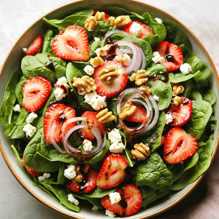 To make a tasty Strawberry Feta Spinach Salad, gather these key ingredients: - 4 cups fresh spinach leaves, thoroughly washed and dried - 1 cup ripe strawberries, hulled and sliced into thin pieces - 1/2 cup creamy feta cheese, crumbled into small pieces - 1/4 cup red onion, very thinly sliced for a milder flavor - 1/4 cup walnuts, toasted and roughly chopped for crunch - 2 tablespoons balsamic vinegar for tanginess - 1 tablespoon honey to add sweetness - 2 tablespoons olive oil for richness - Salt and freshly ground black pepper to taste These ingredients create a vibrant mix of flavors and textures. The spinach gives a fresh base, while strawberries add sweetness. Feta cheese brings creaminess, and walnuts add crunch. You can boost the flavor of your salad with these optional ingredients: - Avocado slices for creaminess - Grilled chicken for added protein - Fresh herbs like basil or mint for a unique twist - Dried cranberries for extra sweetness Adding these items can change the taste and make the salad even more amazing. You can mix and match based on your liking or what you have at home. Choosing fresh ingredients is key for a great salad. Here are some tips: - For spinach, look for vibrant green leaves without brown spots. - Select strawberries that are bright red and firm, avoiding any that are mushy. - Choose feta cheese that is creamy and has a good smell. - Pick walnuts that are crunchy and not stale. Always buy organic when possible. Fresh ingredients not only taste better, but they also make your salad look great. For the full recipe, check out the [Full Recipe]. Start with a large salad bowl. Add 4 cups of fresh spinach leaves. Make sure they are clean and dry. Next, add 1 cup of ripe strawberries. Slice them thin for easy eating. Then, crumble 1/2 cup of creamy feta cheese over the spinach and strawberries. The feta adds a salty kick. Finally, include 1/4 cup of thinly sliced red onion. This will give a mild, sweet taste. Mix everything gently with your hands or a large spoon. Be careful not to bruise the spinach. Grab a small skillet and heat it over medium heat. Add 1/4 cup of walnuts to the pan. Toast them for about 3-4 minutes. Stir them often to avoid burning. You’ll know they are ready when they smell nice and look light golden. Once toasted, take them off the heat. Let them cool down a bit before chopping them roughly. This adds a crunchy texture to the salad. In a small bowl, whisk together the dressing. Combine 2 tablespoons of balsamic vinegar with 1 tablespoon of honey. This mix gives a nice sweet and tangy flavor. Add 2 tablespoons of olive oil for creaminess. Don’t forget a pinch of salt and freshly ground black pepper. Whisk until the dressing is well blended and smooth. Drizzle this dressing over your salad base. Toss gently to coat all the ingredients evenly. This step ensures every bite is delicious. Finish by sprinkling the toasted walnuts on top for that satisfying crunch. For the full recipe, check out the detailed steps and tips! To boost the taste of your salad, think about adding fresh herbs. Basil or mint can give a nice twist. You can also use lemon juice for some brightness. A pinch of chili flakes adds heat. If you love more crunch, try adding sunflower seeds or pumpkin seeds. These small changes can make a big difference. When you toss your salad, be gentle. You don’t want to crush the spinach or strawberries. Use your hands or a big spoon to mix. Start from the bottom and lift the ingredients up. This way, all your flavors blend well without getting damaged. Always toss the salad just before serving. This keeps everything fresh and crisp. For a beautiful look, use a wide, shallow bowl. It shows off the colors of the salad. Place the spinach first, then add the strawberries and feta on top. For extra flair, add a few whole strawberries and a sprinkle of feta as a garnish. You can even arrange some spinach leaves around the bowl's edge for a neat finish. These simple ideas make your dish look gourmet and inviting. For the full recipe, check out the detailed instructions. {{image_4}} You can change things up by adding seasonal fruits. Think about using peaches in summer or apples in fall. These fruits add new flavors and textures. Fresh berries like blueberries or raspberries also work well. They bring a sweet burst that pairs nicely with the feta. Feel free to experiment! Each season has its own gems to offer. If you want a twist on the classic dressing, try using different options. A lemon vinaigrette gives a bright, zesty taste. You could also try a yogurt-based dressing for creaminess. Each dressing will change the salad's vibe. Make your own or find one that suits your taste. Don’t be afraid to mix and match! Feta is delightful, but you can try other cheeses too. Goat cheese adds a tangy flavor that many love. If you want a lighter option, use mozzarella or ricotta. These cheeses provide a soft, creamy contrast to the salad. Cheese choice can change the whole dish. Experiment until you find your favorite! For the full recipe, make sure to check the details above. To store any leftover salad, first, keep the dressing separate. Mix the salad without the dressing if you want to save it. Place the salad in an airtight container. You can refrigerate it for up to two days. This keeps the spinach fresh and crisp. For the dressing, store it in a small jar. It stays good in the fridge for a week. When prepping for the week, wash and dry your spinach well. Slice your strawberries and red onion ahead of time. Store them in separate containers. This keeps them fresh longer. Toast the walnuts and keep them in a sealed bag. You can mix everything together the day you want to eat. This way, your salad tastes fresh and delicious! - Spinach: 3-5 days in the fridge - Strawberries: 3-7 days when stored properly - Feta cheese: 1 week after opening - Walnuts: 6 months if kept in a cool place - Balsamic vinegar: Indefinite shelf life if unopened Understanding how long your ingredients last helps you plan better meals. It also reduces waste. For the full recipe, check out the detailed instructions above! Spinach is rich in vitamins A, C, and K. It helps boost your immune system. It also has iron, which is good for blood health. Strawberries are low in calories but high in fiber. They are packed with antioxidants and vitamin C. Eating both helps improve heart health and digestion. This salad is not only tasty but also good for you! Yes, you can make this salad ahead of time. If you plan to serve it later, keep the dressing separate. This helps keep the spinach fresh and crisp. You can mix everything just before serving. The salad will taste great and look fresh even after a few hours. This salad pairs well with grilled chicken or fish. It also complements pasta dishes and sandwiches. For a light meal, serve it with a bowl of soup. The sweet and savory flavors of the salad balance well with these dishes. Yes, this recipe is naturally gluten-free. All the ingredients, like spinach, strawberries, and feta cheese, are gluten-free. If you want to add croutons, choose gluten-free bread. This way, everyone can enjoy this delicious salad! This blog post covered everything you need for a delicious Strawberry Feta Spinach Salad. We explored key ingredients, preparation steps, and helpful tips. You learned how to add flavor and create great salads. Remember, fresh ingredients boost taste and nutrition. Try different fruits, dressings, and cheese for fun variations. Store leftovers properly for later enjoyment. With these tips and tricks, you can make a tasty salad anytime. Enjoy your next meal!