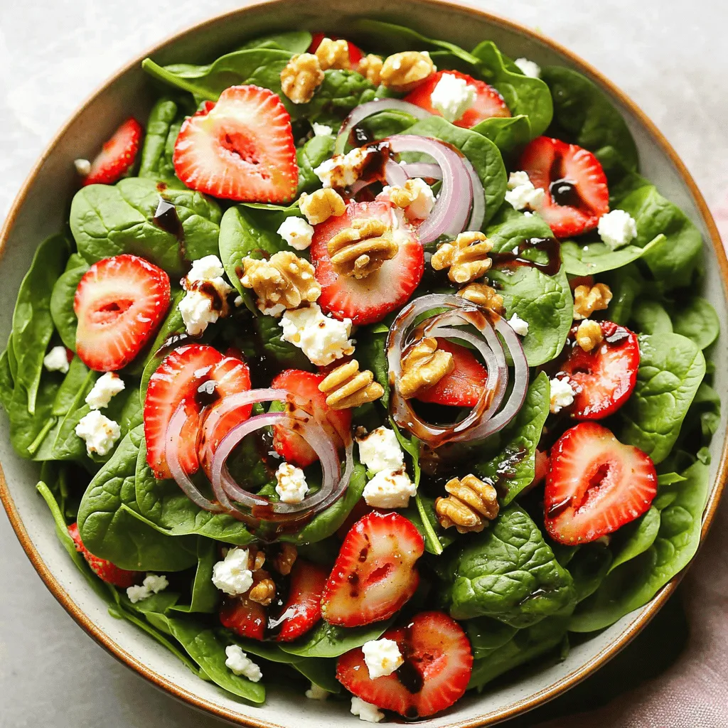 To make a tasty Strawberry Feta Spinach Salad, gather these key ingredients: - 4 cups fresh spinach leaves, thoroughly washed and dried - 1 cup ripe strawberries, hulled and sliced into thin pieces - 1/2 cup creamy feta cheese, crumbled into small pieces - 1/4 cup red onion, very thinly sliced for a milder flavor - 1/4 cup walnuts, toasted and roughly chopped for crunch - 2 tablespoons balsamic vinegar for tanginess - 1 tablespoon honey to add sweetness - 2 tablespoons olive oil for richness - Salt and freshly ground black pepper to taste These ingredients create a vibrant mix of flavors and textures. The spinach gives a fresh base, while strawberries add sweetness. Feta cheese brings creaminess, and walnuts add crunch. You can boost the flavor of your salad with these optional ingredients: - Avocado slices for creaminess - Grilled chicken for added protein - Fresh herbs like basil or mint for a unique twist - Dried cranberries for extra sweetness Adding these items can change the taste and make the salad even more amazing. You can mix and match based on your liking or what you have at home. Choosing fresh ingredients is key for a great salad. Here are some tips: - For spinach, look for vibrant green leaves without brown spots. - Select strawberries that are bright red and firm, avoiding any that are mushy. - Choose feta cheese that is creamy and has a good smell. - Pick walnuts that are crunchy and not stale. Always buy organic when possible. Fresh ingredients not only taste better, but they also make your salad look great. For the full recipe, check out the [Full Recipe]. Start with a large salad bowl. Add 4 cups of fresh spinach leaves. Make sure they are clean and dry. Next, add 1 cup of ripe strawberries. Slice them thin for easy eating. Then, crumble 1/2 cup of creamy feta cheese over the spinach and strawberries. The feta adds a salty kick. Finally, include 1/4 cup of thinly sliced red onion. This will give a mild, sweet taste. Mix everything gently with your hands or a large spoon. Be careful not to bruise the spinach. Grab a small skillet and heat it over medium heat. Add 1/4 cup of walnuts to the pan. Toast them for about 3-4 minutes. Stir them often to avoid burning. You’ll know they are ready when they smell nice and look light golden. Once toasted, take them off the heat. Let them cool down a bit before chopping them roughly. This adds a crunchy texture to the salad. In a small bowl, whisk together the dressing. Combine 2 tablespoons of balsamic vinegar with 1 tablespoon of honey. This mix gives a nice sweet and tangy flavor. Add 2 tablespoons of olive oil for creaminess. Don’t forget a pinch of salt and freshly ground black pepper. Whisk until the dressing is well blended and smooth. Drizzle this dressing over your salad base. Toss gently to coat all the ingredients evenly. This step ensures every bite is delicious. Finish by sprinkling the toasted walnuts on top for that satisfying crunch. For the full recipe, check out the detailed steps and tips! To boost the taste of your salad, think about adding fresh herbs. Basil or mint can give a nice twist. You can also use lemon juice for some brightness. A pinch of chili flakes adds heat. If you love more crunch, try adding sunflower seeds or pumpkin seeds. These small changes can make a big difference. When you toss your salad, be gentle. You don’t want to crush the spinach or strawberries. Use your hands or a big spoon to mix. Start from the bottom and lift the ingredients up. This way, all your flavors blend well without getting damaged. Always toss the salad just before serving. This keeps everything fresh and crisp. For a beautiful look, use a wide, shallow bowl. It shows off the colors of the salad. Place the spinach first, then add the strawberries and feta on top. For extra flair, add a few whole strawberries and a sprinkle of feta as a garnish. You can even arrange some spinach leaves around the bowl's edge for a neat finish. These simple ideas make your dish look gourmet and inviting. For the full recipe, check out the detailed instructions. {{image_4}} You can change things up by adding seasonal fruits. Think about using peaches in summer or apples in fall. These fruits add new flavors and textures. Fresh berries like blueberries or raspberries also work well. They bring a sweet burst that pairs nicely with the feta. Feel free to experiment! Each season has its own gems to offer. If you want a twist on the classic dressing, try using different options. A lemon vinaigrette gives a bright, zesty taste. You could also try a yogurt-based dressing for creaminess. Each dressing will change the salad's vibe. Make your own or find one that suits your taste. Don’t be afraid to mix and match! Feta is delightful, but you can try other cheeses too. Goat cheese adds a tangy flavor that many love. If you want a lighter option, use mozzarella or ricotta. These cheeses provide a soft, creamy contrast to the salad. Cheese choice can change the whole dish. Experiment until you find your favorite! For the full recipe, make sure to check the details above. To store any leftover salad, first, keep the dressing separate. Mix the salad without the dressing if you want to save it. Place the salad in an airtight container. You can refrigerate it for up to two days. This keeps the spinach fresh and crisp. For the dressing, store it in a small jar. It stays good in the fridge for a week. When prepping for the week, wash and dry your spinach well. Slice your strawberries and red onion ahead of time. Store them in separate containers. This keeps them fresh longer. Toast the walnuts and keep them in a sealed bag. You can mix everything together the day you want to eat. This way, your salad tastes fresh and delicious! - Spinach: 3-5 days in the fridge - Strawberries: 3-7 days when stored properly - Feta cheese: 1 week after opening - Walnuts: 6 months if kept in a cool place - Balsamic vinegar: Indefinite shelf life if unopened Understanding how long your ingredients last helps you plan better meals. It also reduces waste. For the full recipe, check out the detailed instructions above! Spinach is rich in vitamins A, C, and K. It helps boost your immune system. It also has iron, which is good for blood health. Strawberries are low in calories but high in fiber. They are packed with antioxidants and vitamin C. Eating both helps improve heart health and digestion. This salad is not only tasty but also good for you! Yes, you can make this salad ahead of time. If you plan to serve it later, keep the dressing separate. This helps keep the spinach fresh and crisp. You can mix everything just before serving. The salad will taste great and look fresh even after a few hours. This salad pairs well with grilled chicken or fish. It also complements pasta dishes and sandwiches. For a light meal, serve it with a bowl of soup. The sweet and savory flavors of the salad balance well with these dishes. Yes, this recipe is naturally gluten-free. All the ingredients, like spinach, strawberries, and feta cheese, are gluten-free. If you want to add croutons, choose gluten-free bread. This way, everyone can enjoy this delicious salad! This blog post covered everything you need for a delicious Strawberry Feta Spinach Salad. We explored key ingredients, preparation steps, and helpful tips. You learned how to add flavor and create great salads. Remember, fresh ingredients boost taste and nutrition. Try different fruits, dressings, and cheese for fun variations. Store leftovers properly for later enjoyment. With these tips and tricks, you can make a tasty salad anytime. Enjoy your next meal!