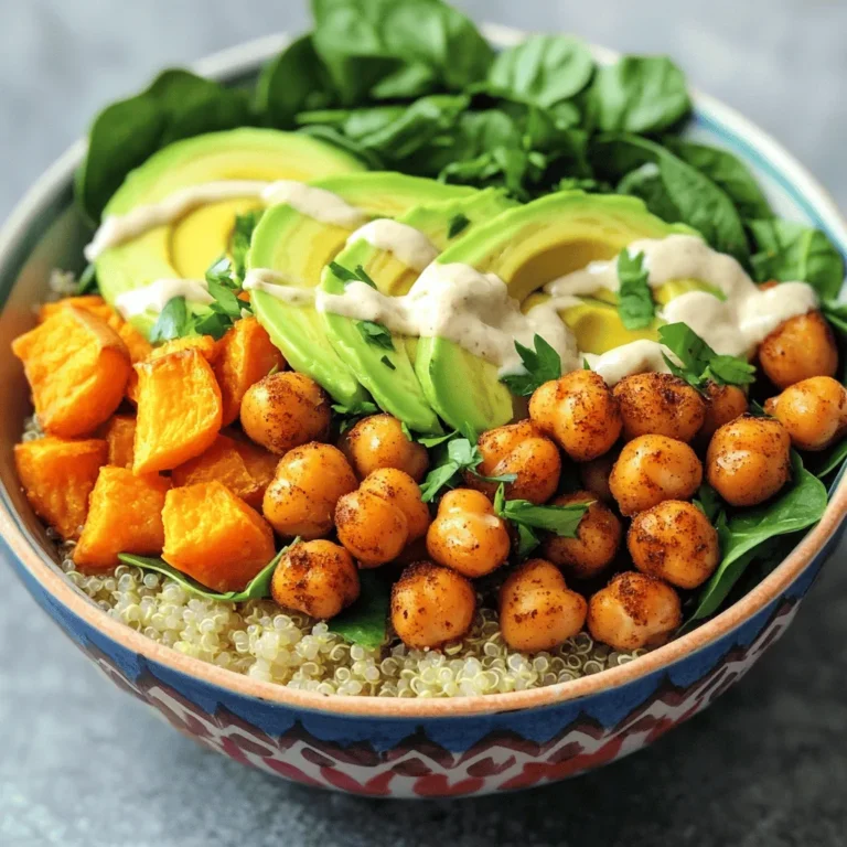- 1 can (15 oz) chickpeas, thoroughly drained and rinsed - 1 large sweet potato, peeled and cut into ½-inch cubes - 1 cup quinoa, rinsed under cold water - 2 cups fresh baby spinach - 1 ripe avocado, sliced - ¼ cup tahini (sesame paste) Chickpeas are the star here. They add protein and crunch. Sweet potatoes bring sweetness and color. Quinoa is a great grain that fills you up. Fresh spinach gives a nice green touch. Avocado adds creaminess, while tahini serves as a rich sauce. - 2 tablespoons extra-virgin olive oil - 1 teaspoon smoked paprika - 1 teaspoon garlic powder - ½ teaspoon ground cumin - Salt and freshly ground black pepper to taste - 1 tablespoon pure maple syrup - 1 teaspoon ground cinnamon These seasonings make your dish pop. The olive oil helps everything roast nicely. Smoked paprika gives a warm flavor. Garlic powder adds depth. Ground cumin brings earthiness, while maple syrup and cinnamon provide a sweet twist. - Juice of 1 fresh lemon - 1 tablespoon water (to adjust tahini consistency) - Fresh parsley, finely chopped for garnish - Optional sesame seeds or chili flakes Fresh lemon juice brightens the bowl. Water helps thin the tahini for drizzling. Parsley adds a fresh finish. You can also sprinkle sesame seeds or chili flakes for extra crunch or spice. This list of ingredients helps create a balanced, tasty meal. Each part plays a role in making the dish bright and delicious. For the full recipe, check out the detailed cooking instructions. 1. Preheat your oven to 425°F (220°C). This heat will help make our chickpeas crispy. 2. In a bowl, combine the chickpeas with olive oil, smoked paprika, garlic powder, ground cumin, salt, and black pepper. Mix well. Each chickpea should be coated in the spices. 3. On another baking sheet, add your diced sweet potato. Drizzle it with maple syrup. Sprinkle ground cinnamon, salt, and black pepper on top. Toss to coat evenly. 1. Place both baking sheets in the oven. Roast for about 25-30 minutes. 2. Stir the chickpeas and sweet potatoes halfway through. This helps them cook evenly. Chickpeas should be crunchy, and sweet potatoes should be tender. 1. In a medium pot, combine the rinsed quinoa with vegetable broth or water. Bring it to a boil over medium-high heat. 2. Once it boils, reduce the heat to low, cover, and let it simmer for about 15 minutes. The quinoa should be fluffy when done. 3. In a small bowl, whisk together tahini, fresh lemon juice, and water. Mix until smooth. If it feels thick, add more water. This easy recipe is perfect for a healthy meal. Check the [Full Recipe] for more details. To get the best crispy chickpeas, start with dry chickpeas. Drain and rinse them well. This step helps remove any canning liquid. Next, pat them dry with a towel. This helps remove extra moisture. Less moisture means more crispiness! Use a high heat, around 425°F (220°C), for roasting. This heat helps the chickpeas turn golden and crunchy. Toss them in olive oil and spices. I love using smoked paprika and garlic powder for a bold taste. Don’t forget salt and pepper! Spread them out on a baking sheet in one layer. This allows hot air to circulate and cook them evenly. Roast for about 25-30 minutes. Stir them halfway through. This ensures all sides get crispy. Keep an eye on them. You want a lovely golden color. Want to spice things up? You can add more flavors! Here are a few ideas: - Curry powder for an earthy taste - Chili powder for a kick of heat - Dried herbs like oregano or thyme for freshness - Nutritional yeast for a cheesy flavor You can mix and match these seasonings. Get creative! You might find a new favorite flavor. A Buddha bowl should be a feast for the eyes! Use colorful ingredients to make it pop. Start with a base of fluffy quinoa. Then layer on the crispy chickpeas and roasted sweet potatoes. Add a handful of fresh spinach for a vibrant green. Place slices of avocado on top for creaminess. Drizzle with tahini sauce to give it a nice shine. For a finishing touch, sprinkle some chopped parsley. This adds freshness and color. Serve your Buddha bowls in bright, fun bowls to show off your hard work. Use this [Full Recipe] to guide you through the steps. Enjoy your tasty creation! {{image_4}} You can change a few ingredients to match your taste. If you don't have quinoa, use brown rice, farro, or couscous. For veggies, try roasted bell peppers, zucchini, or broccoli. If you want a different protein, swap chickpeas for black beans, lentils, or tofu. To make this recipe vegan, it is already plant-based. Just ensure all ingredients are vegan-friendly. For gluten-free, use quinoa or rice. Check the tahini and spices to ensure they contain no gluten. You can switch up the sauce for fun flavors. Try a spicy sriracha dressing or a creamy yogurt sauce. A peanut sauce can add a nice twist too. You can also add fresh herbs like cilantro or mint for a fresh taste. Want more zest? A splash of lime juice or a sprinkle of chili flakes will do the trick! To keep your crispy chickpea Buddha bowls fresh, store leftovers in an airtight container. Make sure to separate the chickpeas, sweet potatoes, and quinoa. This way, each part stays crisp. You can keep them in the fridge for up to four days. If you want to enjoy them later, make sure to cool everything down before sealing the container. When it's time to reheat, avoid the microwave if you can. It can make the chickpeas soft. Instead, use the oven or a stovetop pan. Preheat your oven to 350°F (175°C). Spread the chickpeas and sweet potatoes on a baking sheet. Heat them for about 10-15 minutes. Stir them halfway through for even heating. This keeps everything crunchy and tasty. If you want to freeze components, do so before mixing them. Place the cooled chickpeas, sweet potatoes, and quinoa in separate freezer bags. Remove as much air as possible before sealing. They can last up to three months in the freezer. When you are ready to eat, thaw them in the fridge overnight. Reheat them in the oven for the best texture. Enjoy your meal even after some time! For the full recipe, check out the Crispy Chickpea Buddha Bowls . Yes, you can use canned chickpeas. They save time and are easy to use. Canned chickpeas are already cooked. Just drain and rinse them well. This step removes excess salt and makes them taste fresh. Dried chickpeas need soaking and cooking. They take longer, but they can be creamier. Use what works best for you. If you can't find tahini or have an allergy, don’t worry! You can use creamy peanut butter or almond butter. These options give a nice flavor. Another choice is to make a yogurt sauce. Mix plain yogurt with lemon juice and a bit of garlic. This makes a tasty dressing too. To make this recipe ahead, cook each part separately. Store chickpeas and sweet potatoes in one container. Keep quinoa in another. This way, everything stays fresh. You can also prep the tahini sauce in advance. Just store it in the fridge. When you’re ready to eat, warm the chickpeas and sweet potatoes. Assemble your bowl and enjoy! For the full recipe, check out the detailed instructions above. This blog post covered a tasty recipe featuring chickpeas, sweet potatoes, quinoa, and plenty of spices. You learned how to prepare the ingredients, roast them, and create a delicious tahini drizzle. I shared tips for flavorful enhancements and presentation ideas. Remember that you can adjust ingredients for dietary needs while still enjoying this dish. Finally, follow my storage and reheating tips to keep your meal fresh. Experiment with variations to keep it exciting. Enjoy the journey of cooking and personalizing this nutritious bowl!