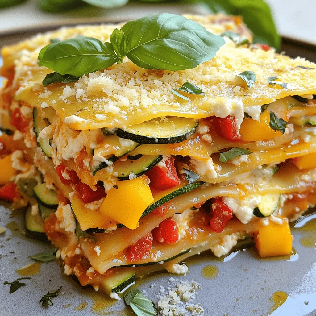 - 3 medium zucchinis, thinly sliced into rounds - 1 red bell pepper, diced into small cubes - 1 yellow bell pepper, diced into small cubes - 2 cups marinara sauce, divided - 2 cups ricotta cheese - 2 cups shredded mozzarella cheese, divided - 1 cup grated Parmesan cheese The main ingredients in this recipe create a colorful and tasty dish. Zucchini adds a nice crunch. Red and yellow bell peppers bring sweetness and flavor. Marinara sauce ties it all together with rich tomato taste. Ricotta cheese gives creaminess, while mozzarella melts beautifully. Parmesan adds a salty finish that everyone loves. - 1 teaspoon dried oregano - 1 teaspoon dried basil - 1 large egg - Salt and pepper, to taste - Fresh basil leaves for garnish Seasonings make a big difference! Dried oregano and basil enhance the flavors of the veggies. The egg helps bind the ricotta mixture, giving it the right texture. Salt and pepper add the perfect touch of seasoning. Fresh basil leaves on top not only look great but add a fresh taste. For the full recipe, be sure to check the details above. - Preheat the Oven: Start by preheating your oven to 375°F (190°C). This gets your oven hot and ready for the lasagna. - Sauté Peppers: In a large skillet, heat a splash of olive oil over medium heat. Add the diced red and yellow bell peppers. Sauté them for about 5-7 minutes until they soften. A little salt and pepper brings out their flavor. Remove the skillet from the heat and set it aside. - Prepare Ricotta Mixture: In a mixing bowl, combine ricotta cheese, the egg, oregano, basil, and a pinch of salt and pepper. Mix well until smooth and creamy. This mixture adds richness to your lasagna. - First Layer: In a 9x13 inch baking dish, spread a thin layer of marinara sauce on the bottom. This helps prevent sticking. Next, lay down a layer of zucchini slices, covering the sauce completely. Spoon half of the ricotta mixture over the zucchini. Add half of the sautéed bell peppers, then sprinkle a layer of mozzarella cheese on top. - Repeat Layers: Now, repeat the process. Add another layer of marinara sauce, zucchini, the remaining ricotta mixture, and the rest of the sautéed peppers. Finish this layer with more mozzarella cheese. - Top it Off: For the final layer, spread the remaining marinara sauce generously over the top. Then, add a thick layer of mozzarella cheese and a sprinkle of grated Parmesan cheese. This will give your lasagna a nice golden crust. - Cover and Bake: Tightly cover the baking dish with aluminum foil. Place it in the preheated oven and bake for 30 minutes. This helps steam the layers and cook them evenly. - Final Bake without Foil: After 30 minutes, carefully remove the foil. Bake the lasagna for another 15-20 minutes. Look for melted, bubbly cheese that is lightly golden brown. - Cool and Garnish: Let the lasagna cool for about 10 minutes after taking it out of the oven. This helps it set, making it easier to slice. Before serving, garnish with fresh basil leaves for a pop of color. Enjoy your delicious creation! - Achieving Perfect Layers To get great layers, slice the zucchini thinly. Use a mandoline or a sharp knife. This helps the layers fit well and cook evenly. Start with marinara sauce on the bottom. This keeps the first layer from sticking. Layer zucchini, ricotta, and peppers carefully to avoid a messy mix. - Ensuring Cheese Melts Properly Use shredded mozzarella instead of blocks. Shredded cheese melts better and spreads evenly. For a creamy texture, mix mozzarella with the ricotta. This gives a nice, gooey bite. - Adjusting Cooking Times for Preferences If you like your lasagna firmer, bake it for less time. Check it after 30 minutes without the foil. For a softer texture, bake it longer. Always let it cool a bit before slicing. This helps it hold its shape. - Choosing the Best Zucchini Pick firm zucchinis with smooth skin. Avoid any with soft spots or blemishes. Fresh zucchini adds flavor and texture. - Substituting Cheese Options If you want a lighter option, try cottage cheese instead of ricotta. For a dairy-free choice, use cashew cheese or tofu. These alternatives still give good flavor. - Adding More Vegetables Feel free to mix in other veggies. Spinach, mushrooms, or eggplant work well. This not only adds flavor but also boosts nutrition. You can even add some chopped spinach to the ricotta mix for extra greens. For the full recipe, check out the details earlier. {{image_4}} Adding protein can make your zucchini and red pepper lasagna even more filling. - Incorporating Ground Meat: You can use ground beef or turkey. Brown it in a pan before layering. This adds flavor and heartiness to the dish. - Using Sausage or Chicken: Try Italian sausage for a spicy kick. Cook it first, then mix with the veggies. You can also use shredded chicken for a lighter option. If you want to keep it meat-free, there are tasty choices. - Adding Spinach or Mushrooms: Spinach adds a nice green touch. Sauté it with the peppers. Mushrooms bring a rich taste. Slice them and layer them with the other veggies. - Creating a Vegan Version: Swap ricotta for a vegan cheese. Use cashew cheese or tofu blended with herbs. This keeps it creamy without dairy. Boosting flavor makes a big difference. - Adding Spices like Red Pepper Flakes: A pinch of red pepper flakes gives a nice heat. Sprinkle some into the marinara sauce for extra zing. - Experimenting with Different Sauces: Try pesto or white sauce instead of marinara. This adds a unique twist to your lasagna. You can mix sauces for even more depth. For the full recipe, check out the details above! After enjoying your zucchini and red pepper lasagna, store leftovers properly. Best practices for refrigeration include letting the lasagna cool first. Once cooled, slice it into portions. Place each portion in an airtight container. This helps preserve flavor and texture. Store in the fridge for up to three days. When you are ready to enjoy your leftovers, reheating is key. The best methods for maintaining texture are using the oven or microwave. For the oven, preheat it to 350°F (175°C). Place the lasagna on a baking sheet. Cover it with foil to keep it moist. Heat for about 20 minutes or until warm. If you prefer the microwave, place a slice on a microwave-safe plate. Heat on high for one to two minutes. Check if it’s hot throughout before enjoying! Freezing is a great way to save leftover lasagna for later. To freeze lasagna, let it cool completely first. Wrap it tightly in plastic wrap and then in foil. This protects against freezer burn. You can freeze it for up to three months. When you're ready to eat, thaw the lasagna overnight in the fridge. For reheating frozen lasagna, follow the oven method. Preheat to 375°F (190°C) and bake covered for about 30-40 minutes. This keeps the layers intact and delicious. Enjoy your meal all over again! How do I prevent the lasagna from getting soggy? To keep your lasagna firm, use fresh, dry vegetables. Slice zucchini thin and sprinkle with salt to draw out moisture. Let it sit for 10 minutes, then pat it dry with paper towels. This helps keep the layers from getting too wet. Can I make zucchini and red pepper lasagna ahead of time? Yes! You can assemble the lasagna a day in advance. Cover it well and store it in the fridge. When you’re ready, bake it as directed. This lets the flavors blend and makes meal prep easy. What's the best way to cut lasagna for serving? Use a sharp knife or a pizza cutter. Let the lasagna cool for about 10 minutes after baking. This helps the layers set. Cut it into squares for neat servings. Caloric Breakdown per Serving One serving of this lasagna has about 350 calories. This makes it a hearty meal without too many calories. Health Benefits of Ingredients Zucchini adds fiber and vitamins. Bell peppers are rich in vitamin C. Ricotta provides protein and calcium. These ingredients help make this dish both tasty and healthy. Alternatives for Ricotta and Mozzarella If you want to skip ricotta, use cottage cheese. For mozzarella, try provolone or a dairy-free cheese. These swaps still keep the dish creamy and flavorful. What can I use instead of marinara sauce? You can use homemade tomato sauce if you prefer. A white sauce can also add a nice twist. Just make sure it has good flavor to complement the veggies. For the full recipe, check out the complete details to create this delightful dish! This blog post outlined a delicious zucchini and red pepper lasagna. We covered the key ingredients like marinara, ricotta, and mozzarella. I explained the preparation and baking steps in detail. You learned tips on storing leftovers and reheating them right. There are also ways to add protein or make a vegetarian version. In summary, this lasagna is easy to customize and full of flavor. Enjoy experimenting in your kitchen!