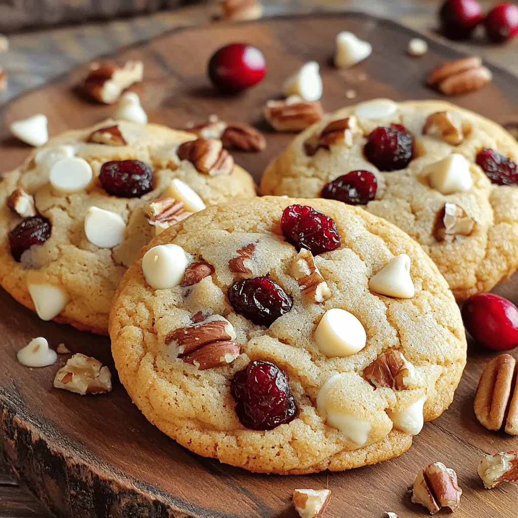 - 1 cup unsalted butter, softened at room temperature - 3/4 cup packed brown sugar - 1/2 cup granulated sugar - 2 large eggs - 1 teaspoon pure vanilla extract - 2 1/4 cups all-purpose flour, sifted - 1 teaspoon baking soda - 1/2 teaspoon salt - 1 cup white chocolate chips - 1 cup dried cranberries - 1/2 cup chopped pecans (optional) When I make white chocolate cranberry cookies, I focus on quality ingredients. Each one plays a vital role. The unsalted butter gives the cookies a rich base. Brown sugar adds depth and moisture, while granulated sugar adds sweetness. The eggs help bind everything together. Pure vanilla extract enhances the flavor, making it warm and inviting. I sift the all-purpose flour to keep the cookies light. Baking soda helps them rise, creating a nice texture. Salt balances the sweetness, making every bite satisfying. The white chocolate chips add creaminess, while dried cranberries bring a tart note. If you like a crunch, add chopped pecans for extra texture. - Coconut oil or margarine instead of butter - Maple syrup or honey as a sweetener alternative - Use different types of chocolate instead of white chocolate If you need substitutions, use coconut oil or margarine in place of butter. For a different sweet touch, try maple syrup or honey instead. If you prefer dark or milk chocolate, feel free to swap that in. These options let you personalize your cookies while still keeping them delicious. For the full recipe, check out the heavenly white chocolate cranberry cookies. - Preheat oven to 350°F (175°C) - Cream together butter and sugars until light and fluffy Start by preheating your oven to 350°F (175°C). This step ensures your cookies bake evenly. Line the baking sheets with parchment paper for easy cleanup. Next, take a large bowl and add 1 cup of softened unsalted butter. Mix this with 3/4 cup of packed brown sugar and 1/2 cup of granulated sugar. Use a mixer or whisk to blend these ingredients until the mixture is smooth and fluffy. - Add eggs one at a time - Mix in vanilla extract Now, it’s time to add the eggs. Crack 2 large eggs into the bowl, adding them one at a time. This helps the batter come together better. Mix well after each addition. Next, pour in 1 teaspoon of pure vanilla extract. This adds a lovely aroma and flavor to the dough. - Combine flour, baking soda, and salt - Gradually add to the wet mixture without over-mixing In a separate bowl, whisk together 2 1/4 cups of all-purpose flour, 1 teaspoon of baking soda, and 1/2 teaspoon of salt. This helps distribute the baking soda evenly. Gradually add this dry mix to the wet ingredients. Stir gently until just combined. Be careful not to over-mix, as this can make your cookies tough. - Fold in white chocolate, cranberries, and pecans - Scoop and shape dough onto baking sheets Now for the fun part! Fold in 1 cup of white chocolate chips and 1 cup of dried cranberries, along with 1/2 cup of chopped pecans if you want some crunch. This mix brings great flavor and texture to each bite. Use a cookie scoop or tablespoon to drop rounded balls of dough onto your prepared baking sheets. Leave about 2 inches of space between each ball. - Bake for 10-12 minutes - Cooling instructions post-baking Pop the baking sheets into your preheated oven. Bake the cookies for about 10-12 minutes. Watch closely! They should be lightly golden around the edges but still soft in the middle. Once done, take them out and let them cool on the baking sheet for about 5 minutes. After that, transfer the cookies to a wire rack to cool completely. This step is key for the best texture. For the complete recipe, check out the [Full Recipe]. To get the best texture, check your oven's temperature. An oven thermometer can help. Preheating to 350°F (175°C) works best. For a softer cookie, you can chill the dough for 30 minutes. This step makes the cookies thicker and chewier. Using high-quality chocolate gives the cookies a rich taste. Look for white chocolate with high cocoa butter content. When it comes to cranberries, fresh ones are juicy and tart. Dried cranberries are sweeter and add a chewy texture. Arrange your cookies on a nice platter to impress your guests. You can add a sprinkle of extra dried cranberries on top. A few white chocolate chips can also make them look fancy. This little touch makes your cookies more inviting. {{image_4}} You can change the taste of white chocolate cranberry cookies easily. Adding orange or lemon zest gives a bright, fresh flavor. Just a teaspoon of zest can make your cookies pop! You can also try nuts. Pecans add crunch, but walnuts or almonds work too. Want a nutty twist? Use nut butters like almond or peanut butter for a creamy texture. If you need a gluten-free treat, it's simple to adapt this recipe. Substitute all-purpose flour with almond flour or a gluten-free blend. This keeps the cookies soft and tasty. Just remember that different flours absorb moisture differently. You may need to adjust the liquid ingredients in the recipe. Making vegan cookies is easy! Replace eggs with flax eggs. Mix 1 tablespoon of ground flaxseed with 2.5 tablespoons of water for each egg. Let it sit for a few minutes until it thickens. For butter, use plant-based options. This keeps the cookies moist and rich. You will enjoy these vegan white chocolate cranberry cookies just as much! For the full recipe, check out the heavenly white chocolate cranberry cookies! Store your cookies in an airtight container. This keeps them fresh at room temperature. They will last for about a week. If you want them to stay fresh longer, refrigerate them. Just remember to let them warm up a bit before eating. To freeze the dough, scoop it onto parchment paper. Place the scoops in the freezer until firm. Then, transfer them to a freezer bag. This way, you can bake fresh cookies any time! For baked cookies, let them cool completely first. Then, place them in a freezer-safe container. They can last up to three months in the freezer. When you're ready to enjoy, just thaw them at room temperature or warm them in the oven. For the full recipe, check out the section above. Look for visual cues. The edges will be golden brown, while the center stays soft. The cookies will look set but not overcooked. You want them to be puffy and slightly shiny on top. This means they are ready to come out! Yes, you can prep the dough ahead. Just wrap it tightly in plastic wrap and keep it in the fridge. It stays fresh for about three days. You can also freeze the dough for up to three months. When you're ready, just thaw it in the fridge overnight before baking. If you want a change, try using milk chocolate or dark chocolate chips. You could also use butterscotch chips for a sweet twist. Just remember, each choice will give your cookies a different flavor. Absolutely! Get creative with mix-ins. You can use nuts like almonds or walnuts. Dried fruits like apricots or cherries work well too. Even a sprinkle of sea salt on top can add a nice touch. Tailor them to fit your taste! For chewier cookies, try adding an extra egg yolk. This will help keep them moist. You can also chill the dough for 30 minutes before baking. This prevents spreading and keeps them thick and chewy. Enjoy your delicious White Chocolate Cranberry Cookies! For more details, refer to the Full Recipe. You now have everything you need to bake delicious cookies. We covered all the important ingredients and steps. You know how to fold in flavors, achieve perfect texture, and store your treats. By trying variations or substitutes, you can make these cookies your own. Happy baking! Enjoy your time in the kitchen, and let the sweet aroma fill your home.