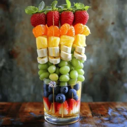 - 1 cup fresh strawberries, hulled - 1 cup juicy orange segments, peeled - 1 cup ripe pineapple chunks - 1 cup sweet green grapes - 1 cup vibrant blueberries - 1 ripe banana, sliced into rounds - Fresh mint leaves for a fragrant garnish - Honey or agave syrup, for optional drizzling Gather these colorful fruits to make your skewers pop! Each fruit brings unique flavors and colors. Fresh strawberries are bright and sweet, while juicy oranges add a zesty kick. Ripe pineapple gives a tropical taste. Sweet green grapes provide a crisp bite. Vibrant blueberries burst with flavor, and ripe bananas add creaminess. Don’t forget about the fresh mint leaves! They give a refreshing aroma. Honey or agave syrup is great for drizzling, adding extra sweetness. You can mix and match these fruits based on what you like. Try using seasonal fruits for a unique twist. This recipe is fun and easy, perfect for kids and adults! You can also use these ingredients to make a fruit salad if you prefer not to skewer them. But skewers are perfect for parties, picnics, or just a fun snack at home. Want the full recipe? Check the earlier section for details! Washing and Hulling Start by washing all your fruit. Rinse the strawberries, grapes, and blueberries under cold water. Use your hands to make sure they are clean. For the strawberries, hull them by removing the green tops. If they are large, cut them in half. This makes them easier to eat. Segmentation and Chopping Next, peel the oranges and segment them into bite-sized pieces. Make sure to remove any seeds. Chop the pineapple into chunks that fit well on the skewer. Slice the banana into rounds that are easy to manage. Keep all your fruit pieces ready for assembling. Order of Fruit Layering Grab a skewer, either bamboo or metal. Begin by threading a strawberry onto it. Follow this with a segment of orange for a burst of flavor. Keep layering in this order: pineapple, green grape, blueberry, and banana. This order not only looks good but tastes great too. Leaving Gripping Space Leave a little gap at the end of each skewer. This space helps when you are holding the skewer while eating. It makes for a better grip and prevents fruit from sliding off. Final Layering Technique Continue layering until all your fruit is used. You will create a colorful display that looks like a rainbow. Each skewer should have a mix of colors and flavors. Optional Sweet Drizzle For extra sweetness, drizzle a bit of honey or agave syrup over your finished skewers. This adds a nice touch and enhances the flavors of the fruit. Feel free to check out the Full Recipe for more tips on making these delightful treats! Arranging Skewers When you finish your rainbow fruit skewers, presentation matters. Stand the skewers upright in a tall glass or place them on a colorful platter. This way, they become a centerpiece. You can also arrange them in a fan shape for a vibrant display. Using Edible Flowers Adding edible flowers gives your skewers a stylish touch. Place them around the skewers on the platter. Flowers like pansies or nasturtiums are great options. They add color and a hint of flavor while making the dish look fancy. Accompaniments for Dipping Fruit skewers are fun on their own, but a dip makes them even better. Serve a small bowl of yogurt for a creamy and tangy contrast. You can also offer honey or agave syrup for a sweet touch. Creative Serving Ideas Try serving skewers at events or picnics. They are easy to grab and enjoy. You can put them in a basket or on a tray with a colorful cloth underneath. This adds charm and makes them more inviting. Bamboo vs. Metal Skewers Bamboo skewers are light and easy to use. They are perfect for fruit. If you want something reusable, choose metal skewers. They are sturdy and eco-friendly. Both types work well for these fruit treats. Alternative Methods If you don’t have skewers, try using toothpicks. They are smaller but still effective for mini skewers. You can also use small cups to hold cut fruit for a different serving style. This way, everyone can enjoy the colorful fruit in their own way. {{image_4}} You can mix up your rainbow fruit skewers using seasonal fruits. When summer hits, swap in peaches or nectarines for a juicy twist. In fall, consider apples or pears for crunch. In winter, try citrus like grapefruit or pomegranate seeds to keep things colorful. Exotic fruits add fun flavors too! Try mango for sweetness or kiwi for tartness. Dragon fruit looks stunning with its vibrant pink skin. Lychee brings a unique taste and texture. These fruits make your skewers pop with color and flavor. If you need vegan options, all the ingredients in rainbow fruit skewers are plant-based. You can enjoy them without worry. Just make sure the sweetener you use, like honey, is vegan-friendly. Agave syrup is a great choice. For gluten-free fans, rest assured that these skewers fit right in. All the fruits are naturally gluten-free. If you use a dip, check that it’s gluten-free too. You can create low-sugar versions by reducing or skipping the sweet drizzle. Want some added flair? Infused syrups can take your skewers to another level. Try mixing your favorite fruit juice with a bit of water, then simmer until thick. This syrup will add a burst of flavor. Dips can also enhance your experience. A yogurt dip gives a creamy touch. You can mix yogurt with a hint of vanilla or lemon for extra zest. A light chocolate sauce can be a fun treat too. These simple changes make your rainbow fruit skewers even more delightful. For the full recipe, check out the Rainbow Fruit Skewers section above. To keep your rainbow fruit skewers fresh, store them in an airtight container. Place a damp paper towel inside to help maintain moisture. This method prevents the fruit from drying out. For best results, eat leftovers within two days. After that, the fruit may lose its flavor and texture. You can prep your rainbow fruit skewers ahead of time. Cut and store the fruit a day before. Keep each type of fruit in separate containers to avoid mixing flavors. If you want to marinate the fruit, use a light citrus juice. This adds flavor and helps prevent browning. If you want to freeze the skewers, assemble them without the banana. Bananas do not freeze well. Lay the unassembled skewers on a baking sheet to freeze individually. Once frozen, transfer them to a freezer-safe bag for up to a month. To serve, thaw them in the fridge overnight before enjoying. To keep your fruit fresh, use lemon juice. Just squeeze a bit on cut fruits like apples and bananas. This stops browning. You can also store the fruit in an airtight container. The less air, the better. Yes, you can use frozen fruit. Just make sure to thaw it first. Frozen fruit can be soft, so be gentle when you skewer. Some fruits work better frozen, like grapes or berries. Others, like bananas, are best fresh. Yogurt and chocolate dips are great with fruit skewers. You can also try a honey glaze. Creamy dips like whipped cream add fun, too. Feel free to mix and match to find your favorite combo. You can make about 6 skewers per serving. For a party, plan on 2-3 skewers per person. This way, guests can try more flavors without overloading. Adjust based on the number of guests for a perfect fit. Rainbow fruit skewers are great for parties, picnics, and barbecues. They are colorful and fun for kids and adults. Use them for birthdays, holidays, or just a sunny day. They bring cheer to any event! You can prep fruit a few hours early. Just keep it in the fridge to stay fresh. If making the night before, store them in an airtight container. However, assemble the skewers right before serving for best taste. For the full recipe, check out the Rainbow Fruit Skewers section! Rainbow fruit skewers are a fun, colorful treat. You learned about the best ingredients, easy prep steps, and assembly tips. I shared ways to enhance your skewers with different fruits and dips. Remember to store leftovers properly and use make-ahead techniques. These skewers fit any occasion, from parties to casual snacks. Keep your fruit fresh and vibrant with simple tips. Enjoy creating your own rainbow fruit skewers and delighting everyone with this tasty treat!
