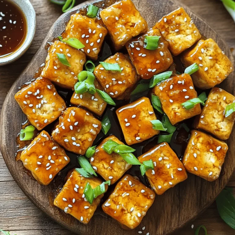 - Firm tofu (14 oz block) - Honey or agave syrup (3 tablespoons) - Soy sauce (3 tablespoons) - Rice vinegar (2 tablespoons) - Garlic and ginger (4 cloves and 1 tablespoon respectively) I love using firm tofu for this dish. It holds its shape well and absorbs flavors nicely. Press the tofu to remove extra moisture. This step is key! You can use a tofu press or wrap it in a towel. Place something heavy on top for about 30 minutes. For the sauce, I mix honey or agave syrup with soy sauce and rice vinegar. The garlic and fresh ginger give it a nice kick. You will enjoy this sweet and savory blend. - Cornstarch (1 tablespoon) - Sesame oil (2 tablespoons) - Green onions and sesame seeds for garnish Cornstarch is my secret for a crispy texture. Toss the marinated tofu in it before cooking. It helps create that golden crust we all crave. Sesame oil adds a nutty flavor to the dish. Finally, sprinkle green onions and sesame seeds on top for a pop of color and taste. These simple touches elevate the dish. You can find the full recipe to make these delicious Sticky Honey Garlic Tofu Bites. Happy cooking! To start, we need to press the tofu. This step removes extra moisture. Place the tofu on a clean towel. Then, add a weight on top. Let it sit for at least 30 minutes. This helps the tofu soak up flavors later. Once pressed, cut the tofu into bite-sized cubes. Aim for even pieces to ensure they cook well. Next, let’s make the marinade. In a medium bowl, mix together honey or agave syrup, soy sauce, rice vinegar, minced garlic, and grated ginger. Whisk these ingredients until they blend nicely. Set aside a few tablespoons to use later for glazing the tofu. Now, add the tofu cubes to the marinade. Make sure they are fully covered. Let them soak for at least 15 minutes. Flip them halfway through to get all sides covered in flavor. After marinating, sprinkle cornstarch over the tofu. Toss the cubes gently until they are evenly coated. This gives the tofu a nice crispy texture when cooked. Heat sesame oil in a large non-stick skillet over medium-high heat. Once the oil is hot, add the tofu cubes in a single layer. Be careful not to crowd the pan; this helps them sear well. Cook them for about 3-4 minutes on each side until golden brown and crispy. Use a spatula to flip them gently. Once the tofu is crispy, pour the reserved marinade over it in the skillet. Let it bubble for about 2-3 minutes. This allows the sauce to thicken and creates a sticky glaze. Lastly, remove the skillet from heat. Serve the tofu bites on a platter. Garnish with chopped green onions and sesame seeds to make it look great. You can find the full recipe for these sticky honey garlic tofu bites in the earlier sections. To make crispy tofu, pressing is key. This step removes extra moisture. When tofu holds water, it won’t crisp up well. I recommend pressing your tofu for at least 30 minutes. You can use a tofu press or just a clean towel with a weight on top. Next, use the right amount of cornstarch. Cornstarch helps create that crunchy layer. After marinating, sprinkle cornstarch all over the tofu. Toss it lightly to coat every side. This will help achieve that perfect crispy texture when you cook it. To enhance the flavor, try adding spices. A pinch of chili flakes can bring some heat. You might also add a dash of smoked paprika for a different twist. Feel free to adjust the honey or agave to your taste. Some folks enjoy it sweeter, while others prefer a more savory bite. Experimenting with different sweeteners can change the dish. Maple syrup can be a fun choice too! Serve your sticky honey garlic tofu with rice or vegetables. Steamed jasmine rice pairs well with the dish's sweetness. You can also stir-fry some colorful veggies for added crunch. For creative plating, stack the tofu bites in a pyramid. Drizzle some extra sauce around the plate for flair. Add a sprinkle of sesame seeds and chopped green onions on top. This not only looks great but also adds texture. You can find the full recipe [here](#) for more details on making this tasty dish! {{image_4}} You can easily adapt this dish to fit your diet. For a vegan option, use agave syrup instead of honey. Agave syrup has a similar sweetness but is plant-based. If you need a gluten-free choice, tamari is your best friend. It has the same rich flavor as soy sauce without gluten. Spice things up by adding chili flakes to the marinade. This gives the tofu a nice kick. If you crave something different, try adding pineapple chunks. This adds a sweet and sour twist that makes each bite exciting. You can mix and match flavors to find what you love most. If you want to switch it up, consider using tempeh or seitan. Tempeh has a nutty flavor and is packed with protein. Seitan has a chewy texture and absorbs flavors well. Cooking tips? Cut them into similar sizes as tofu for even cooking. Adjust the cooking time based on the texture you choose. Each option offers a unique twist on this tasty dish. For the full recipe, check out the Sticky Honey Garlic Tofu Bites recipe. To store your Sticky Honey Garlic Tofu Bites, let them cool completely. Place the tofu in an airtight container. This helps keep the flavors fresh. You can store them in the fridge for up to 3 days. If you want to keep them longer, consider freezing them. When reheating tofu, aim for a hot, crispy texture. The best way is to use a skillet. Heat a bit of oil over medium heat. Add the tofu and cook until warm and crispy. You can also use an oven. Preheat it to 350°F (175°C) and bake for about 10 minutes. This helps keep the outside crunchy. If you want to freeze your tofu bites, place them in a single layer on a baking sheet. Freeze them for 1-2 hours until solid. Then transfer them to a freezer-safe bag or container. This way, they won’t stick together. To thaw, leave them in the fridge overnight. Reheat them in a skillet or oven as noted earlier. Enjoy your delicious dish! For the full recipe, check out the Sticky Honey Garlic Tofu Bites. To make sticky honey garlic tofu bites, start by pressing the tofu. Remove moisture for about 30 minutes. Then, cut the tofu into small cubes. Next, mix honey, soy sauce, rice vinegar, minced garlic, and grated ginger. Let the tofu soak in this mix for at least 15 minutes. After marinating, sprinkle cornstarch over the tofu for a crispy texture. Heat sesame oil in a pan and cook the tofu until golden brown. Finally, add the reserved marinade, let it thicken, and enjoy! Yes, you can make this recipe vegan. Just swap honey with agave syrup. This change keeps the flavor and sweetness intact. You can also check other ingredients for animal products. For example, ensure your soy sauce is gluten-free if needed. These small tweaks make it vegan-friendly without losing taste. Sticky tofu bites pair well with many sides. You can serve them with steamed rice or quinoa. Stir-fried vegetables add color and nutrition. A simple salad with fresh greens offers a nice crunch. You can also try them with noodles for a heartier meal. Choose what you love! You can store leftover tofu bites in the fridge for about 3 to 5 days. Keep them in an airtight container to maintain freshness. Make sure they cool down before sealing. This helps prevent sogginess. For longer storage, consider freezing them. Yes, you can use different types of tofu. Firm tofu works best for this recipe. It holds its shape well during cooking. Soft or silken tofu may not be ideal, as they can break apart. If you prefer, try extra-firm tofu for an even sturdier bite! To press tofu, start by wrapping it in a clean towel. Place a weight on top, like a skillet or a can. Let it sit for about 30 minutes. This method removes extra moisture. Alternatively, use a tofu press if you have one. This tool makes pressing easier and more effective. This post shared how to make sticky honey garlic tofu bites. We covered main ingredients, step-by-step instructions, and helpful tips. You learned how to press tofu, marinate it, and achieve a crispy texture. You can easily customize the recipe with spices or different sweeteners. Remember, storing leftovers properly ensures you enjoy them later. With these tips, cooking tofu becomes simple and fun. Enjoy your creation, and don’t hesitate to explore more variations!