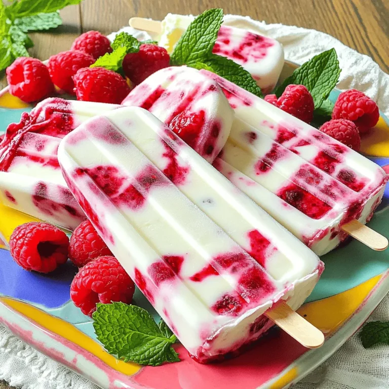 To make your popsicles, gather these main ingredients: - 2 cups Greek yogurt (plain or vanilla) - 1 cup fresh raspberries (plus more for decoration) - 2 tablespoons honey or maple syrup - 1 teaspoon pure vanilla extract - A pinch of salt These ingredients come together to create a creamy, tangy, and sweet treat. The Greek yogurt gives a nice thickness and protein boost. Fresh raspberries add a burst of flavor and color. You can enhance your popsicles with these optional items: - Fresh mint leaves for garnish Mint adds a fresh taste and looks pretty on the plate. Feel free to get creative with other garnishes, too! To make your Raspberry Swirl Yogurt Popsicles, you will need: - A blender - A mixing bowl - Popsicle molds - Popsicle sticks Having the right tools makes the process easier and more fun. The blender helps mix the raspberry sauce. Molds shape your popsicles perfectly! For the complete recipe with instructions, check the Full Recipe section. To start, gather your fresh raspberries. Place them in a blender. Add honey or maple syrup and a pinch of salt. Blend until smooth. I like to leave some chunks for texture. This gives the popsicles a burst of flavor. Next, take a mixing bowl. Add the Greek yogurt and the vanilla extract. Stir until everything is smooth. Make sure there are no lumps. This will be the creamy base of your popsicles. Now, grab your popsicle molds. Pour a layer of the yogurt mixture into each mold. Fill it about one-third of the way. Then, add a layer of the raspberry mixture. Spread it gently. Follow this with another layer of yogurt. Keep alternating until the molds are full. Aim for beautiful swirls in the mixture. Insert popsicle sticks into each mold. Place them in the freezer. Let them freeze for at least 4 to 6 hours. When they are solid, run warm water over the outside of the molds. This helps release the popsicles. Serve them on a nice platter. Garnish with fresh mint leaves and extra raspberries for a stunning look. Check the Full Recipe for more details. To get that stunning swirl, you want to layer the mixtures well. Pour yogurt and raspberry layers one after the other. Use a knife or stick to gently swirl the raspberry sauce into the yogurt. This way, you get pretty patterns and keep the flavors mixed. Don't overdo it; just a few swirls will do the trick. Taste is key when making these pops. If you like it sweeter, add more honey or maple syrup. Start with the two tablespoons, then try the mix. You can always add a little more if it needs more sweetness. Remember, the raspberries will add some natural sugar too. If you have extra raspberry or yogurt mix, store them in airtight containers. Keep them in the fridge for up to three days. You can use leftover yogurt for smoothies or as a dip. For raspberry sauce, consider drizzling it over pancakes or yogurt for added flavor. {{image_4}} You can mix it up with different fruits. Try mango, strawberries, or blueberries. Each fruit gives a unique taste. For a tropical twist, add some coconut milk. You can also use flavored yogurt, like berry or lemon, for an extra kick. If you're avoiding dairy, use coconut or almond yogurt. These options still taste great and keep the creamy texture. You can also blend in a banana for creaminess. This will help make the popsicles smooth and yummy while keeping them dairy-free. Boost the nutrition of your popsicles by adding spinach or kale. These greens blend well without changing the flavor much. You can also mix in chia seeds or flaxseeds for fiber. These add-ins help make your popsicles a nutritious snack that kids will love. For the full recipe, don't forget to check the main section. Enjoy creating your own variations! Once your raspberry swirl yogurt popsicles are ready, store them in an airtight container. You can use a plastic container or a freezer-safe bag. Make sure to label the container with the date. This way, you will know when you made them. To get the best results, freeze your popsicles for at least 4 to 6 hours. If you want them extra firm, you can leave them in the freezer overnight. Avoid opening the freezer too often. Every time you do, warm air enters and might slow down the freezing process. Homemade popsicles can last up to two months in the freezer. After that, they might lose flavor and texture. For the best taste, enjoy them within one month. If they start to look frosty, it is best to toss them out. You want every bite to be fresh and delicious. For the full recipe, check out the earlier sections. To stop your popsicles from sticking, use warm water. When you want to eat a popsicle, run warm water over the mold. This will help loosen the popsicle. You should also grease the molds lightly before adding the mixture. A small amount of cooking spray works well. This makes them easier to remove once frozen. Yes, you can use frozen raspberries! They work great in this recipe. Just remember to let them thaw a bit before blending. This helps blend them smoothly. Frozen raspberries may make the popsicles a bit softer, but they will still taste delicious. You can swirl many other fruits with yogurt. Strawberries, blueberries, and mangoes are great options. Each fruit brings its own flavor. You can blend them like the raspberries or slice them for a chunkier texture. Mixing different fruits can create fun, colorful popsicles. Yes, you can find store-bought versions of raspberry swirl yogurt popsicles. Many brands offer them in the frozen aisle. Just check the ingredients if you want to avoid added sugars or artificial flavors. However, making them at home allows you to control the ingredients and flavors. For the full experience, try making the Raspberry Swirl Yogurt Popsicles at home using the Full Recipe. You learned how to make tasty raspberry swirl yogurt popsicles. We explored the key ingredients, easy steps, and best ways to store them. You can customize your popsicles with different flavors and nutrition add-ins. Remember to adjust the sweetness to fit your taste. With these tips and tricks, you'll create delicious treats at home. Enjoy sharing these popsicles with friends and family. They are fun, easy, and healthy! Now, it’s time to make your own tasty popsicles.