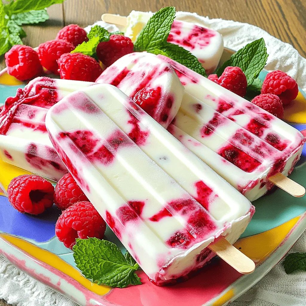 To make your popsicles, gather these main ingredients: - 2 cups Greek yogurt (plain or vanilla) - 1 cup fresh raspberries (plus more for decoration) - 2 tablespoons honey or maple syrup - 1 teaspoon pure vanilla extract - A pinch of salt These ingredients come together to create a creamy, tangy, and sweet treat. The Greek yogurt gives a nice thickness and protein boost. Fresh raspberries add a burst of flavor and color. You can enhance your popsicles with these optional items: - Fresh mint leaves for garnish Mint adds a fresh taste and looks pretty on the plate. Feel free to get creative with other garnishes, too! To make your Raspberry Swirl Yogurt Popsicles, you will need: - A blender - A mixing bowl - Popsicle molds - Popsicle sticks Having the right tools makes the process easier and more fun. The blender helps mix the raspberry sauce. Molds shape your popsicles perfectly! For the complete recipe with instructions, check the Full Recipe section. To start, gather your fresh raspberries. Place them in a blender. Add honey or maple syrup and a pinch of salt. Blend until smooth. I like to leave some chunks for texture. This gives the popsicles a burst of flavor. Next, take a mixing bowl. Add the Greek yogurt and the vanilla extract. Stir until everything is smooth. Make sure there are no lumps. This will be the creamy base of your popsicles. Now, grab your popsicle molds. Pour a layer of the yogurt mixture into each mold. Fill it about one-third of the way. Then, add a layer of the raspberry mixture. Spread it gently. Follow this with another layer of yogurt. Keep alternating until the molds are full. Aim for beautiful swirls in the mixture. Insert popsicle sticks into each mold. Place them in the freezer. Let them freeze for at least 4 to 6 hours. When they are solid, run warm water over the outside of the molds. This helps release the popsicles. Serve them on a nice platter. Garnish with fresh mint leaves and extra raspberries for a stunning look. Check the Full Recipe for more details. To get that stunning swirl, you want to layer the mixtures well. Pour yogurt and raspberry layers one after the other. Use a knife or stick to gently swirl the raspberry sauce into the yogurt. This way, you get pretty patterns and keep the flavors mixed. Don't overdo it; just a few swirls will do the trick. Taste is key when making these pops. If you like it sweeter, add more honey or maple syrup. Start with the two tablespoons, then try the mix. You can always add a little more if it needs more sweetness. Remember, the raspberries will add some natural sugar too. If you have extra raspberry or yogurt mix, store them in airtight containers. Keep them in the fridge for up to three days. You can use leftover yogurt for smoothies or as a dip. For raspberry sauce, consider drizzling it over pancakes or yogurt for added flavor. {{image_4}} You can mix it up with different fruits. Try mango, strawberries, or blueberries. Each fruit gives a unique taste. For a tropical twist, add some coconut milk. You can also use flavored yogurt, like berry or lemon, for an extra kick. If you're avoiding dairy, use coconut or almond yogurt. These options still taste great and keep the creamy texture. You can also blend in a banana for creaminess. This will help make the popsicles smooth and yummy while keeping them dairy-free. Boost the nutrition of your popsicles by adding spinach or kale. These greens blend well without changing the flavor much. You can also mix in chia seeds or flaxseeds for fiber. These add-ins help make your popsicles a nutritious snack that kids will love. For the full recipe, don't forget to check the main section. Enjoy creating your own variations! Once your raspberry swirl yogurt popsicles are ready, store them in an airtight container. You can use a plastic container or a freezer-safe bag. Make sure to label the container with the date. This way, you will know when you made them. To get the best results, freeze your popsicles for at least 4 to 6 hours. If you want them extra firm, you can leave them in the freezer overnight. Avoid opening the freezer too often. Every time you do, warm air enters and might slow down the freezing process. Homemade popsicles can last up to two months in the freezer. After that, they might lose flavor and texture. For the best taste, enjoy them within one month. If they start to look frosty, it is best to toss them out. You want every bite to be fresh and delicious. For the full recipe, check out the earlier sections. To stop your popsicles from sticking, use warm water. When you want to eat a popsicle, run warm water over the mold. This will help loosen the popsicle. You should also grease the molds lightly before adding the mixture. A small amount of cooking spray works well. This makes them easier to remove once frozen. Yes, you can use frozen raspberries! They work great in this recipe. Just remember to let them thaw a bit before blending. This helps blend them smoothly. Frozen raspberries may make the popsicles a bit softer, but they will still taste delicious. You can swirl many other fruits with yogurt. Strawberries, blueberries, and mangoes are great options. Each fruit brings its own flavor. You can blend them like the raspberries or slice them for a chunkier texture. Mixing different fruits can create fun, colorful popsicles. Yes, you can find store-bought versions of raspberry swirl yogurt popsicles. Many brands offer them in the frozen aisle. Just check the ingredients if you want to avoid added sugars or artificial flavors. However, making them at home allows you to control the ingredients and flavors. For the full experience, try making the Raspberry Swirl Yogurt Popsicles at home using the Full Recipe. You learned how to make tasty raspberry swirl yogurt popsicles. We explored the key ingredients, easy steps, and best ways to store them. You can customize your popsicles with different flavors and nutrition add-ins. Remember to adjust the sweetness to fit your taste. With these tips and tricks, you'll create delicious treats at home. Enjoy sharing these popsicles with friends and family. They are fun, easy, and healthy! Now, it’s time to make your own tasty popsicles.