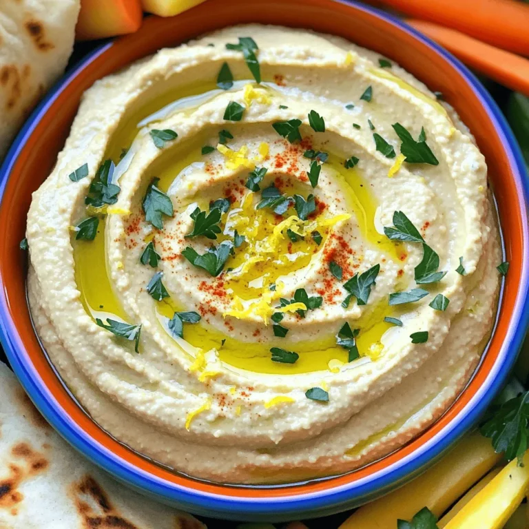 To make delicious lemon garlic hummus, gather these key ingredients: - 1 can (15 oz) chickpeas, thoroughly drained and rinsed - 1/4 cup tahini (sesame seed paste) - 2 tablespoons extra virgin olive oil - Juice of 1 medium lemon (about 2 tablespoons fresh lemon juice) - 2 cloves of garlic, finely minced - 1/2 teaspoon ground cumin - 1/2 teaspoon sea salt (adjust to taste) - 2 to 4 tablespoons water (adjust as needed for a smooth consistency) - Zest of 1 lemon (to enhance flavor) - Fresh parsley, finely chopped (for garnish) - Paprika (for garnish) These ingredients blend together for a creamy and zesty dip. You can add a few optional ingredients to boost the flavor: - A pinch of cayenne pepper for heat - Roasted red peppers for sweetness - A tablespoon of fresh herbs like dill or cilantro - A drizzle of lemon-infused olive oil for richness Feel free to get creative! These extras can take your hummus to new levels. If you have allergies or dietary restrictions, here are some easy swaps: - Use sunflower seed butter instead of tahini for a nut-free option. - Substitute water with vegetable broth for added flavor. - If you are avoiding garlic, try using garlic powder instead. These substitutions keep your hummus tasty while catering to your needs. Check out the Full Recipe for more guidance on crafting your perfect lemon garlic hummus! To make lemon garlic hummus, start with a clean food processor. First, add the rinsed chickpeas, tahini, olive oil, fresh lemon juice, minced garlic, ground cumin, and sea salt. Blend this mixture on high speed. You want it to become smooth and creamy. Pause to scrape down the sides of the bowl with a spatula. This step ensures that every ingredient mixes well. When using a food processor, always ensure the lid is on tightly. This keeps everything contained and helps blend better. Start blending on low speed, then increase to high. This process avoids splatter and makes blending easier. If the mixture seems too thick, you can add water. Drizzle in two tablespoons while blending. This helps achieve the right texture. For perfect consistency, keep blending until the hummus is velvety. If you want a thinner texture, add more water one tablespoon at a time. Blend after each addition to check the texture. Once it’s smooth, add lemon zest and blend briefly. This adds a nice burst of flavor. Taste your hummus and adjust seasoning as needed. Add more salt, lemon juice, or garlic if you like. Enjoy the process of tweaking it to fit your taste! To make great lemon garlic hummus, use fresh ingredients. Start with rinsed chickpeas. They give a smooth base. Tahini adds creaminess. Use good olive oil for flavor. Fresh lemon juice brightens the dish. Minced garlic gives it a nice kick. Blend well until creamy and smooth. If too thick, add water slowly. You can boost the flavor with extra touches. Try adding roasted red peppers for a sweet taste. A pinch of cayenne pepper adds heat. Fresh herbs like basil or cilantro can make it unique. You can also fold in sun-dried tomatoes for a savory twist. Experiment to find your favorite mix! Store leftover hummus in an airtight container. It stays fresh in the fridge for about a week. To serve, drizzle olive oil on top for a nice look. Sprinkle paprika and fresh parsley for color. Hummus pairs well with pita bread or veggie sticks. You can also use it as a spread in sandwiches. Enjoy it with friends or at gatherings! Check the Full Recipe for detailed instructions. {{image_4}} You can easily change the taste of your lemon garlic hummus. Add spices like smoked paprika for a smoky flavor. Try a pinch of cayenne pepper for some heat. Cumin adds warmth, while fresh herbs bring brightness. Experiment with your favorite spices to find what you love. This hummus recipe is both vegan and gluten-free. If you want to add creaminess, use avocado instead of tahini. For a nutty taste, almond butter works too. Always check labels to ensure your ingredients are gluten-free. This way, everyone can enjoy it! Serving hummus can be fun and creative! Use it as a dip for fresh veggies like carrots and bell peppers. Spread it on sandwiches or wraps for added flavor. You can layer it in a bowl with diced tomatoes and cucumbers for a beautiful presentation. Don’t forget to drizzle olive oil on top for a finishing touch. For more ideas, check the Full Recipe for inspiration. To keep your lemon garlic hummus fresh, store it in an airtight container. I suggest using a glass jar or a plastic container with a tight lid. This helps to keep out air and moisture. Always ensure the hummus is cool before sealing it. If you want to add extra freshness, drizzle a little olive oil on top before sealing. When stored properly in the fridge, lemon garlic hummus lasts about 4 to 7 days. I recommend checking for any signs of spoilage, like an off smell or color change. If it looks good and smells fresh, it’s still good to eat! You can freeze lemon garlic hummus for later enjoyment. Freeze it in small portions using ice cube trays or small containers. This makes it easy to thaw just what you need. When you're ready to use it, transfer the hummus to the fridge overnight to thaw. If it looks a bit dry after thawing, just blend in a little water or olive oil to get that creamy texture back. For the full recipe, check out the Zesty Lemon Garlic Hummus. You can serve lemon garlic hummus with many tasty options. I love pairing it with warm pita bread. Fresh vegetable sticks like carrots, cucumbers, and bell peppers also work great. You can even use it as a spread on sandwiches or wraps. For a fun twist, try it with crackers or breadsticks. Each option adds a new layer of flavor and crunch. To thicken hummus, you can reduce the amount of water you add. Start with just two tablespoons, and blend. If it’s still too thin, add more chickpeas. You can also chill the hummus in the fridge for about 30 minutes. This helps it firm up a bit. Each method gives you a creamy and thick dip. Yes, hummus is a healthy choice! It’s made from chickpeas, which are high in protein and fiber. The tahini and olive oil provide healthy fats. Plus, garlic offers many health benefits, like boosting your immune system. Enjoy hummus as a snack or meal without guilt. Yes, you can make hummus without tahini. Just skip it and use more olive oil instead. You can also add a bit of yogurt for creaminess. This change still lets you enjoy a tasty dip. For the full recipe, just follow the steps listed above. You learned about key ingredients for lemon garlic hummus, plus swaps for allergens. I shared how to make it smooth with a food processor and tips for the best taste. Explore variations to add spices or serve creatively. Storage tips keep your hummus fresh and tasty. Remember, you can adjust the recipe to suit your taste. Enjoy your delicious and healthy lemon garlic hummus, whether you eat it plain or pair it with snacks!