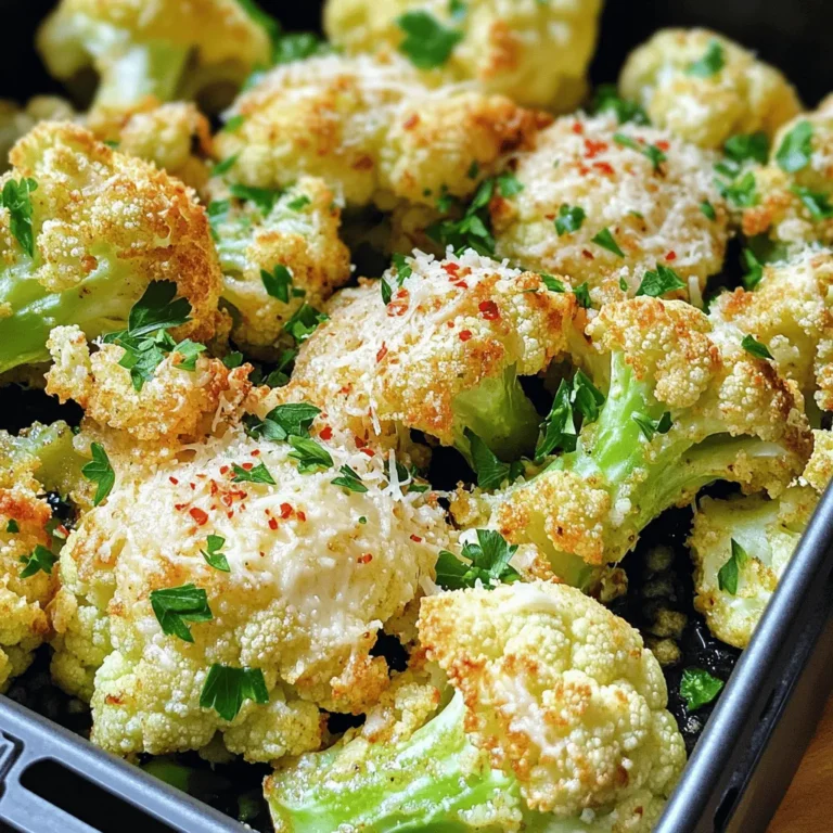 To make Air Fryer Garlic Parmesan Cauliflower, you need some simple ingredients. Here’s what you will need: - 1 large head of cauliflower, separated into florets - 3 tablespoons extra virgin olive oil - 4 cloves garlic, finely minced - 1/2 cup freshly grated Parmesan cheese - 1 teaspoon Italian seasoning blend - 1/2 teaspoon red pepper flakes (optional) - Sea salt and freshly cracked black pepper, to taste - Fresh parsley, chopped (for garnish) Each ingredient plays a key role in the flavor. The cauliflower gives you a nice base, while the garlic adds rich taste. Olive oil helps to crisp the florets, and Parmesan cheese brings a cheesy, savory touch. The red pepper flakes add a little heat if you like it spicy. Don't forget the salt and pepper to enhance the taste. Finally, fresh parsley makes the dish look nice and adds some freshness. You can find the full recipe to guide you through cooking this dish. - Combine 3 tablespoons of extra virgin olive oil, 4 cloves of minced garlic, 1 teaspoon of Italian seasoning, and 1/2 teaspoon of red pepper flakes. - Add sea salt and freshly cracked black pepper to taste. - Stir until the mixture is well integrated. - Take 1 large head of cauliflower and separate it into florets. - Toss the florets in the garlic oil mix until each piece is evenly coated. - Preheat your air fryer to 400°F (200°C) for about 5 minutes. - Place the seasoned cauliflower in the air fryer basket in a single layer. - Cook for 12 to 15 minutes, shaking the basket halfway through for even cooking. - Once golden and tender, sprinkle 1/2 cup of freshly grated Parmesan cheese over the hot florets. - Return the cauliflower to the air fryer for 2 to 3 minutes to melt the cheese. For the complete recipe, check the [Full Recipe]. To get that perfect crispness, cook the cauliflower in a single layer. This helps hot air circulate around each floret. If they overlap, some will steam instead of crisp up. I also recommend shaking the basket halfway through cooking. This ensures all sides get nice and golden. You can make this dish even better with extra spices or herbs. Try adding smoked paprika for a warm flavor. Or, sprinkle in some cumin for a bit of earthiness. For those who like spice, add more red pepper flakes or even some cayenne pepper. This will give your cauliflower a tasty kick. When serving, use a bright bowl to show off your crispy cauliflower. Drizzle a bit of olive oil on top for a nice sheen. A sprig of fresh parsley adds a pop of color and freshness. You can also serve it with some lemon wedges. The citrus pairs well with the garlic and cheese. For the full recipe, check out the cooking guide! {{image_4}} If you want to switch things up, try using different cheeses. For a vegan option, nutritional yeast works great. It adds a cheesy flavor without dairy. You can also use mozzarella for a melty texture or feta for a tangy twist. Each cheese brings a unique taste to the dish, making it fun to experiment. Not everyone has an air fryer. If you prefer the stovetop, heat a deep pan over medium heat. Add a little oil, then sauté the cauliflower until it gets tender and golden. For the oven, preheat to 425°F (220°C). Spread the coated cauliflower on a baking sheet and roast for 20-25 minutes, flipping halfway. Both methods yield a delicious result. Incorporating seasonal vegetables can elevate this dish. Try adding bell peppers or zucchini in summer. In fall, roasted butternut squash can add warmth and sweetness. Fresh herbs, like thyme or basil, can also enhance the flavor. Get creative with what’s fresh and available to make each batch unique. To keep your garlic Parmesan cauliflower fresh, store it in the fridge. Place leftovers in an airtight container. This will help maintain flavor and texture. It is best to refrigerate them within two hours of cooking. They will stay good for about 3 to 4 days. Reheating can be tricky. You want to keep that crispness. The best way to reheat is in the air fryer. Set it to 350°F (175°C) and heat for about 5 minutes. You can also use the oven. Preheat it to 350°F (175°C) and bake for 10 minutes. Avoid using the microwave, as it will make the cauliflower soggy. You can freeze this dish, but it may lose some texture. To freeze, let the cauliflower cool completely. Then, place it in a freezer-safe bag or container. Remove as much air as possible. It can stay in the freezer for up to 2 months. When ready to eat, thaw it in the fridge overnight before reheating. To make this recipe gluten-free, focus on the ingredients. The main items are cauliflower, olive oil, garlic, and Parmesan cheese. All of these ingredients are naturally gluten-free. Just make sure to check the label on the Parmesan. Some brands may add fillers that contain gluten. Stick with pure cheese for the best results. Yes, you can use frozen cauliflower. However, there are pros and cons. Frozen cauliflower is already blanched. This means it cooks faster. You will save time, but it may not be as crispy as fresh. If you use frozen, thaw it first and pat it dry. This helps remove excess moisture. Fresh cauliflower gives a better texture and flavor. Garlic parmesan cauliflower pairs well with many dishes. Here are some great options: - Grilled chicken or steak for a hearty meal. - A fresh salad for a light and healthy option. - Pasta dishes to add a veggie side. - Tacos for a fun twist. Don't forget to check out the Full Recipe for all the details on this tasty dish! This blog post showed you how to make garlic parmesan cauliflower. We covered the needed ingredients, step-by-step cooking, and tips for the best results. I shared options for variations and storage info too. You can enjoy great flavors and textures with this dish. Remember, using fresh ingredients helps taste. Keep experimenting with different spices or vegetables to make it your own. Enjoy your cooking adventure!