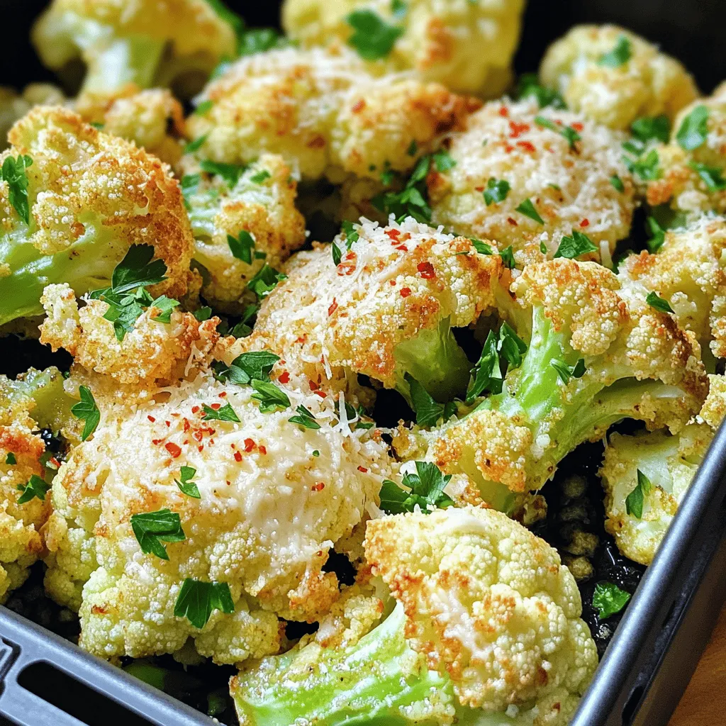 To make Air Fryer Garlic Parmesan Cauliflower, you need some simple ingredients. Here’s what you will need: - 1 large head of cauliflower, separated into florets - 3 tablespoons extra virgin olive oil - 4 cloves garlic, finely minced - 1/2 cup freshly grated Parmesan cheese - 1 teaspoon Italian seasoning blend - 1/2 teaspoon red pepper flakes (optional) - Sea salt and freshly cracked black pepper, to taste - Fresh parsley, chopped (for garnish) Each ingredient plays a key role in the flavor. The cauliflower gives you a nice base, while the garlic adds rich taste. Olive oil helps to crisp the florets, and Parmesan cheese brings a cheesy, savory touch. The red pepper flakes add a little heat if you like it spicy. Don't forget the salt and pepper to enhance the taste. Finally, fresh parsley makes the dish look nice and adds some freshness. You can find the full recipe to guide you through cooking this dish. - Combine 3 tablespoons of extra virgin olive oil, 4 cloves of minced garlic, 1 teaspoon of Italian seasoning, and 1/2 teaspoon of red pepper flakes. - Add sea salt and freshly cracked black pepper to taste. - Stir until the mixture is well integrated. - Take 1 large head of cauliflower and separate it into florets. - Toss the florets in the garlic oil mix until each piece is evenly coated. - Preheat your air fryer to 400°F (200°C) for about 5 minutes. - Place the seasoned cauliflower in the air fryer basket in a single layer. - Cook for 12 to 15 minutes, shaking the basket halfway through for even cooking. - Once golden and tender, sprinkle 1/2 cup of freshly grated Parmesan cheese over the hot florets. - Return the cauliflower to the air fryer for 2 to 3 minutes to melt the cheese. For the complete recipe, check the [Full Recipe]. To get that perfect crispness, cook the cauliflower in a single layer. This helps hot air circulate around each floret. If they overlap, some will steam instead of crisp up. I also recommend shaking the basket halfway through cooking. This ensures all sides get nice and golden. You can make this dish even better with extra spices or herbs. Try adding smoked paprika for a warm flavor. Or, sprinkle in some cumin for a bit of earthiness. For those who like spice, add more red pepper flakes or even some cayenne pepper. This will give your cauliflower a tasty kick. When serving, use a bright bowl to show off your crispy cauliflower. Drizzle a bit of olive oil on top for a nice sheen. A sprig of fresh parsley adds a pop of color and freshness. You can also serve it with some lemon wedges. The citrus pairs well with the garlic and cheese. For the full recipe, check out the cooking guide! {{image_4}} If you want to switch things up, try using different cheeses. For a vegan option, nutritional yeast works great. It adds a cheesy flavor without dairy. You can also use mozzarella for a melty texture or feta for a tangy twist. Each cheese brings a unique taste to the dish, making it fun to experiment. Not everyone has an air fryer. If you prefer the stovetop, heat a deep pan over medium heat. Add a little oil, then sauté the cauliflower until it gets tender and golden. For the oven, preheat to 425°F (220°C). Spread the coated cauliflower on a baking sheet and roast for 20-25 minutes, flipping halfway. Both methods yield a delicious result. Incorporating seasonal vegetables can elevate this dish. Try adding bell peppers or zucchini in summer. In fall, roasted butternut squash can add warmth and sweetness. Fresh herbs, like thyme or basil, can also enhance the flavor. Get creative with what’s fresh and available to make each batch unique. To keep your garlic Parmesan cauliflower fresh, store it in the fridge. Place leftovers in an airtight container. This will help maintain flavor and texture. It is best to refrigerate them within two hours of cooking. They will stay good for about 3 to 4 days. Reheating can be tricky. You want to keep that crispness. The best way to reheat is in the air fryer. Set it to 350°F (175°C) and heat for about 5 minutes. You can also use the oven. Preheat it to 350°F (175°C) and bake for 10 minutes. Avoid using the microwave, as it will make the cauliflower soggy. You can freeze this dish, but it may lose some texture. To freeze, let the cauliflower cool completely. Then, place it in a freezer-safe bag or container. Remove as much air as possible. It can stay in the freezer for up to 2 months. When ready to eat, thaw it in the fridge overnight before reheating. To make this recipe gluten-free, focus on the ingredients. The main items are cauliflower, olive oil, garlic, and Parmesan cheese. All of these ingredients are naturally gluten-free. Just make sure to check the label on the Parmesan. Some brands may add fillers that contain gluten. Stick with pure cheese for the best results. Yes, you can use frozen cauliflower. However, there are pros and cons. Frozen cauliflower is already blanched. This means it cooks faster. You will save time, but it may not be as crispy as fresh. If you use frozen, thaw it first and pat it dry. This helps remove excess moisture. Fresh cauliflower gives a better texture and flavor. Garlic parmesan cauliflower pairs well with many dishes. Here are some great options: - Grilled chicken or steak for a hearty meal. - A fresh salad for a light and healthy option. - Pasta dishes to add a veggie side. - Tacos for a fun twist. Don't forget to check out the Full Recipe for all the details on this tasty dish! This blog post showed you how to make garlic parmesan cauliflower. We covered the needed ingredients, step-by-step cooking, and tips for the best results. I shared options for variations and storage info too. You can enjoy great flavors and textures with this dish. Remember, using fresh ingredients helps taste. Keep experimenting with different spices or vegetables to make it your own. Enjoy your cooking adventure!