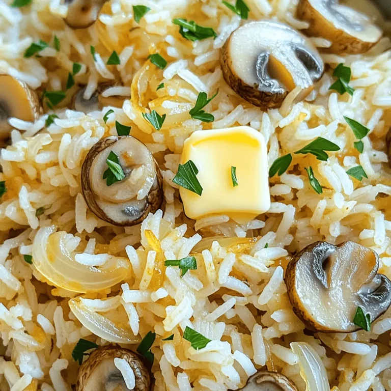 - 1 cup jasmine rice - 2 cups vegetable broth - 2 tablespoons unsalted butter - 3 cloves garlic, finely minced - 8 ounces cremini mushrooms, thinly sliced - 1 small onion, finely chopped - 1 teaspoon dried thyme - 1 teaspoon soy sauce - Salt and freshly ground black pepper to taste - Fresh parsley, finely chopped (for garnish) Gathering the right ingredients is key to making garlic butter mushroom rice. I love using jasmine rice for its lovely aroma and soft texture. You’ll need vegetable broth to cook the rice, adding depth of flavor. Unsalted butter gives it that rich taste, while fresh garlic brings a bold kick. Cremini mushrooms are the star here. Their earthy flavor pairs perfectly with the garlic. Don’t forget the onion; it adds sweetness when sautéed. Thyme adds an herbal note, and soy sauce brings umami. Finally, season with salt and pepper to taste. You can find the full recipe in the previous section to guide you through the cooking process. To start, rinse the jasmine rice under cold running water. This step helps to remove excess starch, which makes your rice fluffy. Keep rinsing until the water runs clear. Next, combine the rinsed rice with 2 cups of vegetable broth in a medium-sized saucepan. Bring this mixture to a boil over medium-high heat. Then, reduce the heat to low and cover the saucepan. Let it simmer for about 15 minutes, or until the rice is tender and has absorbed all the broth. When finished, remove it from the heat and fluff the rice with a fork. Set it aside. While the rice is cooking, heat a large skillet over medium heat. Add 2 tablespoons of unsalted butter to the skillet. Once the butter is melted and bubbly, add the finely chopped onion. Sauté the onion for about 3-4 minutes, stirring occasionally, until it becomes translucent and soft. Then, stir in the minced garlic. Cook it for an additional minute, but be careful not to let the garlic burn. Burnt garlic can spoil the dish's taste. Now it's time to add the sliced mushrooms to the skillet. Sauté them for about 5-7 minutes, stirring occasionally. You want them to become tender and golden brown. Once they are ready, sprinkle in 1 teaspoon of dried thyme, 1 teaspoon of soy sauce, and season with salt and freshly cracked black pepper to taste. Continue cooking for another 2 minutes. This allows the flavors to blend nicely. Finally, gently fold the cooked jasmine rice into the mushroom mixture in the skillet. Use a spatula to combine everything thoroughly. Make sure the rice is coated evenly with the buttery mixture. Taste the dish, and adjust the seasoning if needed before serving. You can find the full recipe for more details on how to make this delicious dish. - Use jasmine rice for a fragrant flavor. It adds a nice aroma. - Rinse rice to achieve a fluffy texture. This helps remove excess starch. - Keep garlic from burning to retain flavor. Burnt garlic tastes bitter. - Serve in a large, shallow bowl. This makes the dish look elegant. - Garnish with additional parsley and cracked black pepper. They add color and taste. - Pair with grilled vegetables or salad for a complete meal. This adds freshness and balance. These tips can help you create a delicious, flavorful Garlic Butter Mushroom Rice that impresses everyone. For the complete process, check out the Full Recipe. {{image_4}} You can easily add protein to garlic butter mushroom rice. Cooked chicken or shrimp works great. Simply toss them in when you mix the rice and mushrooms. For a vegetarian option, use tofu. Just cube it and sauté with the mushrooms. This gives you a hearty meal. To make this dish even tastier, try some flavor enhancements. Fresh herbs like rosemary or basil can add depth. Toss in a handful while cooking. A splash of lemon juice brightens the dish too. It adds a nice zing that balances the richness of the butter. If you want to switch up the rice, there are great alternatives. Brown rice is a healthier choice. It has more fiber and nutrients. Cauliflower rice is another option for a low-carb version. This keeps the dish light and fresh without losing the flavor. For the full recipe, check out the garlic butter mushroom rice delight! After you enjoy your garlic butter mushroom rice, store any leftovers in an airtight container. This keeps the rice fresh and tasty. You can safely keep it in the fridge for up to 3 days. To enjoy your rice again, reheat it in the microwave or on the stovetop. If using the stovetop, add a splash of water to help keep it moist. This tip ensures your rice doesn't dry out when reheating. For easy meals later, freeze your garlic butter mushroom rice in separate portions. This way, you can grab just what you need. Thaw it overnight in the refrigerator before you reheat. This method makes it quick and easy to enjoy your delicious side dish anytime. It takes about 30 minutes to make Garlic Butter Mushroom Rice. The prep time is just 10 minutes. This dish serves four people, making it great for family dinners. Yes, you can easily make this dish vegan. Just swap the unsalted butter for vegan butter or use a neutral oil. This change keeps the dish rich and tasty while meeting vegan needs. To make Garlic Butter Mushroom Rice gluten-free, use gluten-free soy sauce or tamari. This choice keeps the flavor strong without adding gluten. Your dish will still be delicious and safe for those with gluten allergies. This blog post shared a simple recipe for Garlic Butter Mushroom Rice. We covered essential ingredients, step-by-step instructions, and helpful tips. You can also try variations, such as adding protein or using different rice types. Remember, this dish is quick to prepare and can be customized easily. Store leftovers for future meals or freeze portions for convenience. Now, you can enjoy a delicious and flexible dish that fits your taste. Give it a try and impress your family or friends!