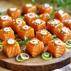 - 1 lb fresh salmon fillet - 1/4 cup pure maple syrup - 2 tablespoons soy sauce - 1 tablespoon Dijon mustard - 1 teaspoon minced garlic - 1 teaspoon grated fresh ginger - 1 tablespoon sesame oil - Salt and freshly ground black pepper - 2 green onions, thinly sliced - Sesame seeds To create Maple Glazed Salmon Bites, you need a few key items. First, the main star is fresh salmon fillet. I prefer to use one pound, cut into bite-sized cubes. The salmon should be skinless for easy eating. Next, you'll need maple syrup. It adds a sweet touch that balances the savory flavors. I recommend using a quarter cup of pure maple syrup. Then, grab two tablespoons of soy sauce. This ingredient gives depth and umami. For added flavor, include Dijon mustard, minced garlic, and grated fresh ginger. These ingredients combine beautifully with the maple and soy. Use one tablespoon of mustard, one teaspoon of garlic, and one teaspoon of ginger. Finally, don't forget the garnishes! Sesame oil adds richness, while salt and black pepper enhance taste. For a fresh finish, slice two green onions and sprinkle sesame seeds on top. These garnishes make the dish pop visually and taste-wise. Now you have all the ingredients ready! If you want to see how everything comes together, check out the Full Recipe. To make the marinade, combine the following ingredients in a medium bowl: - 1/4 cup pure maple syrup - 2 tablespoons soy sauce - 1 tablespoon Dijon mustard - 1 teaspoon minced garlic - 1 teaspoon grated fresh ginger - 1 tablespoon sesame oil Whisk these ingredients together until the mix is smooth. This blend gives the salmon its sweet and savory flavor. You want it well combined for the best taste. Next, take 1 lb of fresh salmon fillet. Cut it into 1-inch cubes. Season the cubes with salt and pepper. This step is key for enhancing the fish's natural taste. Toss the seasoned salmon in the marinade. Make sure each piece gets coated well. Cover the bowl with plastic wrap, then place it in the fridge. Let it marinate for at least 30 minutes or up to 2 hours. The longer it sits, the more flavor it picks up. Preheat your oven to 400°F (200°C). While the oven warms, prepare a baking sheet. Line it with parchment paper for easy cleanup. After the oven reaches the right temperature, take the salmon from the fridge. Use a slotted spoon to transfer the marinated salmon bites onto the warm baking sheet. Make sure they have space between them. Bake the salmon bites for 10 to 12 minutes. They should become opaque and flake easily with a fork. For extra flavor, brush some leftover marinade over the salmon halfway through baking. When done, take them out and garnish with sliced green onions and sesame seeds. This adds a nice touch for serving. Marinating your salmon bites is key for great flavor. I recommend marinating for at least 30 minutes. If you have time, let them sit for 2 hours. This allows the salmon to soak up the sweet and savory flavors. For perfect caramelization, preheat your oven to 400°F (200°C). Place your lined baking sheet in the oven while it heats. This helps the salmon bites get a nice golden color. Bake them for 10-12 minutes. Watch for when the salmon turns opaque and flakes easily. Garnishing adds visual appeal and flavor. I love using thinly sliced green onions and sesame seeds. They not only look great but also enhance the taste. You can also serve your salmon bites on a platter with lemon wedges. This adds a bright, fresh touch. For a colorful side, pair them with a simple green salad. It makes the dish pop! {{image_4}} For those who enjoy a kick, you can spice things up. To make spicy maple glazed salmon bites, simply add chili flakes or a drizzle of sriracha. You can mix this into the marinade for a balanced heat. This adds a new layer of flavor that pairs well with the sweet maple syrup. Adjust the heat level to your liking. If you love fresh flavors, try an herb-infused version. You can incorporate fresh herbs like thyme, dill, or parsley. Chop them finely and mix them into the marinade. This gives the salmon a bright and fresh taste. It’s a great way to elevate the dish while keeping it simple. You don't have to bake these bites; you can grill or pan-sear them too. For grilling, preheat your grill and place the salmon bites on skewers. Grill them for about 4-5 minutes per side. If you prefer pan-searing, heat oil in a skillet and cook for about 3-4 minutes on each side. Each method gives a unique texture and flavor. Try these variations to keep your meals exciting. You can find the Full Recipe for the basic maple glazed salmon bites if you want to start there. To store leftover maple glazed salmon bites, place them in an airtight container. Make sure the container is sealed well to keep air out. Store it in the fridge for up to 3 days. When you want to enjoy them again, just take them out and reheat. If you want to save the salmon bites for later, freezing works great. First, let them cool completely. Then, place them in a freezer-safe bag or container. Remove as much air as you can. Label the bag with the date. You can freeze them for up to 2 months. When you’re ready to eat, thaw them in the fridge overnight. To reheat the salmon bites, use the oven for the best results. Preheat your oven to 350°F (175°C). Spread the salmon bites on a baking sheet. Heat them for about 10 minutes or until warm. You can also use a microwave, but it may make them a bit soft. If you choose the microwave, heat in short bursts to avoid overcooking. Yes, you can use frozen salmon. Make sure to thaw it first. - Thawing Tips: - Place the salmon in the fridge overnight. - For quicker thawing, seal it in a bag and submerge it in cold water. - Avoid using hot water, as it can cook the fish. Using frozen salmon works well, but fresh salmon tastes best. You can pair these bites with many sides. Here are some tasty options: - Steamed vegetables like broccoli or green beans. - A light salad with mixed greens and vinaigrette. - Quinoa or rice for a filling addition. - Mashed potatoes or sweet potatoes for comfort. These sides balance the sweet and savory flavors of the salmon. Check for doneness using these signs: - The salmon should be opaque and flaky. - It should easily break apart with a fork. - The internal temperature should reach 145°F (63°C). These tips help ensure your salmon bites turn out perfect every time. Enjoy the full recipe for a delicious meal! This blog post covered how to make delicious maple glazed salmon bites. We explored key ingredients like salmon, maple syrup, and soy sauce. The step-by-step instructions guided you from marinating to baking for perfect bites. I shared tips on marination, baking, and garnishing for extra flair. You learned variations to spice things up and storage tips for leftovers. Delicious salmon can be an easy, healthy choice. Enjoy your cooking adventure!