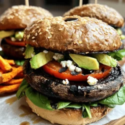 To create a tasty Portobello mushroom burger, you need fresh ingredients. Here’s what you will need: - 4 large Portobello mushrooms, stems removed - 2 tablespoons balsamic vinegar - 1 tablespoon extra virgin olive oil - 1 teaspoon garlic powder - 1 teaspoon dried oregano - 1 teaspoon smoked paprika - Sea salt and freshly ground pepper to taste - 4 whole wheat burger buns - 1 cup fresh spinach leaves - 1 large ripe tomato, sliced - 1 avocado, sliced - ½ cup feta cheese, crumbled (or a vegan cheese alternative, if desired) These mushrooms are the stars of your burger. They bring a hearty texture and rich flavor. The other ingredients add depth and freshness to each bite. You can mix in extra flavors to make your burgers even more exciting. Here are some tasty ideas: - Sliced red onions for a crunchy bite - Roasted red peppers for a sweet touch - Fresh herbs like basil or cilantro for a fragrant twist - Hot sauce for a spicy kick These add-ins can elevate your burger. Feel free to experiment and find your favorite combinations. Portobello mushrooms are not just delicious; they are also good for you. They are low in calories and packed with nutrients. Here’s a quick look at the nutritional benefits: - High in fiber, which is good for digestion - Rich in vitamins B and D, supporting energy and bone health - Contains antioxidants, helping to fight inflammation Each burger can be a wholesome meal. With fresh veggies and whole wheat buns, you get a balanced dish full of flavor and nutrients. For the full recipe, check the details above! Start by preheating your grill or grill pan to medium-high heat. This step is key for a good sear. Next, grab a small mixing bowl. Add the balsamic vinegar, olive oil, garlic powder, oregano, smoked paprika, sea salt, and pepper. Whisk these ingredients together until they blend well. Now, take your large Portobello mushrooms. Remove the stems and brush both sides with the marinade. Make sure each mushroom gets a nice coat for great flavor. Set them aside while you prepare to grill. Place the marinated mushrooms on the grill, gill side down. Grill them for about 5-7 minutes on each side. You want them to become tender and juicy. Don't forget to baste them with any leftover marinade. This step adds extra taste and keeps them moist. While your mushrooms grill, toss your burger buns on the grill. Toast them for 1-2 minutes until they are golden brown. A crispy bun balances the juicy mushroom perfectly. Now it’s time to build your burger. Take the bottom half of each toasted bun. Place a grilled Portobello mushroom on top. Add a handful of fresh spinach leaves. Next, layer a slice of ripe tomato and some avocado. Finish with crumbled feta cheese for a creamy touch. Finally, crown each burger with the top half of the bun. Press down lightly to hold everything together. Serve your Portobello mushroom burgers right away for the best taste and texture. You can find the full recipe in the main section. Enjoy your fresh and flavorful treat! To get juicy Portobello mushrooms, choose large, firm ones. Clean them gently with a damp cloth. Avoid soaking them in water. This keeps their texture nice. Always remove the stems for even cooking. When grilling, place them gill side down first. This helps keep their juices in. Marinades can make a big difference. For a tangy twist, try adding lemon juice or soy sauce. You may also use herbs like thyme or rosemary for more aroma. If you love spice, add red pepper flakes to your mix. Let the mushrooms marinate for at least 30 minutes. This helps the flavors soak in deeply. Serve your Portobello burgers hot off the grill. Try pairing them with sweet potato fries or a fresh salad. A dollop of hummus can add a nice creaminess. You can also top them with fresh herbs like cilantro or basil. For a unique touch, serve with pickled onions or a spicy aioli. Enjoy every bite of this fresh and flavorful treat! For the complete recipe, check out the Full Recipe. {{image_4}} You can easily make these burgers vegan. Just use a vegan cheese alternative instead of feta. This small swap keeps the flavor rich and creamy. You can also add more veggies. Try grilled zucchini or bell peppers for extra taste. They add a nice crunch and color. If you like heat, make spicy Portobello mushroom burgers. Add red pepper flakes or cayenne pepper to your marinade. This will give your mushrooms a kick. You can also spread some spicy vegan mayo on the buns. It gives a nice creamy texture with heat. For a gluten-free option, swap the whole wheat buns for gluten-free buns. Many stores offer great choices now. Make sure to check the labels for gluten-free certification. You can also serve the mushrooms over a fresh salad. This is a great way to enjoy the flavors without the bread. If you want the full recipe, check out the Savory Portobello Mushroom Burgers section. After you enjoy your Portobello mushroom burgers, store the leftovers properly. First, let the burgers cool down. Place them in an airtight container. This keeps them fresh longer. You can store them in the fridge for up to three days. If you want to keep them longer, consider freezing. When reheating, I recommend using the oven. Preheat it to 350°F (175°C). Place the burgers on a baking sheet. Cover them with foil to keep them moist. Heat for about 10-15 minutes. You can also use a skillet. Just warm them over medium heat for a few minutes on each side. This helps keep the texture nice. Freezing is a great way to save your burgers. Wrap each burger in plastic wrap tightly. Then, place them in a freezer bag. Be sure to remove as much air as possible. You can freeze them for up to three months. When you’re ready to eat, thaw them in the fridge overnight before reheating. Enjoy your full recipe for a fresh taste anytime! To prevent sogginess, you want to dry the mushrooms first. Pat them with a paper towel to remove excess moisture. When marinating, use just enough liquid to coat them. Avoid soaking them in the marinade too long. Grilling them on high heat helps too. This creates a nice sear and locks in flavors. Yes, you can grill Portobello mushrooms without marinating. Just brush them with olive oil and sprinkle with salt and pepper. This simple method still brings out their rich flavor. However, marinating adds extra depth and enhances the taste. If you have time, I recommend marinating for the best results. Portobello mushroom burgers taste great with many sides. Here are a few options: - Crispy sweet potato fries - A fresh garden salad - Grilled vegetables - Quinoa salad - Coleslaw These sides add color and texture to your meal. They also complement the savory flavors of the burger. For the full recipe, check out the complete guide and enjoy! In this article, we explored how to make delicious Portobello mushroom burgers. We covered the key ingredients and their nutritional value. Step-by-step, I showed you how to prepare and grill the mushrooms. I shared tips for enhancing their flavor and suggested fun variations. We also looked at storage methods to keep leftovers fresh. Portobello burgers are tasty and easy to make. Enjoy trying different flavors and styles!