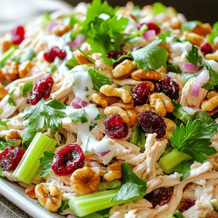 - 2 cups cooked chicken breast, shredded - 1/2 cup dried cranberries, preferably sweetened - 1/2 cup walnuts, roughly chopped - 1/2 cup celery, finely chopped for crunch - 1/4 cup red onion, finely diced for a mild kick - 1/2 cup plain Greek yogurt, creamy and tangy - 2 tablespoons honey, for natural sweetness - 1 tablespoon Dijon mustard, for a hint of spice - Salt and freshly cracked black pepper, to taste - Fresh parsley, finely chopped, for garnish When I make this salad, I love to use fresh ingredients. Fresh celery adds a nice crunch. It wakes up the flavor of the dish. You can also use dried cranberries. They bring a sweet touch. Sweetened cranberries work well here. They balance the tangy yogurt. Both fresh and dried ingredients boost flavor and texture. You can add extra things to make this salad pop. Try adding sliced grapes for sweetness. They pair nicely with cranberries. You can use diced apples for a crisp bite. Some chopped spinach can add color and nutrients. If you like heat, add jalapeños for a kick. Get creative with your choices! To make this salad, start with your cooked chicken. I like using shredded chicken breast for a tender bite. In a large bowl, combine: - 2 cups cooked chicken breast, shredded - 1/2 cup dried cranberries, preferably sweetened - 1/2 cup walnuts, roughly chopped - 1/2 cup celery, finely chopped for crunch - 1/4 cup red onion, finely diced for a mild kick Use a spatula to mix gently. This helps blend all the flavors without breaking the chicken. Next, prepare the dressing. In a small bowl, whisk together: - 1/2 cup plain Greek yogurt - 2 tablespoons honey - 1 tablespoon Dijon mustard - Salt and freshly cracked black pepper to taste Whisk until smooth and creamy. Pour this dressing over the chicken mix. Use a large spoon to fold it in slowly. This ensures everything is coated well. Taste your salad. If you want more flavor, add salt or pepper. Now, cover the bowl with plastic wrap and refrigerate for at least 30 minutes. Chilling helps the flavors come together nicely. When ready to serve, give it a gentle stir. Transfer to a serving dish or plates, and add fresh parsley on top for color. To serve the salad well, I suggest a few tricks. First, use a gentle folding motion when mixing ingredients. This keeps the chicken from getting mushy. When serving, I love to place the salad on a bed of mixed greens. This adds freshness and a nice visual appeal. You can also sprinkle extra walnuts on top for crunch. If you want to turn this into a sandwich, use whole grain bread. It makes a tasty and healthy lunch. If you are short on time, here are some quick tips. You can use rotisserie chicken instead of cooking your own. This saves time and adds great flavor. Prep your veggies while the chicken cools. Chop all ingredients before you start mixing. This speeds up the process. Also, you can make the salad a day ahead. Just store it in the fridge until you are ready to serve. This can make your meal prep easier and stress-free. For the full recipe, check the detailed instructions above! To boost the taste of your cranberry walnut chicken salad, add fresh herbs. Chopped dill or thyme can make a big difference. You can also sprinkle in some lemon juice for a zesty kick. If you like heat, a dash of cayenne pepper adds a nice touch. Mixing in some apples or pears can add sweetness and crunch too. One common mistake is over-mixing the salad. This can break the chicken and make it mushy. Also, don’t skip chilling the salad. It helps the flavors blend well. Finally, avoid using stale nuts. Fresh walnuts give a better taste and crunch. Always check your ingredients for freshness before starting. For this salad, use a sharp knife for chopping. A cutting board is essential for safety. A large mixing bowl helps when combining the ingredients. Use a whisk for the dressing; it makes mixing easy. If you want a smoother salad, a food processor can help chop the chicken and nuts quickly. For the full recipe, check out the complete instructions above. {{image_4}} If you have dietary needs, you can still enjoy this salad. Here are some easy swaps: - Chicken: Use tofu or chickpeas for a plant-based option. - Greek Yogurt: Substitute with dairy-free yogurt for a vegan choice. - Walnuts: Swap with sunflower seeds if you have nut allergies. - Honey: Use agave syrup instead if you prefer a vegan sweetener. These substitutions keep the taste and texture delightful while meeting your needs. Want to switch things up? Get creative with these alternative ingredients: - Fruits: Try adding diced apples or pears for a fresh crunch. - Nuts: Use pecans or almonds for a different nutty flavor. - Cheese: Crumble feta or goat cheese for a tangy bite. - Spices: Add a pinch of curry powder for a unique flavor twist. These changes can elevate your salad from simple to spectacular. Seasonal ingredients can make this salad shine all year long. Here are some ideas: - Summer: Add fresh berries or peaches to brighten up the dish. - Fall: Incorporate roasted squash or pomegranate seeds for a festive touch. - Winter: Use dried fruits like figs or apricots to add warmth. - Spring: Mix in fresh herbs like dill or basil for a burst of freshness. Each season offers new tastes, making this salad truly versatile. Check out the Full Recipe to get started! To keep your cranberry walnut chicken salad fresh, store it in an airtight container. This helps prevent spoilage and keeps the flavors intact. Make sure to cover it well, as exposure to air can dry it out. If you plan to eat it later, refrigerate the salad right after making it. This keeps it cool and safe. You can enjoy this salad cold. If you want to warm it up, do so gently. Use a microwave on low heat. Heat just until warm, not hot. This keeps the texture and flavors balanced. Avoid reheating multiple times, as that can ruin the dish. Cranberry walnut chicken salad lasts about three to four days in the fridge. Always check for signs of spoilage. If you see any changes in color or smell a sour odor, it’s best to toss it out. Freshness is key for great taste and safety. Enjoy the full recipe to make this delicious dish! Yes, you can use rotisserie chicken. It saves time and adds flavor. Just shred the meat and mix it into the salad. The rich taste of the chicken works great with the cranberries and walnuts. This option is perfect for busy days when you need a quick meal. You can store the salad in the fridge for about three days. Make sure to keep it in an airtight container. This helps the flavors stay fresh. After a few days, check for any changes in smell or color before eating. You can serve this salad in many ways. Try it on a bed of greens, or in a wrap. You can also pair it with whole-grain crackers or toasted bread. For a light meal, serve it with a side of fruit or veggie sticks. Yes, this salad is great for meal prep. You can make it ahead of time and enjoy it later. Just store it in separate containers for easy grab-and-go meals. The flavors improve as it sits, making it even tastier on the next day. Check out the Full Recipe for more details! This blog post covered everything you need for a tasty Cranberry Walnut Chicken Salad. We explored key ingredients and the best ways to prepare and serve the dish. I shared tips to enhance flavor and avoid common mistakes. You can also try fun variations and learn how to store leftovers safely. With these insights, you can enjoy a delicious, healthy meal anytime. Now, it's time to get cooking!