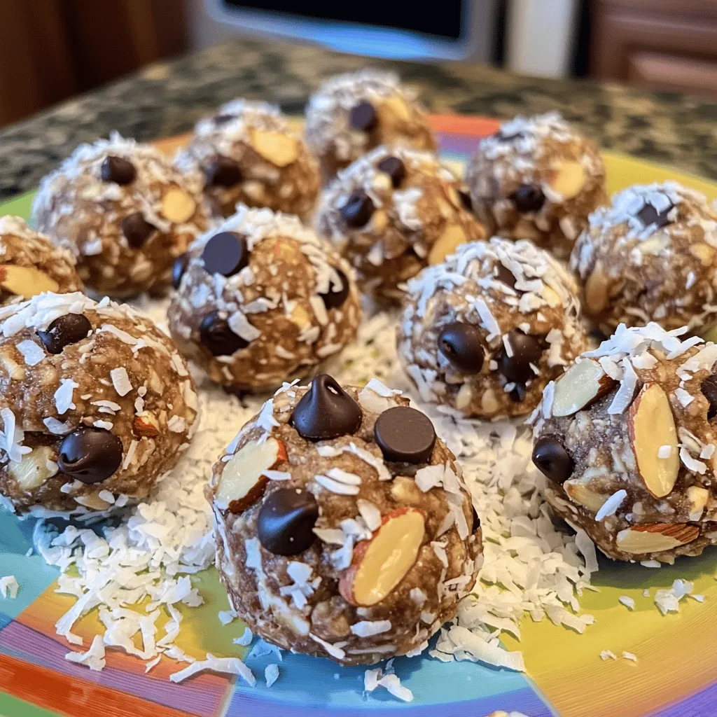 - 1 cup rolled oats - ½ cup almond butter - ½ cup unsweetened shredded coconut - ¼ cup honey or maple syrup - ½ cup dark chocolate chips - ¼ cup chopped almonds - 1 teaspoon vanilla extract - Pinch of sea salt To make these tasty Almond Joy Energy Bites, you need just a few simple ingredients. Each one plays a key role. The rolled oats give a hearty base. Almond butter adds creaminess and healthy fats. Unsweetened shredded coconut brings that signature flavor. You can choose between honey or maple syrup for sweetness. Dark chocolate chips add a rich taste. Chopped almonds give a nice crunch. A dash of vanilla extract enhances the flavor, and a pinch of sea salt balances the sweetness. - Calories per Serving: About 100 calories per bite. - Macronutrient Breakdown: Each bite has protein, healthy fats, and carbs. - Dietary Considerations: These bites are gluten-free. You can make them vegan by using maple syrup. Knowing the nutrition helps you enjoy these bites guilt-free. They are a great snack for busy days. Plus, they give you energy without the crash. For the full recipe, check out the instructions above. Enjoy making your Almond Joy Energy Bites! Gather your ingredients and tools first. You will need: - 1 cup rolled oats - ½ cup almond butter - ½ cup unsweetened shredded coconut - ¼ cup honey or maple syrup - ½ cup dark chocolate chips - ¼ cup chopped almonds - 1 teaspoon vanilla extract - Pinch of sea salt Now, let’s mix the base ingredients. In a large mixing bowl, combine the rolled oats and almond butter. Stir them until they form a thick, chunky paste. This step is key for a great texture. Next, add the unsweetened shredded coconut and your choice of honey or maple syrup. Mix thoroughly. Use a spatula or your hands to ensure everything blends well and gets sticky. Now, let’s add flavors and textures. Fold in the dark chocolate chips, chopped almonds, vanilla extract, and a pinch of sea salt. Stir well to spread the ingredients evenly throughout the mix. Time to shape the energy bites! Scoop out about a tablespoon of the mixture. Roll it into a ball about the size of a golf ball. Place each ball on a parchment-lined baking sheet. Make sure to space them apart. This helps prevent them from sticking together. Now, we need to chill the bites. Place the baking sheet in the refrigerator. Let them chill for at least 30 minutes or until firm to the touch. Once chilled, it’s time to store any leftovers. Transfer them to an airtight container. Keep them in the fridge for up to a week. This way, you can enjoy your tasty and healthy snack whenever you want! For the full recipe, check the details above. Using kitchen tools can make mixing easier. A sturdy spatula works well for blending. If you have a stand mixer, it can save time. Start with the rolled oats and almond butter. Mix until it forms a thick paste. This step is key for a good texture. When adding other ingredients, do it slowly. This helps with even mixing. Use your hands if you prefer. Just make sure to wash them first. Mixing should feel fun and messy! For presentation, use a decorative jar. It makes the bites look special. You can also place them on a colorful platter. A sprinkle of extra chocolate chips adds a nice touch. These bites work great as a snack or a pre-workout boost. Try pairing them with fresh fruit or nuts. They balance well with other healthy snacks. You can also serve them with yogurt for a tasty dip. You can adjust sweetness levels to your taste. If you like it sweeter, add more honey or maple syrup. For less sweetness, use less. Always taste as you mix! Consider alternative ingredients for fun variations. Swap almond butter for peanut or sunflower seed butter. You can add dried fruits like raisins or cranberries, too. This makes your energy bites even more exciting! For the full recipe, check back in the earlier section. Enjoy mixing, serving, and tasting your Almond Joy Energy Bites! {{image_4}} To make nut-free Almond Joy Energy Bites, you can easily replace almond butter. Use sunflower seed butter instead. It has a similar texture and taste. You can also add seeds like pumpkin seeds or sunflower seeds for a nice crunch. Dried fruits, such as raisins or cranberries, can also add natural sweetness and chewiness. You can change the flavor of these bites by adding spices. A pinch of cinnamon gives a warm taste. You might also try cocoa powder for a rich chocolate flavor. For added depth, consider incorporating extracts. Coconut extract will boost the coconut taste, while almond extract can enhance the almond flavor. For vegan Almond Joy Energy Bites, simply replace honey with maple syrup. This keeps the bites sweet and plant-based. If you want a lower sugar option, you can use unsweetened applesauce instead of honey or maple syrup. This will cut down on the sugar while keeping the moisture in your bites. Feel free to get creative with the [Full Recipe]. Each variation adds a new twist to your tasty and healthy snack! For short-term storage, use an airtight container. Glass jars work well and are safe. You can also use plastic containers. Keep them in your fridge to keep them fresh. Almond Joy Energy Bites stay good for up to one week. If you want to save them longer, freezing is a great option. Place the bites in a freezer-safe bag or container. Make sure to label it with the date. You can freeze them for up to three months. For thawing, simply move them to the fridge overnight. They will taste fresh again! Check for any off smells or a change in texture. If they feel dry or hard, it’s time to toss them. Always look for signs of mold, which is a clear sign they are bad. To keep your bites fresh, always use clean hands when serving. You can change flavors and textures easily. Try adding different nuts or seeds. For a tropical twist, mix in dried fruit like mango or pineapple. If you want a crunch, use crispy rice cereal. For extra sweetness, add more honey or maple syrup. You can also swap dark chocolate for milk chocolate or white chocolate. Each change will give you a new taste to enjoy. Yes, you can easily swap ingredients. If you lack almond butter, try peanut butter or sunflower seed butter. Use agave syrup instead of honey or maple syrup if needed. For a nut-free option, skip the chopped almonds. If you want a different texture, use quick oats instead of rolled oats. These changes will keep the bites tasty and fun. These energy bites last about a week in the fridge. Store them in an airtight container to keep them fresh. For longer storage, you can freeze them. In the freezer, they can last up to three months. Just let them thaw in the fridge before eating. Keeping them cold helps maintain their texture and flavor. Yes, Almond Joy Energy Bites are a great snack. They offer healthy fats from almond butter and almonds. The oats provide fiber, which helps with digestion. Dark chocolate gives you antioxidants, making it a smart treat. The energy bites are also easy to make and have no refined sugar. They are perfect for a quick snack or a pre-workout boost. Enjoy them guilt-free! In summary, you learned to make Almond Joy Energy Bites with easy steps. I shared tips for mixing, shaping, and storing your bites. You have many ways to customize flavors, add-ins, and dietary options. These snacks are not only tasty but also nutritious. Enjoy making them for yourself and your loved ones. They can fit into many diets and are great for sharing. Keep experimenting with different ingredients, and have fun with your snacks!
